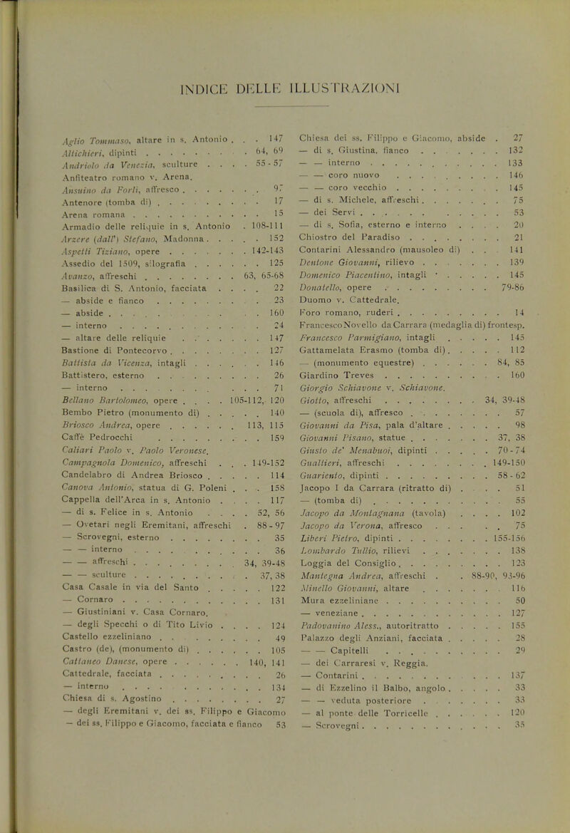 INDICE DKLLK ILLUSTRAZION1 Aglio Tommaso, altare in s. Antonio . . . 147 Altichieri, dipinti 64, 69 Aftdriolo da Vcnezia, sculture . . . . 55-57 Anliteatro rumano v. Arena. Aiisuino da Forli, affresco. 9, Antenore (tomba di) 17 Arena romana 15 Armadio delle reliquie in s. Antonio . 108-111 Arzere (dalV\ Stefano, Madonna. .... 152 Aspetli Tiziano, opere 142-143 Assedio del 1509, silografia 125 Avanzo, alTreschi 63, 65-68 Basilica di S. Antonio, facciata .... 22 — abside e fianco 23 — abside . . 160 — interno 24 — altare delle reliquie 147 Bastione di Pontecorvo 127 Batiista da Vicenza, intagli ...... 146 Battistero, esterno 26 — interno ... 71 Bellano Bartolomeo, opere .... 105-112,. 120 Bembo Pietro (monumento di) . . . . . 140 Briosco Andrea, opere 113, 115 Caffe Pedrocchi 159 Caliari Paolo v. Paolo Veronese. Campagnola Domenico, affreschi . . . 149-152 Candelabro di Andrea Briosco 114 Canova Antonio, statua di G. Poleni ... 158 Cappella dell'Arca in s. Antonio . . . . 117 — di s. Felice in s. Antonio .... 52, 56 — Ovetari negli Eremitani, affreschi . 88-97 — Scrovegni, esterno 35 — — interno 36 affreschi .34, 39-48 sculture ........... 37, 38 Casa Casale in via del Santo ..... 122 — Cornaro 131 — Giustiniani v. Casa Cornaro. — degli Specchi o di Tito Livio .... 124 Castello ezzeliniano . . 49 Castro (cle), (monumento di) 105 Cattaneo Danese, opere 140, 141 Cattedrale, facciata 26 — interno .... 134 Chiesa di s. Agostino 27 — degli Eremitani v. dei ss. Filippo e Giacomo — dei ss. Pilippo e Giacomo, facciata e fianco 53 Chiesa dei ss. Filippo e Giacomo, abside . 27 — di s. Giustina, lianco 132 — — interno 133 — — coro nuovo 146 — — coro vecchio 145 — di s. Michele, affreschi . 75 — dei Servi ....... 53 — di s. Sofia, esterno e interno .... 20 Chiostro del Paradiso 21 Contarini Alessandro (mausoleo di) . . 141 Dentone Giovanni, rilievo 139 Domenico Piacentino, intagli ■ 145 Donatello, opere 79-86 Duomo v. Cattedrale. Foro romano, ruderi 14 FrancescoNovello da Carrara (medaglia di) frontesp. Francesco Parmigiano, intagli ..... 145 Gattamelata Erasmo (tomba di) 112 — (monumento equestre) 84, 85 Giardino Treves 160 Giorgio Schiavone v. Schiavone. Giotto, affreschi 34, 39-48 — (scuola di), affresco 57 Giovanni da Pisa, pala d'altare ..... 98 Giovanni Pisano, statue 37, 38 Giusto de' Menabuoi, dipinti . . . . . 70-74 Gualtieri, affreschi 149-150 Guariento, dipinti 58-62 Jacopo I da Carrara (ritratto di) . . . 51 — (tomba di) 55 Jacopo da Monlagnana (tavola) .... 102 Jacopo da Verona, affresco ... . . 75 Liberi Pietro, dipinti 155-150 Lombardo Tullio, rilievi ....... 13S Loggia del Consiglio 1 23 Mantegna Andrea, affreschi . . 88-90, 93-96 Minello Giovanni, altare lib Mura ezzeliniane 50 — veneziane 127 Padovanino Alcss., autoritratto 155 Palazzo degli Anziani, facciata 2S Capitelli . 29 — dei C.'arraresi v. Reggia. — Contarini 137 — di Ezzelino il Balbo, angolo 33 — — veduta posteriore 33 — al ponte delle Torricelle 120 — Scrovegni 35
