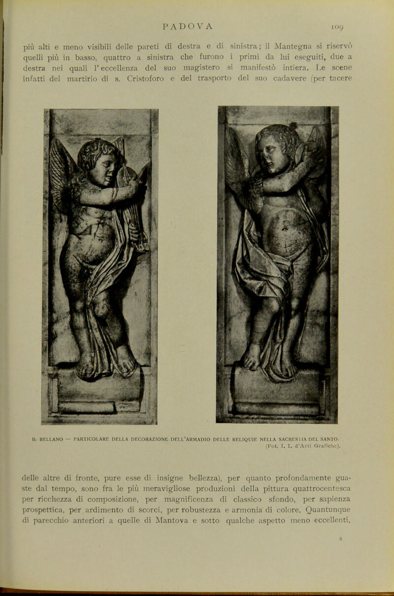 I'ADOVA piu alti e meno visibili delle pareti di destra e di sinistra; il Mantegna si riservo quelli piu in basso, quattro a sinistra che furono i primi da lui eseguiti, due a destra nei quali 1'eccellenza del suo magistero si manifesto intiera. Le scene infatti del martirio di s. Cristoforo e del trasporto del suo cadavere (per tacere B. BELLANO — PARTICOLARE DELLA DECORAZIONE DELL'ARMADIO DELLE RELIQUIE NEI.LA SACRES1IA DEL SANTO. (Fot. I. I. d'Arti Grafichc). delle altre di fronte, pure esse di insigne bellezza), per quanto profondamente gua- ste dal tempo, sono fra le piu meravigliose produzioni della pittura quattrocentesca per ricchezza di composizione, per magnificenza di classico sfondo, per sapienza prospettica, per ardimento di scorci, per robustezza e armonia di colore. Quantunque di parecchio anteriori a quelle di Mantova e sotto qualche aspetto meno eccellenti, s