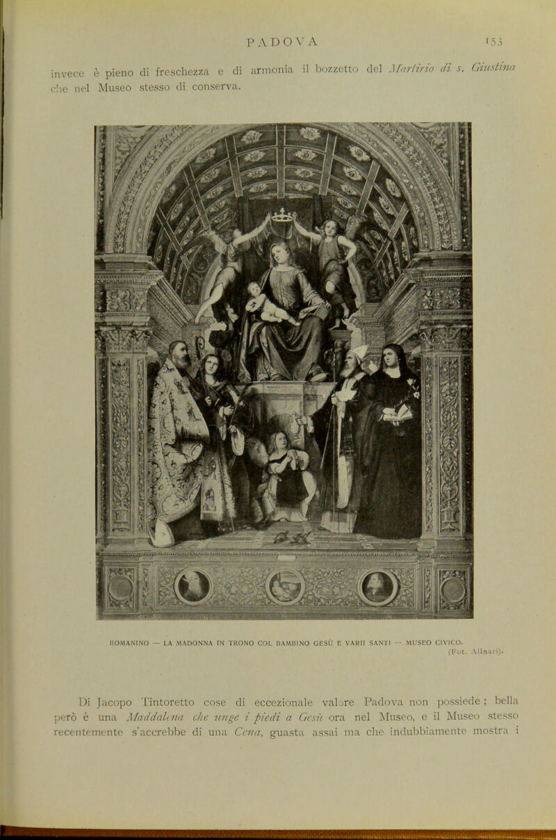 invece e pieno di freschezza e di armonia il bozzetto del Martwio di S, Giustina che nel Museo stesso di conserva. ROMANINO — LA MADONNA IN TRONO COL I1AM111NO GESU E VARII SANTI — MUSEO CIVICO. (Fot. Alinari). Di Jacopo Tintoretto cose di eccezionale valore Padova non possiede; bella pero e una Mciddalena die unge i piedi a. Gesit ora nel Museo, e il Museo stesso recentetnentfe s'accrebbe di una Ccna, guasta assai ma che indubbiamente mostra i