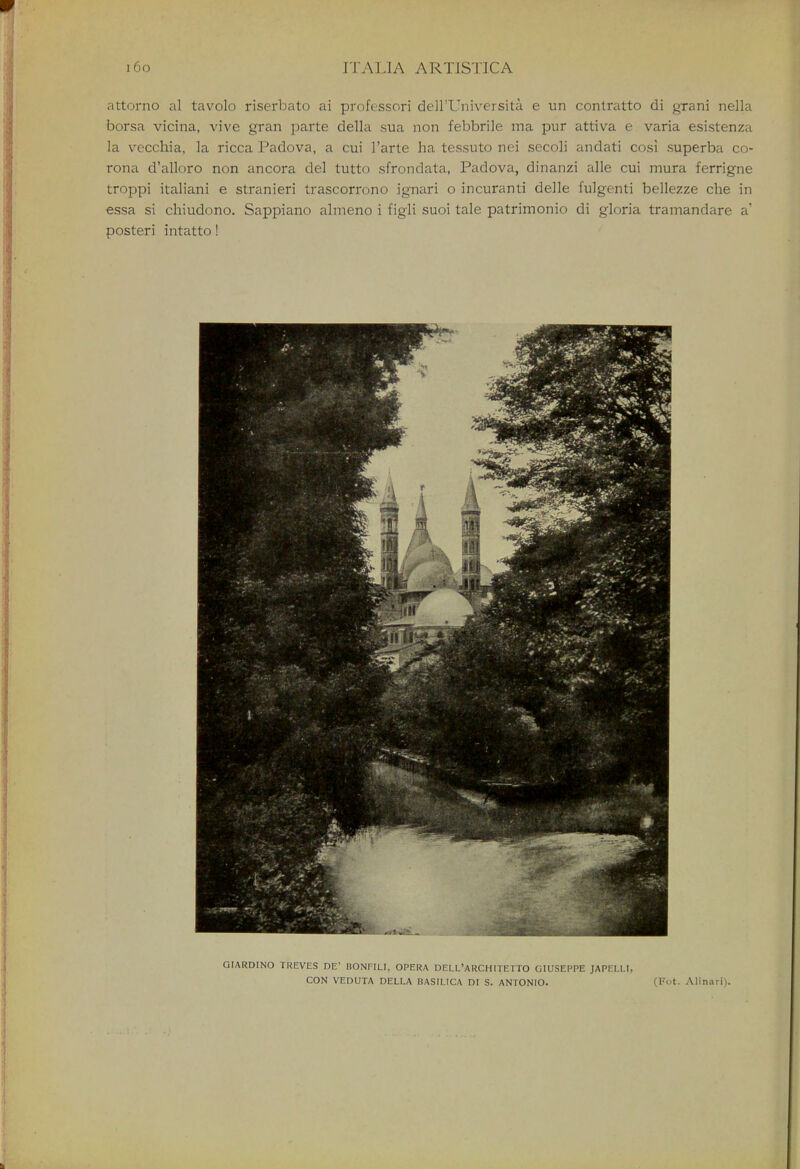 attorno al tavolo riserbato ai professori dell'Universita e un contratto di grani nella borsa vicina, vive gran parte della sua non febbrile ma pur attiva e varia esistenza la vecchia, la ricca Padova, a cui l'arte ha tessuto nei secoli andati cosi superba co- rona d'alloro non ancora del tutto sfrondata, Padova, dinanzi alle cui mura ferrigne troppi italiani e stranieri trascorrono ignari o incuranti delle fulgenti bellezze che in essa si chiudono. Sappiano almeno i figli suoi tale patrimonio di gloria tramandare a' posteri intatto! OIARDINO TREVES DE' BONFILI. OPERA DELL'ARCHITETTO GIUSEPPE JAPELLI, CON VEDUTA DELLA BASILICA DI S. ANTONIO. (Fot. Alinari).