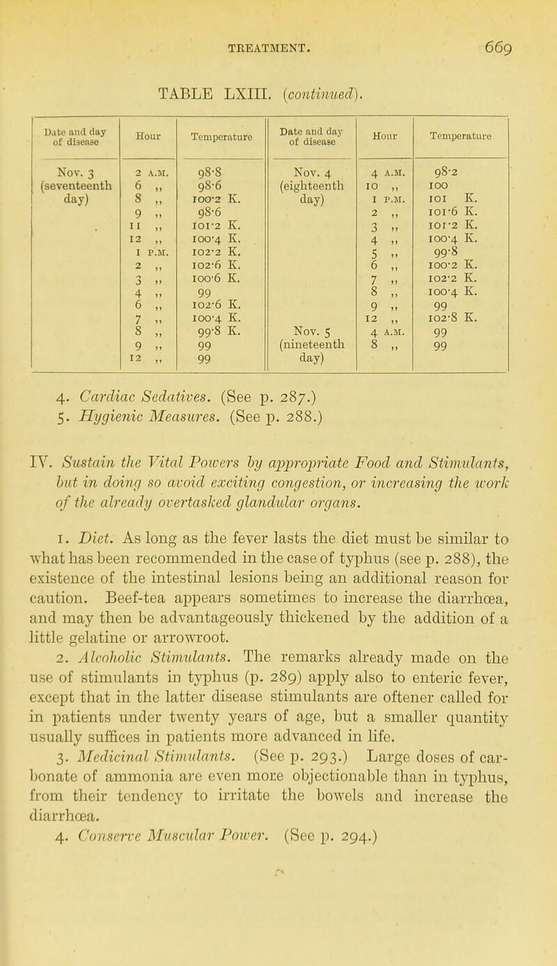 TABLE LXIII. (continued). Date and clay uf disease Hour Temperature of disease Hour Temperature XT Nov. 3 2 A.M. 90 0 XT Nov. 4 4 A.M. (seventeenth f. 90 0 (eighteenth 10 „ 100 day) 9 100*2 Iv. day) I P.M. 1 \J 1 XV » 9 .. 90 0 2 ,, 101*6 K. 11 || 101*2 K. 3 •> 101*2 K. 12 |) 100*4 ^* 4 » 100*4 !***■• I P.M. 102*2 K. 5 » 99*8 2 ,, 102*6 K. 6 „ IOO*2 K. ioo*6 K. 7 102*2 K. 4 .. 99 8 „ 100*4 K. 6 „ 102*6 K. 9 99 7 .. 100*4 K. 12 „ 102*8 K. 8 „ 99*8 K. Nov. 5 4 A.M. 99 9 .. 99 (nineteenth 8 „ 99 12 „ 99 day) 4. Cardiac Sedatives. (See p. 287.) 5. Hygienic Measures. (See p. 288.) IV. Sustain the Vital Powers by appropriate Food and Stimulants, but in doing so avoid exciting congestion, or increasing the work of the already overtasked glandidar organs. 1. Diet. As long as the fever lasts the diet must be similar to what has been recommended in the case of typhus (see p. 288), the existence of the intestinal lesions being an additional reason for caution. Beef-tea appears sometimes to increase the diarrhoea, and may then be advantageously thickened by the addition of a little gelatine or arrowroot. 2. Alcoholic Stimulants. The remarks already made on the use of stimulants in typhus (p. 289) apply also to enteric fever, except that in the latter disease stimulants are oftener called for in patients under twenty years of age, but a smaller quantity usually suffices in patients more advanced in life. 3. Medicinal Stimulants. (See p. 293.) Large doses of car- bonate of ammonia are even more objectionable than in typhus, from their tendency to irritate the bowels and increase the diarrhoea. 4. Conserve Muscidar Power. (See p. 294.)