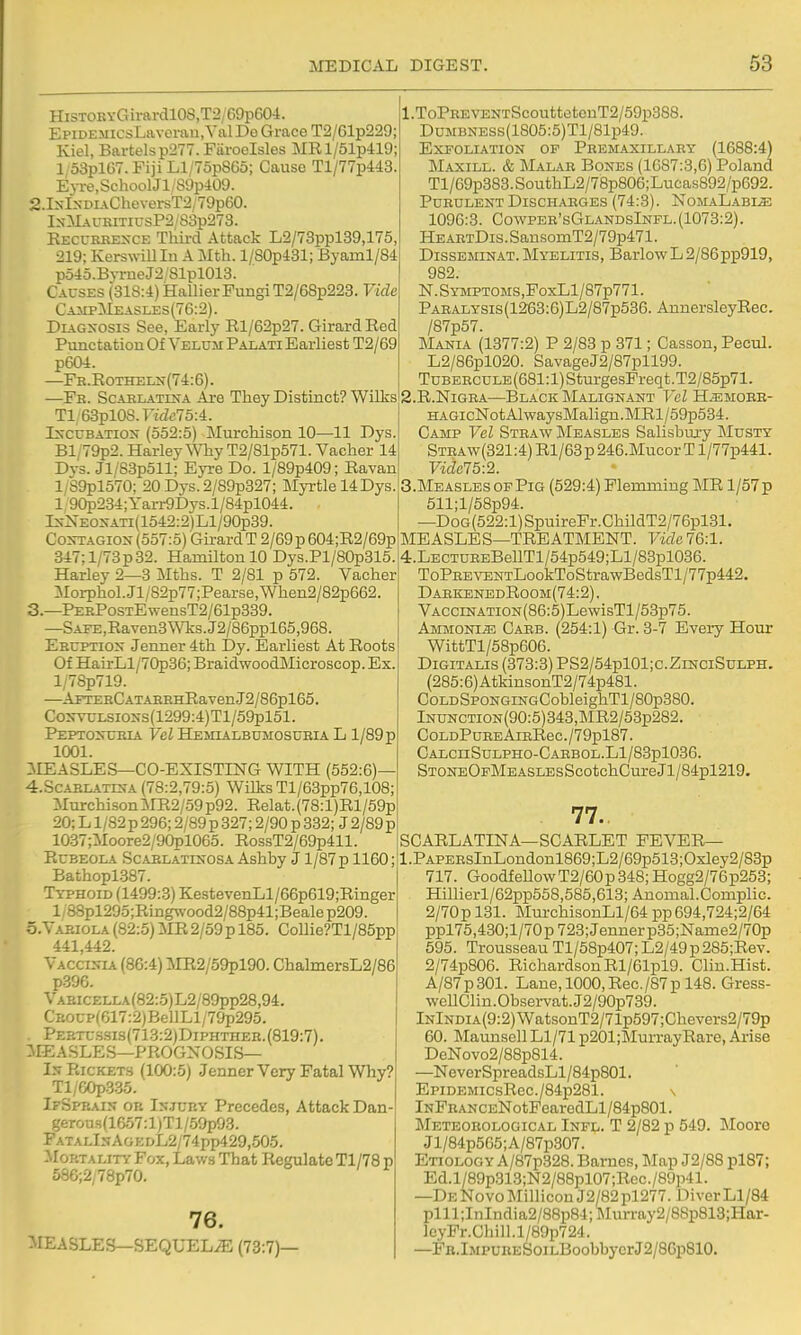 HisTORYGirardlOS,T2/69pG04. Epidemics La verau.Val De Grace T2/61p229: Kiel, Bartelsp277. Fiiroelsles MRl/51p419 1.53plC7.FijiLl/7op865; Cause Tl/77p443 E}Te,SchoolJl;8yp409. 2.IxI><-DiACheversT2,79p60. InMauritiusP2/83p273. Eecukkexce Third Attack L2/73ppl39,175, 219; Kerswillln A Mth. 1/S0p431; Byaml/84 p545.BvrneJ2/81pl018. Causes (318:4) HallierFungi T2/68p223. Vide CaiipMeasles(76:2). Diagnosis See, Early Rl/62p27. GirardEed Punctation Of Velum Palati Earliest T2/69 p604. —Fr.Rothelx(74:6). —Fr. Scarlatina Are They Distinct? Wilks Tl 63plOS.T'iVZc75:4. IxcuBATiON (552:5) Murchison 10—11 Dys. Bl/79p2. Harley Why T2/81p571. Vacher 14 Dvs. Jl/83p511; Eyre Do. l/89p409; Ravan 1/S9pl570; 20Dys.2/89p327; Myrtle 14Dys 1 90p234;Yarr9Dys.l/84pl044. Is-XEOXATi(1542:2)Ll/90p39. Co^-TAGIO^- (557:5) Girard T 2/69 p 604;R2/69p 347;l/73p32. Hamilton 10 Dys.Pl/80p315. Harley 2—3 Mths. T 2/81 p 572. Vacher MorphoI.Jl/82p77;Pearse,When2/82p662. 3.—PERPosTEwensT2/61p339. —SAFE,Raven3Wks.J2/86ppl65,968. Eruption Jenner 4th Dy. Earliest At Roots Of HairLl/70p36; BraidwoodMicroscop. Ex. I;78p719. —AFTEKCATAERHRavenJ2/86pl65. CoNTULSiONS(1299:4)Tl/59pl51. Peptonuria Vel Hemialbumosueia L 1/89 p 1001. MEASLEiS—CO-EXISTING WITH (552:6)— 4.SCAELATINA (78:2,79:5) Wilks Tl/63pp76,108; Murchison ]MR2/59 p92. Relat. (78:1)R1 /59p 20; L1/82p 296; 2/89p327; 2/90 p 332; J2/89p 1037;Moore2/90pl065. RossT2/69p411. Rubeola Scablatinosa Ashby J1/87 p 1160; Bathopl.3B7. Typhoid (1499:3) KestevenLl/66p619;Ringer l/88pl29o;Ringwood2/88p41;Bealep209. o.Vaeiola (82:5) MR 2/59 p 185. Come?Tl/85pp 441,442. Vaccinia (86:4) MR2/59pl90. ChalmerBL2/86 p.396. VAEiCELLA(82:5)L2/89pp28,94. CE0UP(617:2)Bel]Ll/79p295. Peetu.ssi.s(713:2)Diphthee.(819:7). ^lE.ASLES—PROGNOSIS— In Rickets (100:5) Jenner Very Fatal Why? Tl/60p335. IfSprain ok IN.TUKY Precedes, Attack Dan gerous(1657:l)Tl/59p93. PatalInAgedL2/74pp429,505. Mortality Fox, Laws That Regulate Tl/78 p 586;2,7Sp70. 76. MEASLES—SEQUELiE (73:7)— 1. ToPREVENTScouttetcuT2/59p388. DuMBNESs(1805:5)Tl/81p49. Exfoliation of Premaxillary (1688:4) Maxill. & Malar Bones (1687:3,6) Poland Tl/69p383.SouthL2/78p806;Lucas892/p692. Purulent Discharges (74:3). Nom.\Labi.e 1096:3. Cowper'sGlandsInfl.(1073:2). HEAETDis.SansoniT2/79p471. DissEMiNAT. Myelitis, BarlowL2/86pp919, 982. N. SYMPTOMS,FoxLl/87p771. PARALYSis(1263:6)L2/87p536. AnnersleyRec. /87p57. Mania (1377:2) P 2/83 p 371; Casson, Pecul. L2/86pl020. SavageJ2/87pll99. TuBERCULE(681:1) SturgesFreqt. T2/85p71. 2. R.N1GRA—Black Malignant Vel H;emore- HAGicNotAlwaysMalign.MRl/59p534. Camp Vel Straw Measles Salisbury IMusty Straw(321:4) Rl/63p 246.Mucor T l/77p441. Vide75:2. S.Measles of Pig (529:4) Flemming MR l/57p 511;l/58p94. -DoG(522:l)SpuireFr.ChildT2/76pl31. MEASLES—TREATMENT. Vide 76:1. 4.LECTUREBellTl/54p549;Ll/88pl036. ToPREVENTLookToStrawBedsTl/77p442, DaekenedRoom(74:2). VACCiNATiON(86:5)LewisTl/53p75. AMMONi.ffi Cabb. (254:1) Gr. 3-7 Every Hour WittTl/58p606. Digitalis (373:3) PS2/54pl01;c.ZiNCiSuLPH. (285:6)AtkinsonT2/74p481. Cold SpONGiNGCobleighTl/80p380. lNUNCTiON(90:6)343,MR2/53p282. CoLDPuREAiERec./79pl87. CALCIlSULPHO-CARBOL.Ll/83pl036. STONEOpMEASLEsScotchCureJl/84pl219. 77. SCARLATINA—SCARLET FEVER- l.PAPEESInLondonl869;L2/69p513;Oxley2/83p 717. GoodfeUowT2/60p348;Hogg2/76p253; Hillierl/62pp558,585,613; Auomal.Complic. 2/70 p 131. Mui-chisonLl/64 pp694,724;2/64 ppl75,430;l/70p723;Jennerp35;Name2/70p 695. Trousseau Tl/58p407; L2/49p285;Rev. 2/74p806. Richardson Rl/61pl9. Cliu.Hist. A/87p301. Lane, 1000,Rec./87p 148. Gress- weUClin.Observat.J2/90p739. InIndi a(9: 2) WatsonT2/7 lp597;Chevers2/79p 60. Maunsell Ll/71 p201;MurrayRare, Arise DeNovo2/88p814. —NeverSpreadsLl/84p801. BpiDEMicsRec./84p281. s lNFEANCENotFearedLl/84p801. Meteoeological Infl. T 2/82 p 549. Moore Jl/84p565;A/87p307. Etiology A/87p328. Barnes, Map J2/88 pl87; Ed.l/89p313;N2/88pl07;Rec./89p41. -De Novo Millicon J2/82pl277. Diver Ll/84 plll;InIndia2/88p84;Miui-ay2/88p813;Har- lcyPr.Chill.l/89p724. —FE.lMPURESoiLBoobbycrJ2/8Gp810.