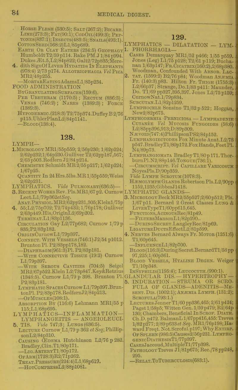 ■ HoBSE Flesh (530:5); Salt (267:2); Bicabb. Lime(273:3); Fat(90:1); CodOil(499:3); Pep- tones(837:1);Insects(483:5);Snails(498:1). CoTTONSEED(568:2)Ll/85p689. Eabth On Clay Eaters (234:5) Geophagy Humboldt T2/59 pll4. Eake PM. J1/84 p994. Dukes iEt.5,L2/84p822; Galt2/72p835;Mere- 4. dith SignOf Livee Hydatids In Elephants (978:4) 2/73 pl74. Allotbiophagl(L Vel Pica MR2/48p255. —MoBTABEATiNGAdarasLl/85p284. FOOD ADMINISTRATION ByGbanulating Subfaces (159:6). Per Ubethram (1170:5); Rectum (886:3); Venas (746:2); Nares (1389:3); Force (1389:3). Hypodeemic.(218:3) T2/75p374.DufieyB2/76 pll5.UhlerPlanL2/84pll41. —Blood(138:4). 128. LYMPH— l.MiCEOLOGYMRl/55p559; 2/56p230; l/62p224; 2/62p232;l/64p230.GulliverT2/62ppl87,567; 2/63 p503.Redfern J2/84 p214. Chemistry Schmidt MR2/55p217; 1/62 p224; l/67p25. Quantity In 24 Hrs.51bs.MRl/55p559;Weiss 2/02p231. LYMPHATICS. Vide Pulmonaey(636:5)— 3. Recent WoBKS Rev. Pls.MRl/67p2. Cumow Lect.Ll/79p362ei!Se2. ANAT.PHYSiOL.MR2/62pp231,305;K:ieinl/75p 4. 55;L2/75p702; T2/74p432; l/76pl78; GuUiver 2/63p449.His,OriginL2/69p202. TERMINAT.Ll/83pll36. Cibculation Gay L2/77p682; Curnow 1/79 p 835;P2/83pl82. OEiGiNCurnowLl/79p397. Connect. With Vessels (746:1) J2/54 pl012. Brunton PI. P2/83ppl78,182. —Di.\PHEAGM(961:3)Pl. P2/83pl81. —With Connective Tissue (19:2) Cumow Ll/79p397. —With Sebous Cavities (704:5) Seigel MR2/67p522.KleinL2/73p847.Key&Retzius (1348:5). Curnow Ll/79p 398. Brunton PI. P2/83pl81. Lymphatic Spaces Curnow Ll/79p397.Brun- tonPl.P2/83pl78.RedfcrnJ2/84p213. —OfMuscles (108:1). Absoeption By (116:6) Lebmaim MRl/55 p 115;Ll/68p695. LYMPHATICS—INFLAMMATION— LYMPHANGEITIS — ANGEIOLEUCI- 5. TIS. ride 747:3; Lungs (636:5). Lectuee Curnow Ll/79 p 362 et Seq; Phillip- sonL2/84p310. Causing GIdema Hutchinson L2/76p282. Bradley,Clin.Tl/80pl71. —LlG.ARTEBYTl/80pl72. OFAEM(1728:3)R2/71p262. TBEAT.PBESSUBE(224:4)Ll/68p619. —HoTCoMPBESsL2/88pl081. 129. LYMPHATICS — DILATATION — LYM- 1. PHORRHAGIA— Cases Demarquay MRl/52 p466; 1/55 p559. Jones (Leg) Ll/76 pl28; T2/61 p 119; Bucha- nan l/63pl47;FB.CiCATRix(lG0:2),2/68p380. Woodman, Confounded With Abnok. Lac- 2. TAT. (1599:2) B2/76p84; Woodman Ak.tmia Fr. (140:3).p83. Hilton Fr. Thigh (1755:3) L2/66p37; Strange, Do.1/83 p411: Maunder, Do. Tl/69 pp327,395,397. Jones L2/75pl59: Curno wNat. l/79p8.34. SuBCUTAN.Ll/82pl259. Lymphocele Sonsino Tl/82p522; Hoggan, New2/82p675. Lymphodebmia Pebniciosa — Lymphadenie CuTANEE Vel Mycosis Fungoides (58:6) L2/85pp396,913;D/89p309. N^voiD(747:4)Phi]lipsonPS2/84pl52. Lymphangiectodes Pox Minute Anat.L2/78 p547.BradIeyTl/80pl72.Fox Hands.Feet PI, N4/89p73. Lymphangiosiata Bradley Tl/80p 171. Thor- bumPl.N2/88pl46.ToNGUE(736:l). —CiRCUMSCBiPT. Vel Capillare Varicosum NoyesPls.D/90p359. Vide Lymph Scrotum (1078:3). H;emolymph Glands Robertson Pis.L2/90pp • 1152,1235;GibbesJ1418. LYMPHATIC GLANDS— 3. MiCBOLOGY Beck MR2/55p527;2/60p512; Pis. 1/67 pll. Bernard 2 Great Classes Lung & LiVERTypeTl/60pp615,645. FuNCTioNS,AciNousRec/81p49. —FiLTEBsMansouLl/82p290.. —DuEiNGSECRETLanglcyRec/81p69. LiGATUEEDucTsEfEectL2/81p599. 4. Neeves Bernard Always Fr. Motoe (1251:6) Tl/60p645. —lNFLUENCELl/82p700. BLOOD(116:3)DuringSecret.BemardTl/58pp 97,225;l/60p361. Blood Vessels, Hyaline Degen. Weiger Tl/10p348. InSyphilis(1195:4); Leucocyth.(990:1). GLANDULAR DIS. — HYPERTROPHY — 5. INDURATION — STRUMA OR SCRO- FULA OF GLANDS—ADENITIS—Me- SENT. Dis. (1002:1); Anemia Lymph. (131:2); Scbofula(793:1.) Lectuees Jenuer Tl/60 pp336,465; 2/61 p424; Paget l/58p5; Witten Gen. 1/59p479; R2,64p 130; Chambers, Beneficial InScBOF. Di.\th. Ch.D. p472. BalmanL l/67pp416,455: Treves l/82p277; 2/89p633e< Seq. ]\rRl/76pl9S; Ha- ward Freqt. Not. Scroful .pl97; Why Extibp. Of Spleen (986:5)Causes2/56p231. Lympho- GENicDiATHEsisTl/77p397. CASEsJaccoud,MultipleTl/77p398. Pathology Treves Jl/81p675; Rec./78pp248, 295. —Relat.ToTobebculosis(683:1).