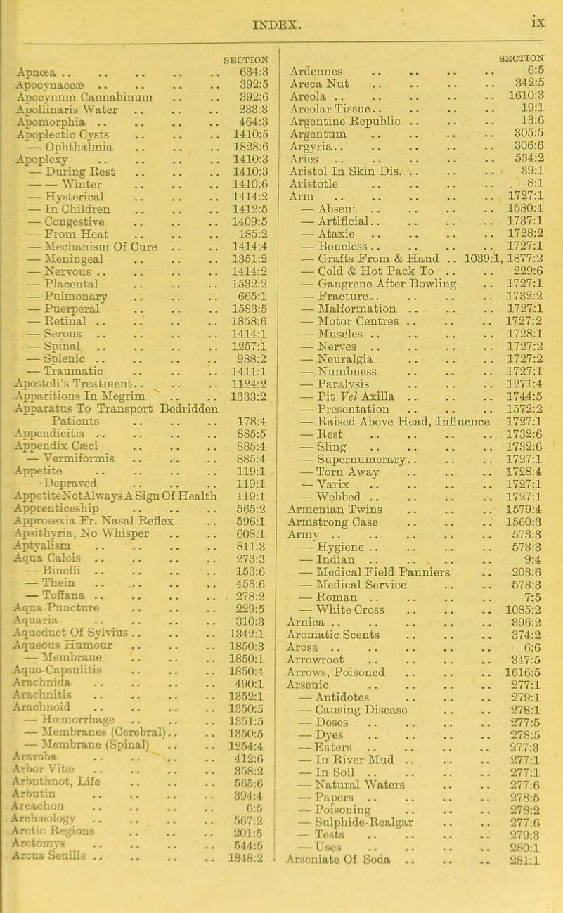 SECTION ApncEa .. .. G31:3 ApocynacesB .. .. .. .. 392:5 Apocvnum Cannabimim .. .. 392:G ApoUmaris Water 233:3 Apomorphia ,. .. .. .. 464:3 Apoplectic Cysts .. .. .. 1410:5 — Ophthalmia 1828:6 Apoplexy 1410:3 — During Eest 1410:3 Wiuter 1410:6 — Hysterical 1414:2 — In ChUdren 1412:5 — Congestive .. .. .. 1409:5 — From Heat 185:2 —■ Mechanism Of Cure .. .. 1414:4 — Meningeal .. .. .. 1351:2 — Xervous .. .. .. .. 1414:2 — Placental 1532:2 — Pulmonary .. .. .. 665:1 — Puerperal 1583:5 — Eetinal 1858:6 — Serous .. .. .. .. 1414:1 — Spinal 1257:1 — Splenic 988:2 — Traumatic .. .. .. 1411:1 Apostoli's Treatment.. ^ .. .. 1124:2 Apparitions In Megrim ^ .. .. 1833:2 Apparatus To Transport Bedridden Patients .. .. .. 178:4 Appendicitis .. .. .. .. 885:5 Appendix Cffici .. .. .. 885:4 ■— Yermiformis .. .. .. 885:4 Appetite 119:1 — Depraved .. .. .. 119:1 AppetiteXotAlways A Sign Of Health 119:1 Apprenticeship .. .. .. 565:2 Approsexia Fr. Nasal Reflex .. 596:1 Apsithyria, Xo Whisper .. .. 608:1 Aptyalism 811:3 Aqua Calcis .. .. .. .. 273:3 — Binelli 153:6 — Thein .. 453:6 — Toffana 278:2 Aqua-Puncture .. .. .. 229:5 Aquaria 310:3 Aqueduct Of Sylvius .. .. .. 1342:1 Aqueous Humour .. .. .. 1850:3 — Membrane 1850:1 Aquo-Capsulitis .. .. .. 1850:4 Arachnida .. .. .. .. 490:1 .Arachnitis .. .. .. .. 1352:1 .Arachnoid .. .. .. .. 1350:5 — Hternorrhage .. .. .. 1351:5 — MemVjranes (Cerebral).. .. 1350:5 — Membrane (Spinal) .. .. 1254:4 Araroba .. .. .. .. 412:0 Arbor Vit?c .. .. .. .. 358:2 Arbuthnot, Life .. .. .. 565:6 Arbutin .. .. .. .. 394:4 Arcachon .. .. .. .. q-^ Archajology .. .. .. .. 567:2 Arctic Regions .. .. .. 201:5 Arctomys .. .. .. .. 544:5 Arcus Senilis 1818:2 i SECTION Ardennes .. .. .. .. 6:5 Areca Nut 342:5 Areola 1610:3 Areolar Tissue.. .. .. .. 19:1 Argentine Republic .. .. .. 13:6 Argontum .. .. .. .. 305:5 Argyria.. .. .. .. •• 306:6 Aries 634:2 Aristol In Skin Dis 39:1 Aristotle .. .. .. .. 8:1 Arm 1727:1 — Absent 1580:4 — Artificial 1737:1 — Ataxie 1728:2 — Boneless 1727:1 — Grafts From & Hand .. 1039:1, 1877:2 — Cold & Hot Pack To .. .. 229:6 — Gangrene After Bowling .. 1727:1 — Fracture 1732:2 — Malformation 1727:1 — Motor Centres 1727:2 — Musdles 1728:1 — Nerves 1727:2 — Neuralgia 1727:2 — Numbness 1727:1 — Paralysis 1271:4 — Pit Yd Axilla 1744:5 — Presentation 1572:2 — Raised Above Head, Influence 1727:1 — Rest 1732:6 — Sling 1732:6 — Supernumerary.. .. .. 1727:1 — Torn Away 1728:4 — Varix 1727:1 — Webbed 1727:1 Armenian Twins .. .. .. 1579:4 Armstrong Case .. .. .. 1560:8 Army 678:3 — Hygiene .. .. .. .. 573:3 — Indian .. .. .. .. 9:4 — Medical Field Panniers .. 203:6 — Medical Service .. .. 573:3 — Roman .. .. .. .. 7:5 — White Cross 1085:2 Arnica 396:2 Aromatic Scents .. .. .. 374:2 Arosa .. .. .. .. .. 6:6 Arrowroot .. .. .. .. 347:5 Arrows, Poisoned .. .. .. 1616:5 Arsenic 277:1 — Antidotes .. .. .. 279:1 — Causing Disease .. .. 278:1 — Doses 277:5 — Dyes 278:5 — Eaters 277:3 — In River Mud 277:1 — In Soil 277:1 — Natural Waters .. .. 277:6 — Papers 278:6 — Poisoning .. .. .. 278:2 — Sulphide-Realgar .. .. 277:6 — Tests 279:3 — Uses 280:1 Arscniate Of Soda 281:1