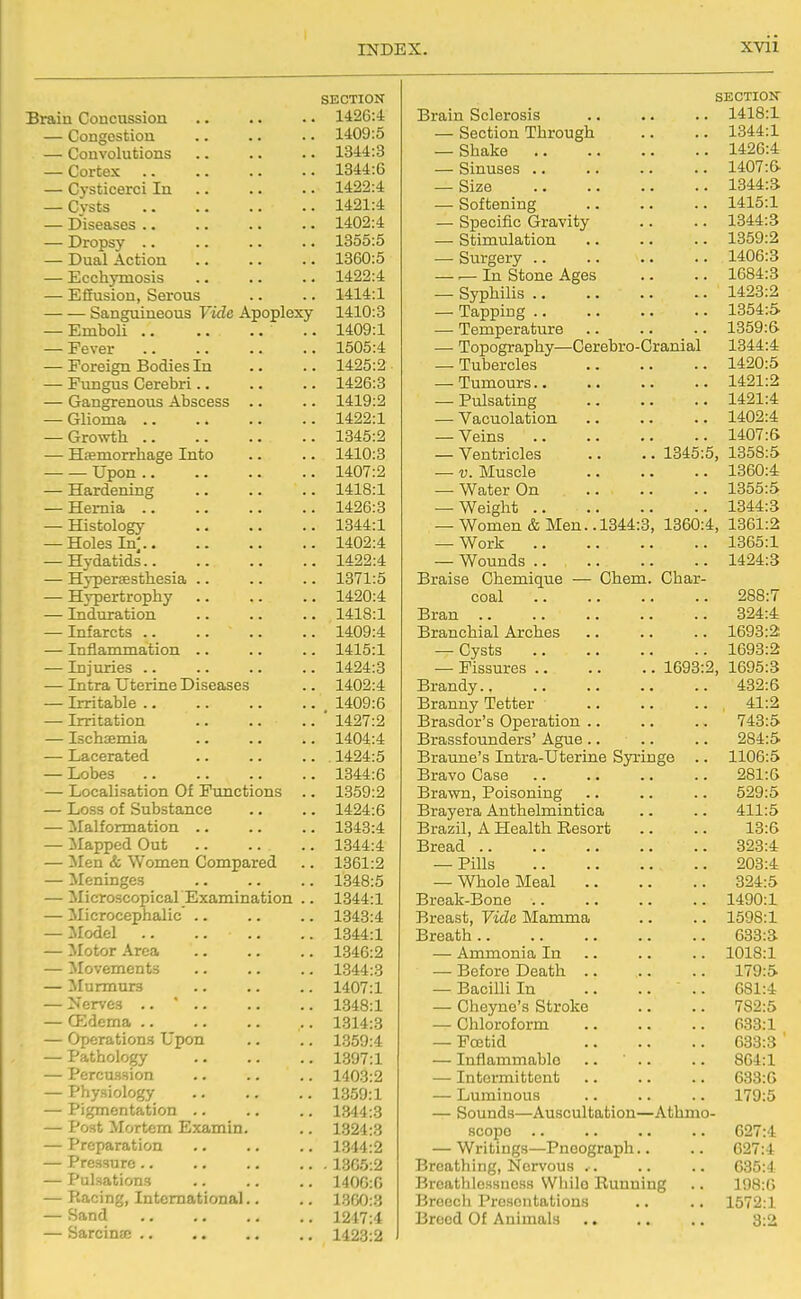 SECTION Brain Concussion .. .. .. 1426:4 — Congestion 1409:5 — Convolutions .. .. .. 1344:3 — Cortex 1344:6 — Cysticerci In 1422:4 — Cvsts 1421:4 — Diseases 1402:4 — Dropsy .. .. .. .. 1355:5 — Dual Action 1360:5 — Ecchymosis 1422:4 — Effusion, Serous .. .. 1414:1 Sanguineous Vide Apoplexy 1410:3 — Emboli .. .. .. .. 1409:1 — Fever 1505:4 — Foreign Bodies In .. .. 1425:2 — Fungus Cerebri.. .. .. 1426:3 — Gangrenous Abscess .. .. 1419:2 — Glioma 1422:1 — Growth 1345:2 — Heemorrhage Into .. .. 1410:3 Upon 1407:2 — Hardening .. .. .. 1418:1 — Hernia 1426:3 — Histology 1344:1 — Holes In' 1402:4 — Hydatids 1422:4 — Hyperffisthesia .. .. .. 1371:5 — Hypertrophy .. .. .. 1420:4 — Induration .. .. .. 1418:1 — Infarcts 1409:4 — Inflammation .. .. .. 1415:1 — Injviries .. .. .. .. 1424:3 — Intra Uterine Diseases .. 1402:4 — IiTitable 1409:6 — Irritation ' 1427:2 — Ischsemia .. .. .. 1404:4 — Lacerated .. .. .. 1424:5 — Lobes 1344:6 — Localisation Of Functions .. 1359:2 — Loss of Substance .. .. 1424:6 — Malformation 1343:4 — Mapped Out 1344:4 — :Men & Women Compared .. 1361:2 — :Meninges 1348:5 — Microscopical Examination .. 1344:1 — Microcephalic .. .. .. 1343:4 — Model 1344:1 — Motor Area 1346:2 — Movements .. .. .. 1344:3 — ^Murmurs 1407:1 — Nerves .. 1348:1 — ffidema .. 1314:3 — Operations Upon .. .. 1359:4 — Pathology 1397:1 — Percussion .. .. .. 1403:2 — Physiology 1359:1 — Pigmentation .. .. .. 1344:3 — Post Mortem Examin. .. 1324:3 — Preparation 1344:2 — Pressure .. .. .. ... 1305:2 — Pulrsations .. .. .. 140G:G — Racing, International.. .. 13(X):3 — Sand 1217:4 — Sarcinm 1423:2 SECTION Brain Sclerosis 1418:1 — Section Through .. .. 1344:1 — Shake 1426:4 — Sinuses 1407:6- — Size 1344:S — Softening 1415:1 — Specific Gravity .. .. 1344:3 — Stimulation 1359:2 — Surgery 1406:3 — — In Stone Ages .. .. 1684:3 — Syphilis 1423:2 — Tapping 1354:5 — Temperature .. .. -. 1359:6- — Topography—Cerehro-Cranial 1344:4 — Tubercles 1420:5 — Tumours 1421:2 — Pulsating 1421:4 — Vacuolation 1402:4 — Veins 1407:6 — Ventricles .. .. 1345:5, 1358:5 — V. Muscle 1360:4 — Water On 1355:5 — Weight 1344:3 — Women & Men. .1344:3, 1360:4, 1361:2 — Work 1365:1 — Wounds 1424:3 Braise Chemique — Chem. Char- coal 288:7 Bran 324:4 Branchial Arches .. .. .. 1693:2; — Cysts 1693:2 — Fissures 1693:2, 1695:3 Brandy 432:6 Branny Tetter , 41:2 Brasdor's Operation .. .. .. 743:5 Brassfounders' Ague .. .. .. 284:5 Braune's Intra-Uterine Syringe .. 1106:5 Bravo Case .. .. .. .. 281:6 Brawn, Poisoning .. .. .. 529:5 Brayera Anthelmintica .. .. 411:5 Brazil, A Health Resort .. .. 13:6 Bread 323:4 — Pills 203:4 — Whole Meal 324:5 Break-Bone 1490:1 Breast, Vida Mamma .. .. 1598:1 Breath 633:a — Ammonia In .. .. .. 1018:1 — Before Death 179:5 — Bacilli In 681:4 — Cheyne's Stroke .. .. 782:5 — Chloroform 033:1 — Foetid 033:3 ' — Inflammable .. ' .. .. 804:1 — Intermittent 633:6 — Luminous .. .. .. 179:5 — Sounds—Auscultation—Athmo- scopo .. .. .. .. 627:4 — Writings—Pneograph.. .. 027:4 Breathing, Nervous . . .. .. 035:4 Breathlcssness VVliilo Running .. 198:0 Breech Presentations .. .. 1572:1 Breed Of Animals 3:2