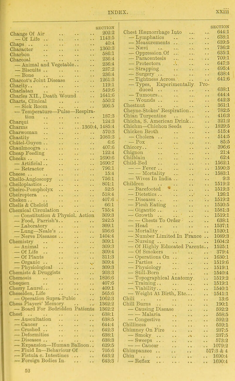 SECTION Change Of Air 202:2 — Of Life 1143:5 Chaps 40:4 Character 1360:3 Charbou 586:1 Charcoal 236:4 — Animal and Vegetable.. .. 236:4 — Biscuits 237:2 _ Bone 236:4 Charcot's Joint Disease .. .. 1261:3 Charity 119:1 Charlatan 549:6 Charles XH., Death Woimd .. 1641:6 Charts, Clinical 550:2 — Sick Room 206:5 — Temperature—Pulse—Respira- tion .. .. .. .. 187:3 Charqui 124:3 Charms 1360:4, 1485:4 Charwoman .. .. .. .. 570:3 Chastity 1085:3 Chatel-Guyon 6:6 Chaulmoogra .. .. .. .. 407:6 Cheap Feeding 122:4 Cheeks 1690:6 — Artificial 1690:7 — Retractor 796:1 Cheese 15:4 Cheilo-Angioscopy .. .. .. 756:1 Cheiloplastics 801:1 Cheiro-Pompholyx .. .. .. 52:5 Cheiroptera 518:4 Cheken 407:6 Chelis & Cheloid 66:1 Chemical Circulation .. .. 755:4 — Constitution & Physiol. Action 309:3 — Food, Parrish's.. .. .. 242:5 — Laboratory .. .. .. 309:1 — Lung—Neale's .. .. .. 256:6 — Nerve Diseases .. .. .. 1404:4 Chemistry 309:1 — Animal 309:3 — Of Life 309:4 — Of Plants 311:3 — Organic 309:4 — Physiological 309:3 Chemists & Druggists .. .. 203:3 Chemosis 1826:6 Chequen .. .. .. .. 407:6 Cherry Laurel .. .. 409:1 Cheselden, Life .. .. .. 565:6 — Operation Supra-Pubic .. 1062:3 Chess Player-i' Memory .. .. 1362:2 — Board For Bedridden Patients 1362:2 Chest 638:1 — Au.HCultation .. .. .. 638:5 — Cancer .. .. .. .. 644:4 — Crushed 642:3 — Deformities 638:1 — Dineases 038:3 — Expansion—Human Balloon.. 029:5 — Fluid In—Behaviour Of .. 705:6 — Fistula c. Intestines .. .. 043:2 — Foreign Bodies In 04.3:3 SECTION Chest Hoemorrhage Into 644:1 — Lymphatics .. .. .. 638:1 — Measurements .. .. .. 639:5 — Nffivi .. 736:2 — Oppression Of .. .. .. 635:1 — Paracentesis .. .. .. 709:1 — Protectors .. .. .. 647:3 — Strapping .. .. .. 695:4 — Surgery .. 638:4 — Tightness Across .. .. 641:6 — Types, Experimentally Pro- duced 638:1 — Tumours 644:4 — Wounds 642:3 Chestnut 361:1 Cheyne-Stokes'Respiration.. .. 782:5 Chian Tvirpentine .. .. .. 416:3 Chicha, S. American Drink.. .. 321:2 Chichm—Chichou Seeds .. .. 1829:5 Chicken Broth 515:4 — Cholera 514:5 — Pox 85:5 Chicory 396:6 Chignon 21:4 Chilblain 62:4 Child-Bed .. 1562:1 Fever.. 1590:3 Mortality .. .. .. 1583:1 — Wives In India 9:3 Children 1519:2 — Barefooted 1519:3 ' — Dietetics 126:1 — Diseases .. .. .. .. 1519:2 — Flesh Eating 1520:5 — Gigantic 1581:3 — Growth .. .. 1519:1 Chests To Order .. .. 638:1 — Head 1537:1 — Mortality 1520:1 — Number Limited In France .. 1089:3 — Nursing 1604:2 — Of Highly Educated Parents.. 1525:1 — Of Smokers 379:4 — Operations On 1630:1 — Parties .. .. .. .. 1519:6 — Physiology 1519:1 — Still-Born 1540:4 — Topographical Anatomy. .. 1519:2 — Training .. 1519:1 — Viability .. 1540:1 — Weight At Birth, Etc 1541:1 Chili 13:6 Chill Burns 190:1 — Causing Disease .. .. 592:2 Malaria .. .. .. 558:5 — Congestive 592:2 Chilliness 559:1 Chimney On Firo 237:5 — Smoky •. .. 237:5 — Sweeps .. .. .. .. 573:2 Cancor 1079:2 Chimpanzee .. .. .. 517:3 & 4 Chin 1690:4 — Reflex 1690:4 52