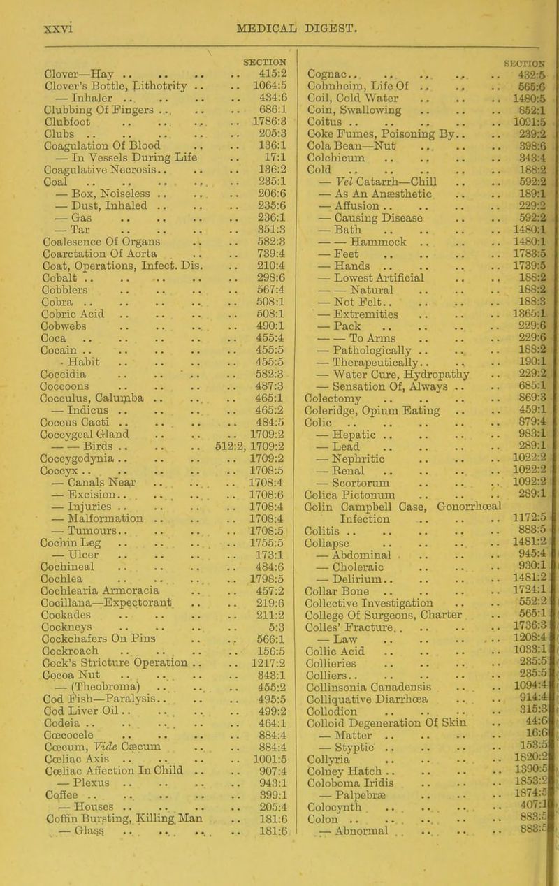 SECTION Clover's Bottle, Jjithotrity .. .. 1064:5 — Inhaler .. 434:6 Clubbing Of Fingers ... 686:1 Clubfoot .. ... .,, .. 1786:3 Clubs 205:3 Coagulation Of Blood 186:1 — In Vessels During Life 17:1 Coagulative Necrosis.. 136:2 Coal .. .. .. .,. 235:1 — Box, Noiseless .. 206:6 — Dust, Inhaled .. 235:6 — Gas 236:1 — Tar 351:3 Coalesence Of Organs 582:3 Coarctation Of Aorta 739:4 Coat, Operations, Infect. Dis. 210:4 Cobalt 298:6 Cobblers 667:4 Cobra .. 508:1 Cobric Acid 508:1 Cobwebs 490:1 Coca 455:4 Cocain .. 455:5 . Habit 455:5 Coccidia .. .. .. 582:3 Cocculus, Calu:ijiba .. .... 465:1 — Indicus .. 465:2 Coccus Cacti .. .. 484:5 Coccygeal Gland .. 1709:2 Birds 612:2, 1709:2 Coccygodynia .. .. 1709:2 .. 1708:5 — Canals Near .. 1708:4 — Excision.. .. .. 1708:6 — Injuries .. .. 1708:4 — Malformation .. .. 1708:4 — Tumours.. .. 1708:5 Cochin Leg .. .. .. 1755:5 — Ulcer 178:1 Cochineal 484:6 Cochlea .. 1798:5 Cochlearia Armoracia 457:2 Cocillaua—Expectorant 219:6 Cockades 211:2 5:3 Cockchafers On Pins 566:1 Cockroach 156:5 Cock's Stricture Operation .. .. 1217:2 Cocoa Nut 348:1 — (Theobroma) 455:2 Cod Pish—Paralysis.. 495:5 Cod Liver Oil.. ... 499:2 Codeia .. .. ... 464:1 884:4 Ccecum, Vide Csecum 884:4 Coeliac Axis .. ... .. 1001:5 Cceliac Affection In Child .. 907:4 — Plexus .. 948:1 Coffee .. .. 399:1 — Houses .. 205:4 Coffin Bursting, Killing Man .. 181:6 — Glass. .. .... ... .. 181:6 SECTION Cognac. ., .. .. 432:5 Cohnheira, Life Of .. .. .. 665:6 Coil, Cold Water 1480:5 Coin, Swallowing 852:1 Coitus 1091:5 Coke Fumes, Poisoning By.. .. 239:2 Cola Bean—Nut 398:6 Colchicum 343:4 Cold 188:2 — Vel Catarrh—Chill .. .. 592:2 — As An Anaesthetic .. .. 189:1 — Affusion 229:2 — Causing Disease .. .. 592:2 — Bath 1480:1 Hammock 1480:1 — Feet 1783:5 — Hands 1739:5 — Lowest Artificial .. .. 188:2 Natural 188:2 — Not Felt 188:3 — Extremities .. .. .. 1305:1 — Pack 229:6 To Arms 229:6 — Pathologically 188:2 — Therapeutically 190:1 — Water Cure, Hydropathy .. 229:2 — Sensation Of, Always .. .. 685:1 Colectomy 869:3 Coleridge, Opium Eating .. .. 459:1 Colic 879:4 — Hepatic 983:1 — Lead 289:1 — Nephritic 1022:2 — Renal 1022:2 — Scortorum 1092:2 Colica Pictonum 289:1 Colin Campbell Case, Gonorrhceal Infection 1172:5 Colitis 883:5 Collapse 1481:2 — Abdominal 945:4 — Choleraic 930:1 — Delirium 1481:2 Collar Bone 1724:1 Collective Investigation .. .. 552:2 College Of Surgeons, Charter .. 565:1 Colles' Fracture. 1736:3 — Law 120S:4 Collie Acid 1033:1 Collieries .. .. • - • • 235:5 Colliers.. .. .. • - • - 235:5 Collinsonia Canadensis .. .. 1094:4 Colliquative Diarrhoea .. • • 914:4 Collodion 315:3 Colloid Degeneration Of Skin .. 44:6 — Matter 16:6 — Styptic 153:a Collyria 1820:2 Coluey Hatch 1390:5 Coloboma Iridis .. • • . • 1853:2 — Palpebrae 1874:J ColocjTith ■■ 407:3 Colon .. .. : ... .. . - 883:c — Abnormal . .. ... .. 883:f