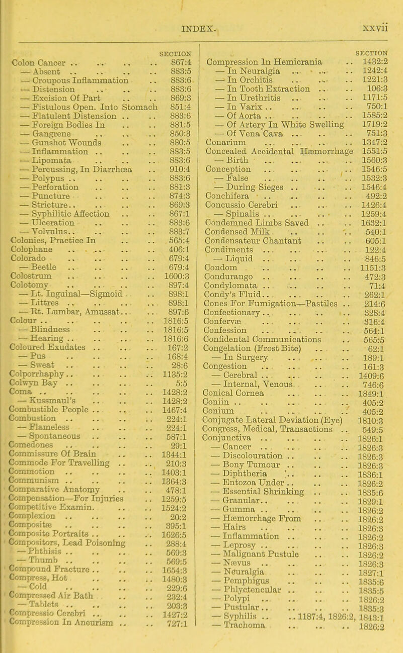 SECTION Colon Cancer 867:4 — Absent 883:5 — Croupous Inflammation .. 883:6 — Distension .. .. .. 883:6 — Excision Of Part .. .. 869:3 — Fistulous Open. Into Stomacli 851:4 — Flatulent Distension .. .. 883:6 — Foreign Bodies In .. .. 881:5 — Gangrene .. .. .. 850:3 — Gunshot Wounds .. .. 880:5 — Inflammation .. .. .. 883:5 — Lipomata .. .. .. 883:6 — Percussing, In Diarrhoea .. 910:4 — Polypus 883:6 — Perforation 881:3 — Pimcture 874:3 — Stricture 869:3 — Syphilitic Afiection .. .. 867:1 — Ulceration .. .. .. 883:6 — Volwdus 883:7 Colonies, Practice In .. .. 565:4 Colophane .. .. 406:1 Colorado .. .. .. .. 679:4 — Beetle 679:4 Colostrum 1600:3 Colotomy .. .. .. .. 897:4 — Lt. Inguinal—Sigmoid . .. 898:1 — Littres .. 898:1 — Rt. Lumbar, Amussat.. .. 897:6 Colour 1816:5 — Blindness 1816:5 — Hearing 1816:6 Coloured Exudates .. .. .. 167:2 — Pus 168:4 — Sweat 28:6 Colporrhaphy 1135:2 Colwyn Bay .. .. .. .. 5:5 Coma 1428:2 — Kussmaul's 1428:2 Combustible People .. .. .. 1467:4 Combustion .. .. .. .. 224:1 — Flameless 224:1 — Spontaneous .. .. .. 587:1 Comedones .. 29:1 Commissure Of Brain .. .. 1344:1 Commode For Travelling .. .. 210:3 Commotion 1403:1 Communism .. .. .. .. 1364:3 Comparative Anatomy .. .. 478:1 Compensation—For Injuries .. 1259:5 Competitive Examin. .. .. 1524:2 Complexion 20:2 Composite 395:1 Composite Portraits 1626:5 Compositors, Lead Poisoning .. 288:4 — Phthisis 509:3 — Thumb 5G9:5 Compound Fracture 1654:3 Compress, Hot 1480:3 — Ccld 229:6 Compressed Air Bath .. .. 232:4 — Tablets 203:3 Cornpressio Cerebri .. .. .. 1427:2 Compression In Aneurism ., .. 727:1 oiljUl LLliN uoinprcssioii jlii ij.eiiiicrcLniui — In Neursdgia • — xn wrcniLis .. ■ 1991 — in looiiii jiiXtraiCtion XUD.O — In Urethritis XX / X.O — xn V tirix .. .. 1 o\j,±. — ui Aorca .. — \jx. uciy xn vvmutJ owtjiiiu^ 1 71 Q-9 — Of Vena Cava - • ■ 7*^1 -Q vjuudinuxn ... ., ■ 1 Q4.7.9 Concealed Accidental HsBniorrliage XOt>X.O — 1511 un ... ... ,». XODU.O (inn r>onf^i rm V^UlIiyC^JuKJU .<■ 1 ^d.f\-^ — X! aise ... .. .. — During Sieges .. .. 1 KAt^-^ XOio.i ooncniiera •. •. AOO-O vjuncussxo ^jereuri • • - . 1 AOP.-/i XttZD.^fc si Til n ti 11 c . p 1 O^Q-A oontiemneQ xjimus oaveQ .. L>onu.enbeci i>xiiiv . • .. V^UUUollaeb UJ. KJJ-laLlLatLLu ■ • • • DuJ.X (Inn ft 1 m o^T^c 1 99'zt — Iji<][iiid .. \_/ J-l'J.V-'XJ.X *• 1 1 'SI OOUtlLllclLlgO . . . . • . A lO-O Condylomata .. .. .. / 1.4: v_/onu.y s x! iuiq .. ... donpc; R'ni* TTmnio'fl.'f.irin T^nQfjilpQ vyuiJ.C'O J- KJx. JJ i^n^iiitJi y—. J, CbOUXtlCo ■ ■ 914'A 1 :r^n Tfir>Ti /tit n v*tt Q9Q-/1 0^0.4: VJLfJ-IJ-CX VOC •* Q1 fK'A oonicbbion , . .... .. .. odI.I Confidental Communications .. odo:o oongeiauion ixirosu xjiTjei bA.x — xn ourgery. ... .. ,, 1 00.1 xby:i VjUXlgcablUlI ■*. JLolIo (^OVO rtVQ 1 VJtJlcUlojl >. 1 A HQ-C x^uy.D — Internal, Venous. /4b:6 Conicfl.l CoiTipfi. 19,AQ'^ xotty.x C^i(~\T\ 1 in V Jl 1 1 11 1 M . . ... .... .. 4U0lM VJWJJ.J UgcLUC JLJoj ucX ujI -t-Vc VlcbulULl IJQj Vol XolU.o vjUJ_i^lcaoj liXc<XlL>ciil, J-XcUllboiUUiUno . • 1 . /^T^ T n T1 T 1 T7 0 ounjunciiva .. ... ,, 1826:1 \jaill\jKiL .. io2D:3 — T)i Qpnl miT'n.f'.i JLo/D.d t^/^vnr ' 1 'ntv*/^n>* • ■ -L>UiJ,y XLIXLLULU. ■ ■ . , , , 1826:3 T~)iTiVi■hlipyiQ ' J-yiJJIl ullcJLIcu • • • • , , 10QC1 »_ rv.n f'.r^^no TTn rl pt* l.oAn.A — Hibtsenidai onrmKing 1835:6 1 Qon.i io.iy:l r-t-nTTiTno VJ U i 1.1 J lieu .• .■ aa T-T1 •Y-y^ r^w n Q rrp R^ vi^tv* 1826:2 Hairs .a a* .a .. 1826:3 TTrfi n TTiTYi n 11 JLJJllUlililliibJULl > • . ( . . iozo:2 XJUjJXUny .. a, 1826:3 i^lUiligUaUu X UouUie . • a . 1826:2 Xl (C V Uo •* a* iojib:3 — Nmaralgia 1827:1 — PemphigiLS 1835:6 — PhlyctcncuJar .. 1835:5 — Polypi 1826:2 — Pustular.. 1835:3 — Syphihs .. 1187:4, 1826:2, 1843:1 — Trachoma, 182G;2