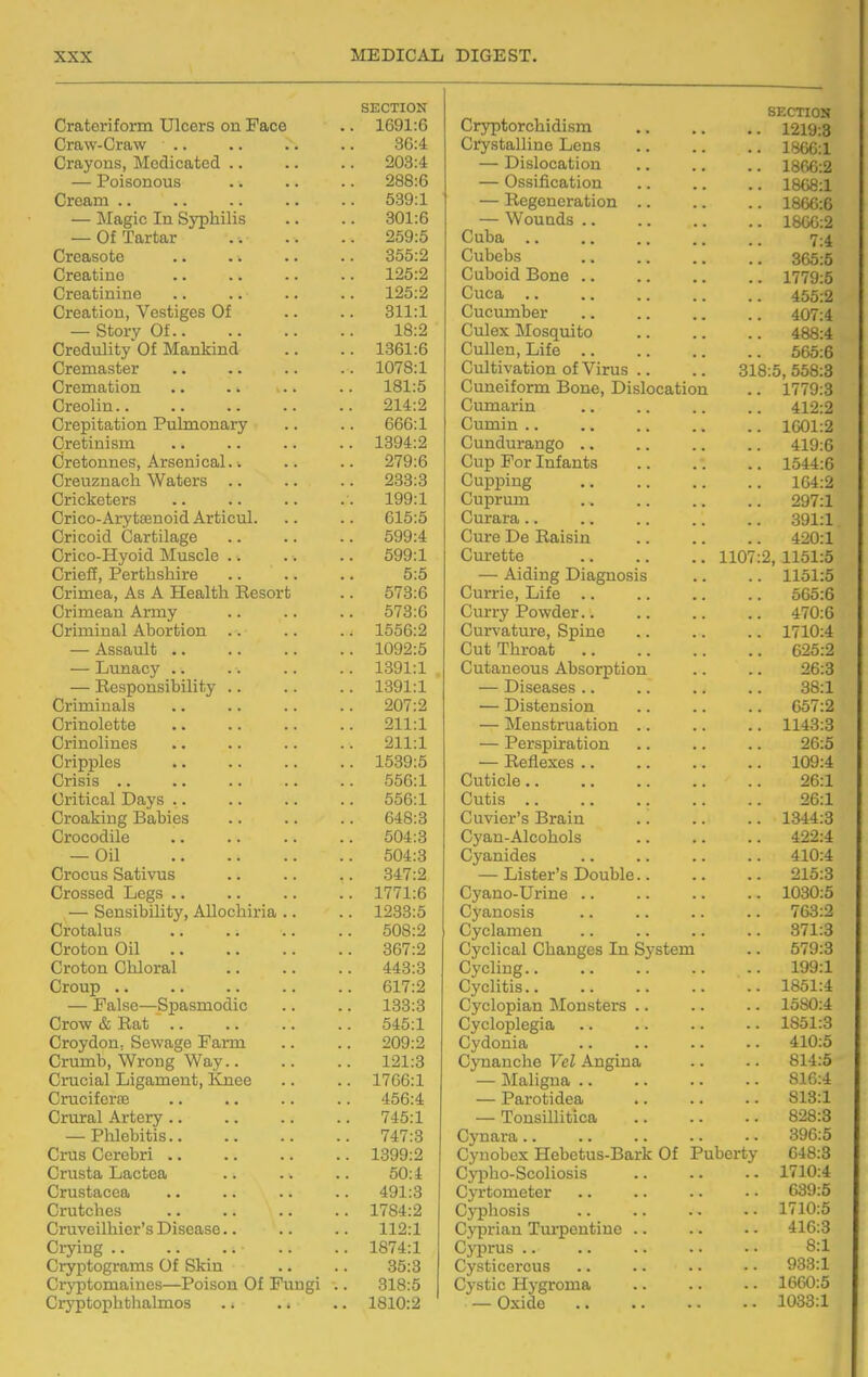 Crateriform Ulcers on Face .. 1691:6 3G:4 203:4 Pni Rnn on CI 288:6 \_/X^CwXJl ■■ 539:1 — ^lagic In Sypliilis 301:6 Of Tartar 259:5 Crcasote 355:2 Orpatii Y\(\ VyUI U 11-1 u • ■ ■ • • • 125:2 f^rf^atiiTiinfi . . \^-L Kydj U1 JUL X 1.1^ ■ * * • • « 125:2 nrpatioii Vf^ticTftR Of 311:1 — Story Of 18:2 flrpdulitv Of Mankind .. 1861:6 ^XXXCv>j Uv.'X •* •* .. 1078:1 OrpmatiioTi .. .. 181:5 V^XCl^llI-l. ■• •• 214:2 Crepitation Pulmonary 666:1 Cretinism . 1394:2 Cretonnes, Arsenical.. 279:6 Orpiiznacli WafiPr'^ .. V>X v_y U/J JLl CvV/XX f 1 U^X u « * * * 233:3 Ori f*lcpt.pr^ X wXx^ UV>XO •* *• 199:1 Crico-Arytenoid Articul. 616:5 Orirnifl Cartilaere .. 599:4 Crico-Hyoid ]\Iuscle .. .. 599:1 Crieff, Perthshire 5:5 Crimea, As A Health Resort 573:6 Crimean Army 573:6 Criminal Abortion .. .. 1556:2 — Assault •. .. . 1092:5 — Lunacy .. . 1391:1 — Responsibility .. .. . 1391:1 Criminals 207:2 Crinolette •. 211:1 Crinolines . • 211:1 CriniilpR .. 1539:5 Crisis .. 556:1 Critical Days .. 556:1 Croaking Babies 648:3 Crnp.oflilp V> i w w vy 1 X V-/ mm ■ ■ ■ • 504:3 Oil 504:3 Crnp.im Rativns V>X w w U O kJCW UX T iXO * « • t 347:2 Crossed Legs .. . 1771:6 — Sensibility, AHochiria .. . 1233:5 0mtalnR V>/X \J UCuX L40 mm mm *• 508:2 Croton Oil 367:2 Croton Chloral 443:3 Croup .. 617:2 — Pnlcn—Rnasmodic 133:3 Crow & Rat 545:1 Ornvflfin Rpwaffp Rarm 209:2 Crnmb Wrone' Wav 121:3 Onipifi.l Tiiffampiit TCtipp V>XLXv>XClfX J—Jl^CJJ i 1 1 yjXX u, Xl—LXV.^w • • • 1766:1 Ornpifprrp \_/X U.l.'lX^yX tX.1 ■ • • • t ■ • 456:4 OMim 1 A rf.prv 745:1 Phlphitis 747:3 Crus Cerebri .. . 1899:2 Crusta Lactea 60:4 Om Qf.n Pf»fl. Crutches . 1784:2 Cruveilhier's Disease.. . 112:1 Crying . 1874:1 Cryptograms Of Skin 35:3 Cryptomaines—Poison Of Fungi . 318:5 Cryptophthalmos . 1810:2 SECTION Cryptorchidism 1219:3 Crystalline Lens 18GC:1 — Dislocation .. .. .. 180.0:2 — Ossification .. .. .. 1868:1 — Begeneration 1860:6 — Wounds 1866:2 Cuba .. .. .. .. .. Cubebs 305:5 Cuboid Bone 1779:5 Cuca 455:2 Cucimiber 407:4 Culex Mosquito 488:4 Cullen, Life 566:6 Cultivation of Virus .. .. 318:5,558:3 Cuneiform Bone, Dislocation .. 1779:3 Cumarin .. .. .. .. 412:2 Cumin 1601:2 Cundurango .. .. .. .. 419:6 Cup For Infants 1544:6 Cupping 164:2 Cuprum 297:1 Curara 391:1 Cure De Raisin 420:1 Curette 1107:2, 1151:5 — Aiding Diagnosis .. .. 1151:5 Currie, Life 566:6 Curry Powder 470:6 Curvature, Spine 1710:4 Cut Throat 625:2 Cutaneous Absorption .. .. 26:3 — Diseases .. .. .. .. 38:1 — Distension .. .. .. 657:2 — Menstruation .. .. .. 1143:3 — Perspiration .. .. .. 26:5 — Reflexes 109:4 Cuticle 26:1 Cutis .. .. 26:1 Cuvier's Brain .. .. .. 1344:3 Cyan-Alcohols .. .. .. 422:4 Cyanides .. .. .. .. 410:4 — Lister's Double 216:8 Cyano-Urine 1030:5 Cyanosis 763:2 Cyclamen .. .. .. .. 371:3 Cyclical Changes In System .. 579:3 Cycling 199:1 Cyclitis 1851:4 Cyclopian Monsters .. .. .. 1580:4 Cycloplegia 1851:3 Cydonia .. .. .. -. 410:5 Cynanche Vel Angina .. .. 814:5 — Maligna 816:4 — Parotidea 813:1 — Tonsillitica 828:3 Cynara .. .. .. .. • - 396:5 Cynobex Hebetus-Bark Of Puberty 648:3 Cj'pho-Scoliosis 1710:4 Cyrtometer .. .. -. • • 639:5 Cyphosis .. .. . - ■ • 1710:5 Cyprian Tm'pentine .. .. • • 416:3 Cyprus .. .. .. .. • • 8:1 Cysticercus .. .. .. • • 933:1 Cystic Hj-groma 1660:5 — Oxide 1083:1
