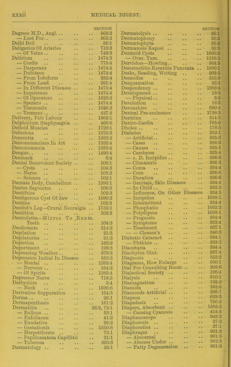 SECTION SECTION Decfrees M D Ancrl 565:2 Dermatolysis 26:1 Lust For 565:2 Dermatophony 26:2 Delhi Boil 66:1 Dermatophyta 35:3 Deligation Of Arteries 719:3 Dermatosis Kaposi .. 30-3 — Of Veins 749:3 Dermoid Cysts 1660:5 Delirium .. 1474:3 — Ovar. Tiim. 1158:2 — Cordis 775:4 Dervishes—Howling.. 564:5 — Desperans .. 1474:4 Descemetitis-Keratitis Punctata .. 1850:1 — Dubitans .. 1474:4 Desks, Reading, Writing .. 205:5 — From Iodoform 252:4 Desmidise 316:5 — From Lead 291:4 Desquamation 26:1 — In Different Disesises .. .. 1475:4 Despondency .. 1383:4 — Inquietans .. 1474:4 Development .. 18:2 — Of Operators .. 1629:2 — Physical.. 3:5 — Sperans .. .. 1474:4 Devolution 18:2 — TraniTiatip. 1636:2 Devonshire 680:4 — Tremens .. .. 427:2 Dextral Pre-eminence 1738:3 Delivei'v ViVIp Tjfilimiv 1562:1 Dextrine 314:2 Delpliiuium Stajphysst^'ioi .. 466:6 Dextro-Cardia 785:6 Deltoid Muscles .. 1729:1 Dholee .. 178:5 Delusions .. 1370:3 Diabetes 332:1 Dementia .. 1383:2 — Artificial.. 335:3 Demonomaniacs In Art .. 1333:4 — Cases 336:6 Demouomania .. 1333:4 — Causes .. 335:1 Dengue.. .. 1490:4 — Cerebrose 335:4 Denmark 8:4 — c. D. Insipidus .. 336:6 Dental Benevolent Society .. 102:1 — Climateric 836:3 — Cysts .. 104:3 — Coma 334:4 — Nerve 105:2 — Cure 336:6 — Science •. 102:1 — Duration 336:6 Dentate T^ndv nprphpllnm 1396:1 — Genitals, Skin Diseases 334:4 Dentes Sapientes 106:5 — In Child 332:5 Dentifrice 102:3 — Influence, On Other Diseases 334:5 Dentigerous Cyst Of Jaw .. .. 1690:2 — Insipidus 1038:1 Dentine 102:2 — Intermittent 334:4 Dentist's Leg—Crural Neuralgia .. 1755:1 — Phosphatic 1032:2 Dentition .. 102:3 — Polydipsus 1038:1 Dentoiletta—Mirror To Exam. — Prognosis 334:4 Teeth .. 104:3 — Symptoms 333:4 Deodorants .. 214:2 — Treatment 337:1 Dejpilation 21:3 Clemen's 340:3 Depilatories .. 21:2 Diabetic Cataract 334:1 Depletion .. 163:2 — Phthisis .. .; 333:2 Deportment .. .. 199:3 Diaceturia 334:4 Depressing Weather.. .. 579:3 Diachylon Oint. 287:4 Depression Initial In Disease .. 553:2 Diagnosis 553:2 — IMental .. .. 1383:4 Diagi-ams, How Enlarge 550:1 — Nervous .. 554:2 Dial For Consulting Room .. 203:6 — Of Spirits .. 1383:4 Dialectical Society .. 196:4 Depressor Nerve .. 718:5 Dialysis 310:1 Derbyshire 5:4 Diamagnetism 195:2 — Neck .. 1696:6 Diamide 253:6 Derivative Suppuration .. 164:3 Diamonds Artificial .. 235:1 Derma .. 26:1 Diapson 639:3 Dermapenthesis 161:2 Diapedesis 756:2 Dermatitis 26:2, 72:1 Diapers, Absorbent .. 1582:2 — Bullous .. 53:1 — Causing Cyanosis 414:5 — Exfoliacece 41:2 Diaphanoscope 943:2 — Exudative 26:2 Diaphoresis .. 27:2 — Gestationis .. 1550:6 Diaphoretics .. 27:1 — Herpetiforme .. 72:1 Diaphragm 961:3 — PapiUomatosa Capillitii 31:1 — Abnormal 961:5 — Tuborosa .. 263:3 — Abscess Under .. 9G2:3 Dermatology 38:1 — Fatty Degeneration .. 961:6