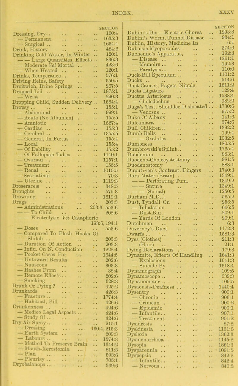 SECTION Dressing, Dij • • 160:4 — Permanent .. .. • • 1635:3 — Siu-gical 1634:4 Drink, History 424:6 DrinMug Cold ^Yater, In Winter .. 120:1 Large Quantities, Efiects .. 836:3 — Moderate Vel Mortal .. .. 423:6 — When Heated 120:1 Drinks, Temperance .. .. .. 576:1 Driving Reins, Safetj' .. .. 550:5 Droitwich, Brine Springs .. .. 267:5 Dropped Lid 1875:1 — Wrist 290:3 Dropping Child, Sudden Delivery .. 1564:4 Dropsy .. 155:1 — Abdominal 999:1 — Acute (No Albumen) .. .. 155:5 — Amniotic 1527:4 — Cardiac .. .. .. .. 155:3 — Cerebral 1355:5 — General, In Foetus .. .. 155:4 — Local .. .. .. .. 155:4 — Of Debility 155:2 — Of Fallopian Tubes .. .. 1140:1 — Ovarian 1157:1 — Treatment .. .. .. 155:5 — Eenal 1010:5 — Scarlatinal 70:3 — Uterine 1119:3 Droseraceae .. .. .. .. 348:5 Droughts 579:3 Dro-svning 1619:1 Drugs 203:3 — Administrations .. 203:3, 553:6 To Child 202:6 Electrolytic Vel Cataphoric 193:6,194:1 — Doses 553:6 — Compared To Flesh Hooks Of Shiloh 203:3 — Duration Of Action .. .. 203:3 — Influ. On N. Conduction '.. 1222:4 — Pocket Cases For .. .. 1644:5 — Untoward Results .. .. 202:6 — Nauseous .. .. .. 303:3 — Rashes From 38:4 — Remote Effects 202:6 — Smoking 628:3 Drunk Or Dying ? 425:2 Drunkards .. .. .. .. 426:3 — Fracture .. .. .. .. 1774:4 — Habitual, Bill 426:6 Drunkenness .. .. .. .. 424:6 — Medico Legal Aspects .. .. 424:6 — Study Of 424:6 Dry Air Spray 216:1 — Dressing .. .. 160:4,215:3 — Earth System .. .. .. 209:3 — Labours .. .. .. .. 1574:3 — Method To Prerservo Brain .. 1344:2 — Mouth-Xerostomia ... .. 811:3 — Plan 593:0 — Pleurisy 705:1 Dryobalanopa .. .. .. .. 3G9:6 SECTION Dubini's Dis.—Electric Chorea .. 1293:3 Dubini's Worm, Tunnel Disease .. 934:1 Dublin, History, Medicine In .. 6:1 Duboisia Myoporoides .. .. 374:6 Duchorme's Apparatus, .. .. 192:3 — Disease 1261:1 — Memoirs 192:3 — Paralysis 110:0 Duck-Bill Speculum 1101:2 Ducks 514:6 Duct Cancer, Pagets Nipple .. 1611:2 Ducts Ligature 129:4 Ductus Arteriosus .. .. .. 1538:4 — Choledochus 982:2 Duga's Test, Shoulder Dislocated .. 1730:6 — Venosus 975:2 Duke Of Albany 141:6 Dulcamara .. .. .. .. 374:6 Dull Childi-en 1392:2 Dumb Bells 199:4 Oxalates .. .. ■.. 1032:5 Dumbness .. .. .. .. 1805:5 Dumbrowski's Splint 1765:4 Duodenum .. .. .. .. 883:1 Duodeno-Cholecystostomy .. .. 981:5 Duodenostomy .. .. .. 883:1 Duputryen's Contract. Fingers .. 1740:3 Dura Mater (Brain) 1349:1 Perforating Tum 1349:2 Suture 1349:1 (Spinal) 1250:5 Durham M.D 565:2 Dust, Tyndall On 256:5 — Inhalation .. .. .. 646:5 — Dust Bin 209:1 — Yards Of London .. .. 209:1 Dutchmen .. .. .. .. 6:3 Duverney's Duct 1172:3 Dwarfs 1581:3 Dves (Clothes) 211:3 — (Hair) 21:1 Dying Declarations .. .. .. 179:3 Dynamite, Efiects Of Handling .. 1641:3 — Explosions 1641:3 — Suicide By 1618:4 Dynamograph .. .. .. 109:5 Dynamoscope .. .. .. .. 639:3> Dynanometer .. .. .. .. 109:5 Dysacusis-Deafness .. .. .. 1440:4 Dysentry .. 900:1 — Chronic 906:1 — Crimean 900:2 — Epidemic 900:1 — Infantile 907:1 — Treatment 901:2 Dysidrosis .. .. .. .. 27:2 Dyskinesia .. .. .. .. 1131:6 Dyslexia 1362:3 Dysmouorrhoea .. .. .. 1145:2 Dysopia ., 1861:3 Dyspareunia .. .. .. .. 1091:5 Dyspepsia .. .. .. .. 842:2 -Infantile 842:4 — Nervous 840:3.