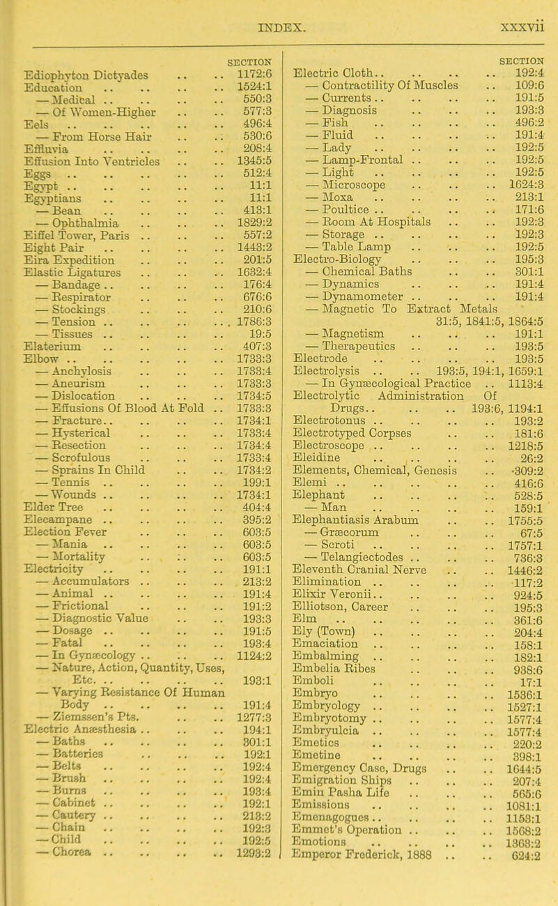 SECTIOJN Eaiopnyton Dictyades 11 70*R JLl / ^.0 Education — jlecUcal .. oOv.o — Of Women-Higher Oi 1,6 — From. Horse Hair Jtuniuvia Efiusion Into Ventricles Eggs -Eigypt 11*1 11.1 Egyptians — Sean 4.1 ^1 — (jpatnairma 1 oon-o lozy.z J^mel i-ower, Iraris .. jiiignc irair 1 l^ttto.^ Eira Expedition zUl.O Elastic Ligatures lOOlS.4: — Bandage.. 1/D.4 — Eespirator D/D.D — btocJflngs 01 A. C — Tension .. 1 7fifi'Q , IfOD.O — Tissues .. ly:o Elaterium AT. O JlilOOW . . i/oo:o — Anchylosis T TOO. yi — Aneurism ., .. 1 7QQ.Q 1 ( OO.O — Dislocation 1 TO /< . K — iiitrusions (Ji ±>1ooq At i; old .. 1 TOO .O — Fracture.. .. .. 1 / O^t.l — Hysterical 1733:4 — Resection 1734:4 — Scrofulous 1 TOO. A — oprains ±n uniici 17Q4 • 0 — Tennis 199:1 — Wounds .. 1 T o ,^ .1 1 /d4:l jitiaer ±iqq •. jiiiccanipane Election Fever 603:5 — Mania 603:5 — jlortality 603:5 Electricity 191:1 — Accumulators — Animal .. 191:4 — Fnctional .. 1 m .o 191:2 — Diagnostic Value 1 no .o — Dosage .. 191:5 — r atai 193:4 — Jin vjyucccoiogy .. — Nature, Action, Quantity, Uses, Jl.tC. .. 193:1 — Varying Kesistance Of Human rJoay 191:4 — Ziemssen's Pts. 1277:3 Electric Aucestbesia .. 194:1 — riatns 301:1 — ijattenes 192:1 — xsens .. •. ,, ,, 192:4 — lirusn 192:4 — Bums 193:4 V^aUILlcu •> ■> a. lUZ.l — Cautery .. 213:2 — Chain 192:3 — Child 192:5 — Chorea .. 1298:2 Hjiectiic uioiin., — oontracTiiiity kjl iviuscies . luy.D VJLl-l.LdJ.Oo • • • ■ > ■ 191:5 1^ 1 fi rfn AC! c; X^ict^LLUoio • • • • JJ loU ■ ■ • • • • 496:2 Fluid 191:4 — Lady .. .. • • — ijamp-j: roiibdii .. .. * ±v^,o — Liglit • • • • • • 192:5 — TV'Ti (^mcp nno J.tXlUiUoL.UJJC • • • • 1624:3 — IMoxa ■ • • • • ■ 01 ^-l — T^rnilt.iPO i UUXulL/C ■ • • • • • 171-R J-1 ^*KJ XijOOLQ Au XXUbpH;cLJ.b • > Rf:ovn CP OuUXCiikC ■ • • • ■ ■ 192:3 J-cLUltJ J-JdilXlLf • > ■ ■ Electro-Biology . ±vu.o — Chemical Baths > OUX.X — Dynamics — Djmamometer .. — Magnetic To Extract Metal 31:5, 1841 — Magnetism 101 -1 193:5 Ft! pp f.Tnfl A 193:5 Electrolysis .. .. 193:5, 194 1, 1659:1 — In GyucGcological Fractice 1113:4 Electrolytic Administration Of Drugs.. 193 f) 11Q4.-1 Fil PPfiTAf,ATm Q Flppf'iT'Ot.VnPfl PiATTlcipq 1S1 -R Electroscope Eleidine 26:2 Elements, Chemical, Genesis •309:2 Elemi ., 416:6 Elephant 528:5 — Man 159:1 1755:5 — Graecorum 67:5 — Scroti 1757:1 — Telangiectodes .. 736:3 Eleventh Cranial Nerve 1446:2 Elimination .. 117:2 Elixir Veronii.. 924:5 Elliotson, Career 195:3 Elm 361:6 Ely (To\vn) 204:4 Emaciation 158:1 Embalming .. 182:1 Embelia Ribcs 938:6 Emboli 17:1 Embryo 1536:1 Embryology .. 1527:1 Embryotomy .. 1577:4 Embryulcia .. 1577:4 Emetics 220:2 Emetine 398:1 Emergency Case, Drugs 1644:5 Emigration Ships 207:4 Emin Pasha Life 565:G Emissions 1081:1 Emenagogues Emmet's Operation .. 1153:1 1568:2 Emotions 1363:2 Emperor Frederick, 1888 .. 624:2