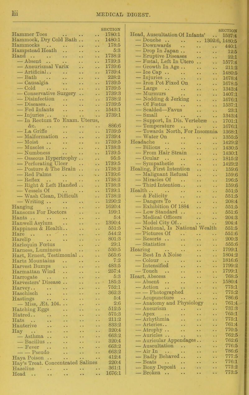 Hammer Toos SECTION SECTION .. 1780:1 Head, Auscultation Of Infants' 1537:4 Hammock, Dry Cold Bath .. 1480:1 — Douche 1302:6, 1480:5 Hammocks 178:5 — Downwards 440:1 Hampstead Heath .. 5:3 — Drop In Japan .. 12:5 Hand .. .. 1738:2 — Eruptive Diseases 22:1 — Absent .. .. 1739:3 — Foetal, Left In Utero .. 1577:4 — Aneurismal Varix .. 1739:6 — Growth In Age .. 211:2 — Artificial.. .. 1739:4 — Ice Cap .. 1480:5 — Bath 228:2 — Injuries .. 1678:4 — Causalgia .. 1739:5 — Iron Pot Fixed On 1678:5 — Cold .. 1739:5 — Large 1343:4 — Conservative Surgery .. 1739:3 — Murmurs 1407:1 — Disinfection .. 1738:2 — Nodding & Jerking 1676:1 — Diseases.. .. 1739:5 — Of Foetus 1537:1 — Fed Infants .. 1643:1 — Scalded—Favus 23:1 — Injuries... .. 1739:1 — Small 1343:4 — In Rectum To Exam. Uterus, — Support, In Dis. Vertebrae .. 1701:1 &c. 886:6 — Temperature 1676:1 — La Griffe .. 1739:5 — Towards North, For Insomnia 1368:1 — Malformation .. .. 1739:4 — Water On 1355:5 — Moist .. 1739:5 Headache 1429:2 ■— Muscles .. .. 1738:3 — Bilious .. 1430:5 — Numbness .. 1739:5 — From Hair Strain 1430:1 — Osseous Hypertrophy 95:5 — Ocular .. 1815:2 — Perforating Ulcer .. 1739:5 — Sympathetic 1429:2 — Posture & The Brain .. 1738:2 Healing, First Intention 159:6 — Red Palms .. 1739:6 — Malignant Refusal 159:6 — Reflex .. 1738:2 — Miracles Of 196:5 — Right & Left Handed .. 1738:3 — Third Intention.. 159:6 — Vessels Of .. 1739:1 Health .. 551:5 — Wash Clean, Difficult .. 1738:2 — & Felicity 551:5 — Writing .. .. 1290:2 — Dangers To 208:4 Hanging .. 1620:4 — Exhibition Of 1884 .. 551:5 Hansoms For Doctors 199:1 — Low Standard .. 551:6 Hants .. 5:4 — Medical Officers 204:3 Hanwell Asylum .. 1390:4 — Model City Of 204:4 Happiness & Health.. 551:5 — National, Is National Wealth 551:5 I^£i)ir6 • • • ■ • • 544:2 — Pictures Of 551:6 Harelip 801:3 — Resorts .. 200:3 Harlequin Foetus 29:1 — Statistics 555:6 Harness, Luminous 530:5 Heariug 1799:1 Hart, Ernest, Testimonial 565:6 — Best In A Noise 1804:2 Hartz Mountains 7:2 — Colour .. 1816:6 Harvest Bumps 483:5 — Intensified 1799:2 Harmattan Wind 257:4 — Touch 1799:1 Harrogate 5:3 Heart, Abscess 768:5 Harvesters' Disease .. 185:8 — Absent .. 1580:4 Harvey.. 752:1 — Action 775:1 Haschisch 362:3 Photographed 775:2 Hastings 5:4 — Acupuncture 786:6 — Miss, ^t. 104. .. 2:6 — Anatomy and Physiology 761:4 Hatching Eggs 512:5 — Aneurism 731:3 Hatred.. 575:3 — Apex 765:1 Hats 211:2 — Arhytlmiia 775:1 Hauterive 833:2 — Arteries.. 761:4 Hay — Asthma .. 320:4 — Atrophy .. 770:5 663:2 — Auricles .. 762:5 — Bacillus .. 820:4 — Auricular Appendages.. 7G2:6 — Fever 668:2 — Auscultation 776:5 Psoudo 663:2 — Air In .. 786:6 Haya Poison .. Hay's Treat. Concentrated 412:4 — Badly Behaved 777:5 Salines 220:4 — Beats 776:1 Hazelino 361:1 — Bony Deposit .. 773:2 Head .. 1676:1 — Broken 773:5