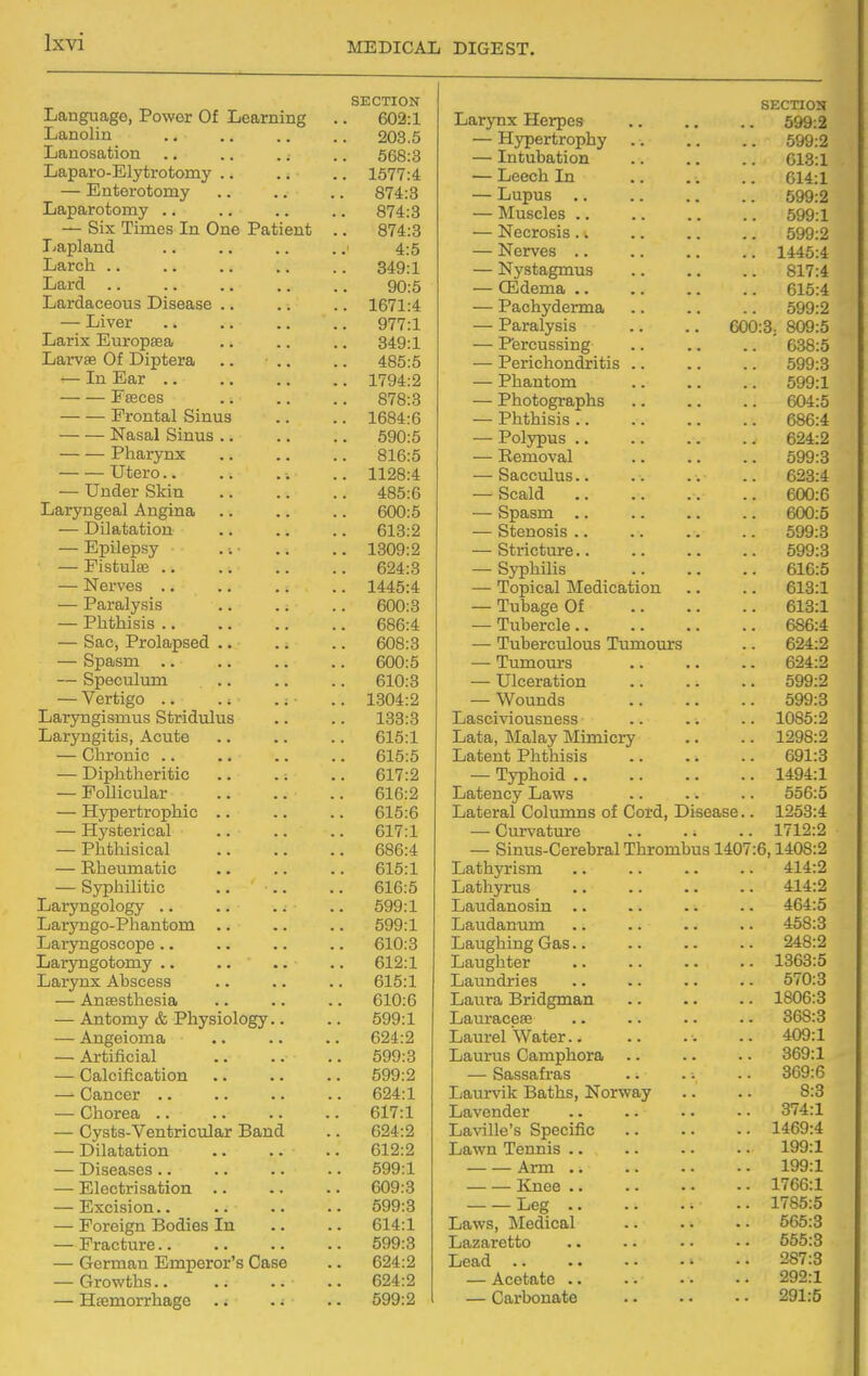 Language, Power Of Learning SECTION 602:1 Lanolin 203.5 Lanosation .. .. .; 568:3 Laparo-Elytrotomy .. . i .. 1577:4 — Enterotomy 874:3 Laparotomy .. 874:3 — Six Times In One Patient .. 874:3 Lapland 4:5 Larcli .. .. 349:1 Lard .. 90:5 Lardaceous Disease .. .. 1671:4 — Liver 977:1 Larix Europsea .. 349:1 Larvse Of Diptera .. • .. 485:5 — In Ear .. 1794:2 — — Fceces 878:3 Frontal Sinus .. 1684:6 Nasal Sinus .. 590:5 Pharynx 816:5 Utero.. .. 1128:4 — Under Skin .. 485:6 Laryngeal Angina .. 600:6 — Dilatation 613:2 — Epilepsy .. 1309:2 — Fistulffi .. 624:3 — Nerves .. .. 1445:4 — Paralysis 600:3 — Phthisis .. 686:4 — Sac, Prolapsed .. .. 608:3 — Spasm .. 600:5 — Speculum .. .. 610:3 — Vertigo .. .. 1304:2 Laryngismus Stridulus .. 133:3 Laryngitis, Acute 615:1 — Chronic .. 615:5 — Diphtheritic .. 617:2 — Follicular . 616:2 — Hypertrophic .. 615:6 — Hysterical 617:1 — Phthisical 686:4 — Rheumatic 615:1 616:5 Laryngology . 599:1 Laryngo-Phantom .. . 599:1 Laryngoscope .. . 610:3 Laryngotomy .. .. .. . 612:1 Larynx Abscess . 615:1 — Ansesthesia 610:6 — Antomy & Physiology.. 599:1 — Angeioma ■ 624:2 — Artificial .. .. 599:3 — Calcification . 599:2 — Cancer .. 624:1 — Chorea .. . 617:1 — Cysts-Ventricular Band 624:2 — Dilatation . 612:2 — Diseases.. 599:1 — Electrisation .. 609:3 — Excision.. . 599:3 — Foreign Bodies In 614:1 — Fracture.. . 599:3 — German Emperor's Case . 624:2 — Growths.. . 624:2 — Haemorrhage .. . 599:2 SECTION Larynx Herpes 599:2 — Hypertrophy 599:2 — Intubation 613:1 — Leech In 614:1 — Lupus 599:2 — Muscles .. 599:1 — Necrosis.. 599:2 — Nerves .. 1446:4 — Nystagmus 817:4 — CEdema .. 615:4 — Pachyderma 599:2 — Paralysis .. .. 600:3. 809:5 — Pfercussing 638:5 — Perichondritis .. 599:3 — Phantom 599:1 — Photographs 604:5 — Phthisis .. 686:4 — Polypus .. 624:2 — Removal 599:3 — Sacculus.. 623:4 — Scald 600:6 — Spasm .. 600:5 — Stenosis .. 599:3 — Stricture.. 599:3 — Syphilis 616:5 — Topical Medication 613:1 — Tubage Of 613:1 — Tubercle.. 686:4 — Tuberculous Tumours 624:2 — Tumours 624:2 — Ulceration 599:2 — Wounds 599:3 Lasciviousness 1085:2 Lata, Malay Mimicry 1298:2 Latent Phthisis 691:3 — Typhoid .. 1494:1 Latency Laws 556:5 Lateral Columns of Cotd, Disease.. 1253:4 — Curvature .. . i 1712:2 — Sinus-Cerebral Thrombus 1407:6,1408:2 Lathyrism 414:2 414:2 Laudanosin .. 464:5 Laudanum 468:3 Laughing Gas.. 248:2 Laughter 1363:5 Laundries 670:3 Laura Bridgman 1806:3 Lauraceae 368:3 Laurel Water.. 409:1 Laurus Camphora .. 369:1 — Sassafras .. .; 369:6 Laurvik Baths, Norway 8:3 Lavender 374:1 Laville's Specific 1469:4 Lawn Tennis .. 199:1 Arm .. 199:1 Knee .. 1766:1 Leg 1786:5 Laws, Medical 565:3 Lazaretto 566:3 287:3 — Acetate .. 292:1 — Carbonate 291:5