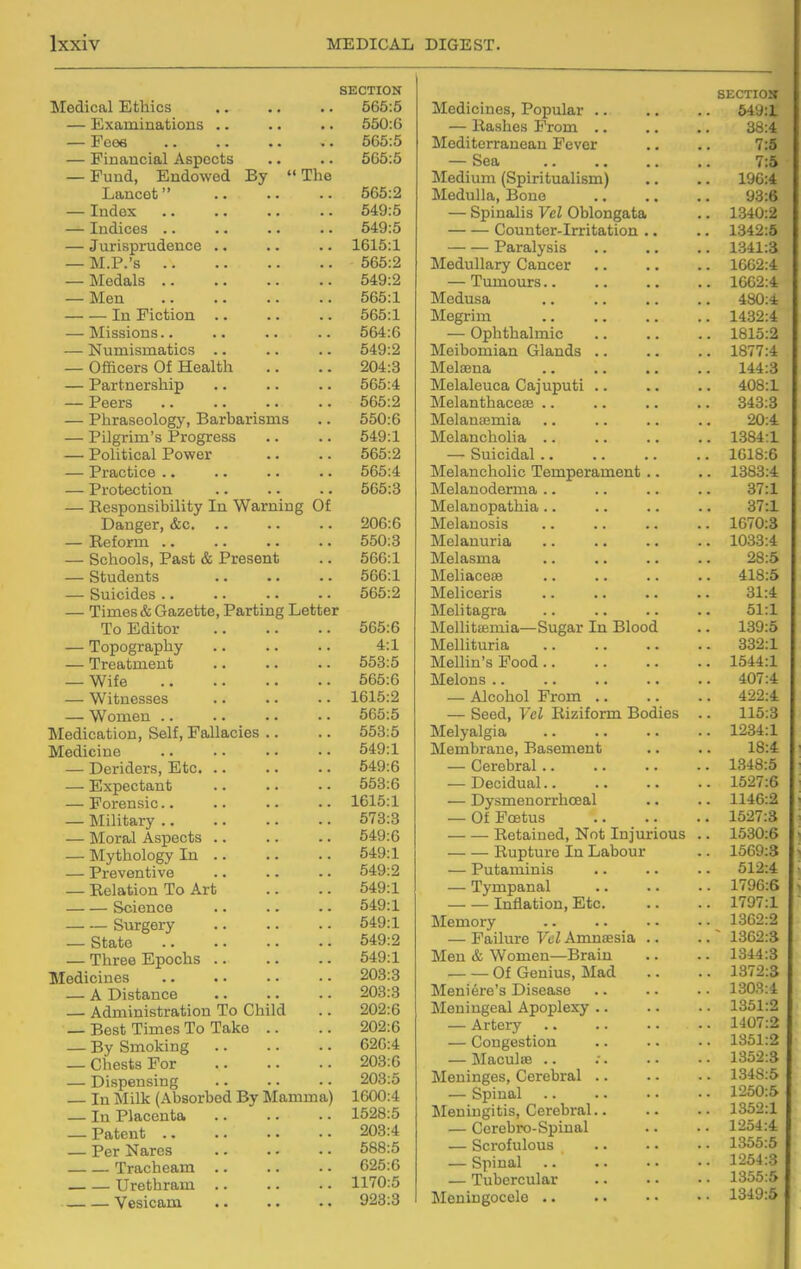 SECTION Medical Ethics .. .. .. 565:5 — Examinations .. .. .. 650:6 — Fees .. .. .. .. 565:5 — Financial Aspects .. .. 565:5 — Fund, Endowed By The Lancet 565:2 — Index 549:5 — Indices .. .. .. .. 549:5 — Jurisprudence .. .. .. 1615:1 — M.P.'s 665:2 — Medals 549:2 — Men 565:1 In Fiction 565:1 — Missions.. .. .. .. 564:6 — Numismatics .. .. .. 649:2 — Officers Of Health .. .. 204:3 — Partnership .. .. .. 565:4 — Peers 565:2 — Phraseology, Barbarisms .. 550:6 — Pilgrim's Progress .. .. 549:1 — Political Power .. .. 565:2 — Practice .. .. .. .. 665:4 — Protection .. .. .. 565:3 — Responsibility In Warning Of Danger, &c 206:6 — Reform .. .. .. .. 650:3 — Schools, Past & Present .. 666:1 — Students .. .. .. 566:1 — Suicides .. .. .. .. 565:2 — Times & Gazette, Parting Letter To Editor 565:6 — Topography .. .. .. 4:1 — Treatment .. .. .. 563:5 — Wife 565:6 — Witnesses 1615:2 — Women .. .. .. .. 665:5 Medication, Self, Fallacies .. .. 653:5 Medicine 549:1 — Deriders, Etc 549:6 — Expectant 653:6 — Forensic. .. .. .- 1615:1 — Military 573:3 — Moral Aspects 549:6 — Mythology In 549:1 — Preventive 649:2 — Relation To Art .. .. 649:1 Science 549:1 Surgery 649:1 — State 549:2 — Three Epochs 549:1 Medicines .. . • . • • • 208:3 — A Distance 203:3 — Administration To Child .. 202:6 — Best Times To Take .. .. 202:6 — By Smoking 626:4 — Chests For 203:6 — Dispensing .. .. ■ • 203:5 In Milk (Absorbed By Mamma) 1600:4 — In Placenta 1528:5 — Patent 203:4 — Per Narcs 588:5 Tracheam 625:6 Urethram 1170:5 Vesicam 923:3 SECTIOlf Medicines, Popular .. . 649:1 — Hashes Prom .. 38:4 Mediterranean Fever 7:5 — Sea 7:5 Medium (Spiritualism) . 196:4 Medulla, Bone 93:6 — Spinalis Vel Oblongata . 1340:2 Counter-Irritation .. . 1342:5 Paralysis . 1341:3 Medullary Cancer . 1662:4 — Tumours.. . 1062:4 Medusa 480:4 Megrim . 1432:4 — Ophthalmic . 1815:2 Meibomian Glands .. . 1877:4 Melsena 144:3 Melaleuca Cajuputi .. . 408:1 Melanthaceaj .. . 343:3 Melanicmia 20:4 Melancholia .. . 1384:1 — Suicidal .. . 1618:6 Melancholic Temperament .. . 1383:4 Melanoderma .. 37:1 Melanopathia.. 37:1 Melanosis . 1670:3 Melanuria . 1033:4 Melasma 28:5 Meliacese . 418:5 Meliceris 31:4 Melitagra 51:1 Mellitffimia—Sugar In Blood . 139:5 Mellituria . 332:1 Mellin's Food . 1544:1 Melons .. . 407:4 — Alcohol From .. . 422:4 — Seed, Vel Riziform Bodies . 115:3 Melyalgia . 1234:1 Membrane, Basement 18:4 — Cerebral .. . 1348:5 — Decidual.. . 1627:6 — Dysmenorrhoeal . 1146:2 — Of Foetus . 1527:3 Retained, Not Injurious . . 1530:6 Rupture In Labour . 1569:3 — Putaminis 612:4 — Tympanal . 1796:6 Inflation, Etc. . 1797:1 Memory . 1362:2 — Failure Vel Anmaesia .. . ~ 1362:3 Men & Women—Brain . 1344:3 Of Genius, Mad . 1372:3 Meniere's Disease . 1303:4 Meningeal Apoplexy .. . 1351:2 — Artery . 1407:2 — Congestion . 1361:2 — MaculiB .. . 1352:3 Meninges, Cerebral .. . 1348:5 — Spinal . 1250:5 Meningitis, Cerebral . 1352:1 — Cerebro-Spinal . 1254:4 — Scrofulous . 1355:5 — Spinal . 1254:3 — Tubercular . 1355:5 Meningocele .. . 1349:5