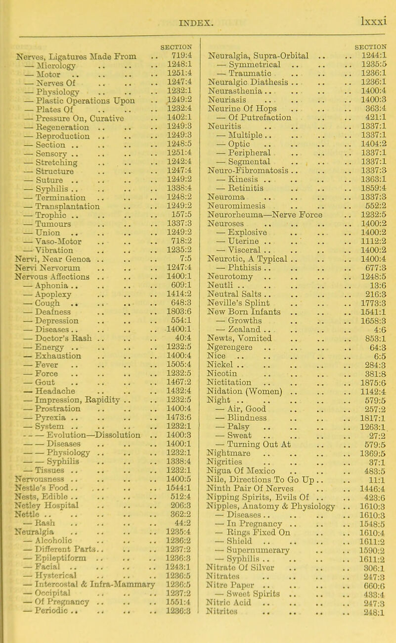 Nerves, Ligatures Made Prom — Micrology — Motor — Nerves Of — Physiology — Plastic Operations Upon — Plates Of — Pressure On, Curative — Regeneration .. — Reproduction .. — Section .. — Sensory .. — Stretcliing — Structure — Suture .. — Syphilis .. — Termination — Transplantation — Trophic .. — Tumours — Union — Vaso-Motor — Vibration Nervi, Near Genoa .. Nervi Nervorum Nervous ASections .. — Aphonia .. — Apoplexy — Cough .. .. .. — Deafness — Depression — Diseases.. — Doctor's Rash .. — Energy — Exhaustion — Fever — Force — Gout — Headache — Impression, Rapiditj' .. — Prostration — Pyrexia .. — System .. Evolution—Dissolution Diseases Physiology .. Syphilis — Tissues .. Nervousness .. Nestle's Food Nests, Edible .. Netley Hospital Nettle — Itash Neuralgia — Alcoholic — Different Parts.. — Epileptiform .. — Facial .. — Hysterical — Intercostal & Infra-Mammary — Occipital — Of Pregnancy .. — Periodic .. SECTION 719:4 1248:1 1251:4 1247:4 1232:1 1249:2 1232:4 1402:1 1249:3 1249:3 1248:5 1251:4 1242:4 1247:4 1249:2 1338:4 1248:2 1249:2 157:5 1337:3 1249:2 718:2 1235:2 7:5 1247:4 1400:1 609:1 1414:2 648:3 1803:6 554:1 1400:1 40:4 1232:5 1400:4 1505:4 1232:5 1467:2 1432:4 1232:5 1400:4 1473:6 1232:1 1400:3 1400:1 1232:1 1338:4 1232:1 1400:5 1544:1 512:4 206:3 362:2 44:2 1235:4 1236:2 1237:2 1236:3 1243:1 1236:5 1236:5 1237:2 1551:4 1236:3 Neuralgia, Supra-Orbital — Symmetrical — Traumatic Neuralgic Diathesis Neurasthenia.. Neuriasis Neurine Of Hops — Of Putrefaction Neuritis — Multiple.. — Optic — Peripheral — Segmental Neuro-Pibromatosis , — Kinesis .. — Retinitis Neuroma Neuromimesis Neurorheuma—Nerve Force Neuroses — Explosive — Uterine .. — Visceral .. Neurotic, A Typical — Phthisis .. Neurotomy Neutli .. Neutral Salts .. Neville's Splint New Born Infants — Growths — Zealand .. Newts, Vomited Ngerengere Nice Nickel .. Nicotin Nictitation Nidation (Women) Night .. — Air, Good — Blindness — Palsy — Sweat — Tm-ning Out At Nightmare Nigrities Nigua Of Mexico Nile, Directions To Go Up .. Ninth Pair Of Nerves Nipping Spirits, Evils Of .. Nipples, Anatomy & Physiology — Diseases.. — In Pregnancy .. — Rings Fixed On — Shield — Supernumerary — SjT^hilis .. Nitrate Of Silver Nitrates Nitre Paper .. — Sweet Spirits .. Nitric Acid Nitrites