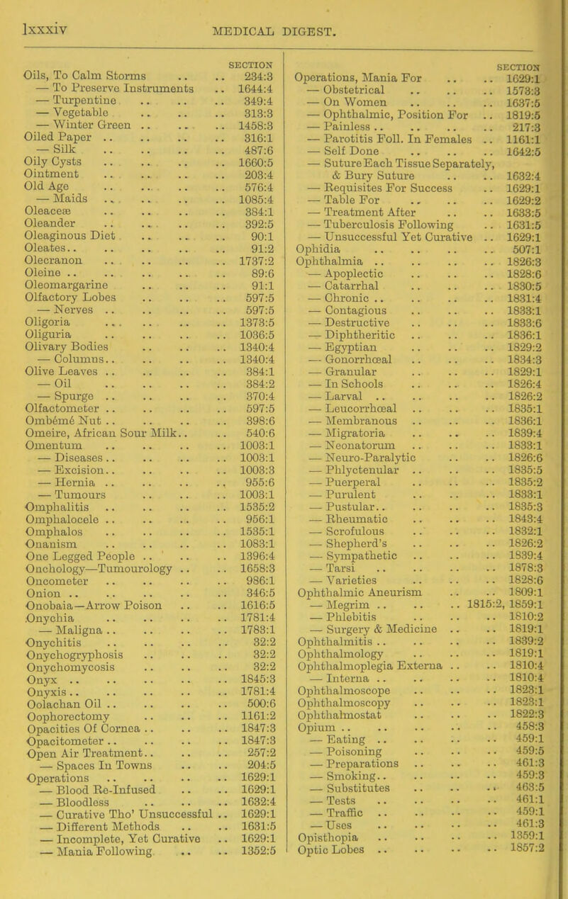 SECTION Oils, To Calm Storms 234:3 — To Preserve Instruments . 1644:4 — Turpentine 849:4 — Vegetable 313:3 — Winter Green .. . 1458:3 Oiled Paper .. . 316:1 — Silk . 487:6 Oily Cj'sts . 1660:5 Ointment . 203:4 Old Age 576:4 — Maids . 1085:4 Oleaceas 384:1 Oleander . 392:5 Oleaginous Diet. 90:1 Oleates.. 91:2 Olecranon .. . 1737:2 Oleine .. 89:6 Oleomargarine 91:1 Olfactory Lobes 597:5 — Nerves .. 597:5 Oligoria . 1373:5 Oliguria . 1036:5 Olivary Bodies . 1340:4 — Columns.. . 1340:4 Olive Leaves .. 384:1 — Oil 384:2 — Spurge .. 370:4 Olfactometer .. 597:5 Omb6m6 Nut .. 398:6 Omeire, African Sour Milk.. 540:6 Omentum . 1003:1 — Diseases .. . 1003:1 — Excision.. . 1003:3 — Hernia .. 965:6 — Tumours . 1003:1 Omphalitis . 1535:2 Omphalocele .. 956:1 Omphalos . 1535:1 Onanism . 1083:1 One Legged People .. . 1396:4 Onchology—Tumourology .. . 1658:3 Oncometer 986:1 Onion .. 346:5 Onobaia—Arrow Poison . 1616:5 Onychia . 1781:4 — Maligna .. . 1783:1 Onychitis 32:2 Onychogryphosis 82:2 Onychomycosis 82:2 Onyx .. . 1845:3 Onjncis.. . 1781:4 Oolachan Oil .. 500:6 Oophorectomy . 1161:2 Opacities Of Cornea .. . 1847:3 Opacitometer.. . 1847:3 Open Air Treatment.. 257:2 — Spaces In Towns 204:5 Operations . 1629:1 — Blood Re-Infused . 1629:1 — Bloodless 1632:4 — Curative Tho' Unsuccessful . . 1629:1 — DifEerent Methods . 1631:5 — Incomplete, Yet Curative . 1629:1 — Mania Following . 1352:5 SECTION Operations, Mania For 1629:1 — Obstetrical 1573:3 — On Women 1637:5 — Ophthalmic, Position For 1819:5 217:8 — Parotitis Foil. In Females .. 1161:1 — Self Done 1042:5 — Suture Each Tissue Separately, & Bury Suture 1632:4 — Requisites For Success 1629:1 — Table For 1629:2 — Treatment After 1633:5 — Tuberculosis Following 1631:5 — Unsuccessful Yet Curative .. 1029:1 Ophidia 507:1 Ophthalmia .. 1826:3 — Aj)oplectic 1828:6 — Catarrhal 1830:5 — Chronic .. 1831:4 — Contagious 1838:1 — Destructive 1833:6 — Diphtheritic 18.36:1 — Egj^tian 1829:2 — Gonorrhoeal 1834:3 — Granular 1829:1 — In Schools 1826:4 — Larval .. 1826:2 — Leucorrhceal 1835:1 ■— Membranous 1836:1 — JNIigratoria 1839:4 •— Neonatorum 1833:1 ■— Neuro-Paralytic 1826:6 — Phlyctenular .. 1835:5 — Puerperal 1835:2 — Purulent 1833:1 — Pustular.. 1835:8 — Rheumatic 1843:4 — Scrofulous 1832:1 — Shepherd's 1826:2 — Sympathetic 1S.39:4 — Tarsi 1878:8 — Varieties 1828:6 Ophthalmic Aneurism 1809:1 — Megrim 1815:2 1859:1 — Phlebitis 1810:2 — Surgery & Medicine .. 1819:1 Ophthalmitis .. 1839:2 Ophthalmology 1819:1 Ophthalmoplegia Externa .. 1810:4 — Interna .. 1810:4 Ophthalmoscope 1828:1 Opli thalmoscopy 1823:1 Ophthalmostat 1822:3 Opium .. 458:3 — Eating .. 459:1 — Poisoning 459:5 — Preparations 461:3 — Smoking.. 459:3 — Substitutes .. . • • • *tOo.O — Tests 461:1 — Traffic 459:1 — Uses 461:3 Opisthopia 1359:1 Optic Lobes .. 1857:2