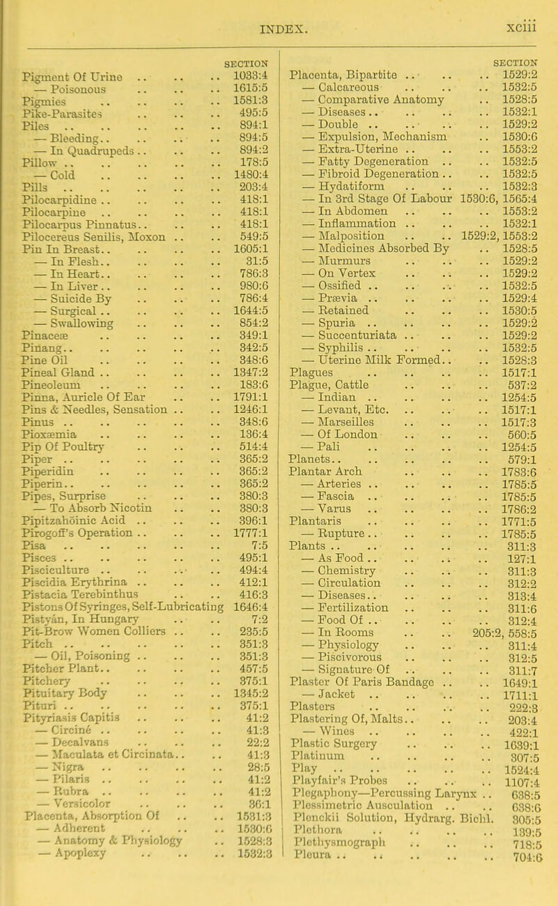 SECTION Pigment Of Uriuo 1033:4 — Poisouous 1615:5 Pigmies 1581:3 Pike-Parasites 495:5 Piles 894:1 — Bleeding .. 894:5 — In Quadrupeds 894:2 Pillow 178:5 — Cold 1480:4 Pills 203:4 Pilocarpidine .. .. .. .. 418:1 Pilocarpine .. .. .. .. 418:1 Pilocarpus Pinnatus.. .. .. 418:1 Pilocereus Senilis, Moxon .. .. 549:5 Pin In Breast 1605:1 — In Flesh 31:5 -In Heart 786:3 — In Liver 980:6 — Suicide By .. .. .. 786:4 — Surgical 1644:5 — SwaUowing 854:2 Pinacere .. .. .. .. 349:1 Pinang 342:5 Pine Oil 348:6 Pineal Gland 1347:2 Pineoleum .. .. .. .. 183:6 Pinna, Auricle Of Ear .. .. 1791:1 Pins & Needles, Sensation .. .. 1246:1 Pinus 348:6 Pioxcemia .. .. .. .. 136:4 Pip Of Poultry 514:4 Piper 365:2 Piperidin 365:2 Piperin 365:2 Pipes, Surprise 380:3 — To Absorb Nicotin .. .. 380:3 Pipitzahoinic Acid 396:1 PirogofE's Operation 1777:1 Pisa 7:5 Pisces 495:1 Pisciculture .. .. .. .. 494:4 Piscidia Erythrina 412:1 Pistacia Terebinthus .. .. 416:3 Pistons Of Syringes, Self-Lubricating 1646:4 Pistyan, In Hungary .. .. 7:2 Pit-Brow Women Colliers .. .. 235:5 Pitch 351:3 — Oil, Poisoning 351:3 Pitcher Plant 457:5 Pitchery 375:1 Pituitary Body 1345:2 Pituri 375:1 Pityriasis Capitis 41:2 — Circine 41:3 — Decalvans .. .. .. 22:2 — Macnlata et Circinata.. .. 41:3 — Nigra 28:5 — Pilaris 41:2 — Rubra 41:2 — Versicolor .. .. .. 36:1 Placenta, Absorption Of .. .. 1531:3 — Adherent 1530:0 — Anatomy & Physiology .. 1528:3 — Apoplexy 1532:3 SECTION Placenta, Bipartite .. • .. .. 1529:2 — Calcareous .. .. .. 1532:5 — Comparative Anatomy .. 1528:5 — Diseases .. .. .. .. 1532:1 — Double .. ..■ .. .. 1529:2 — Expulsion, Mechanism .. 1530:6 — Extra-Uterine 1553:2 — Fatty Degeneration .. .. 1532:5 — Fibroid Degeneration .. .. 1532:5 — Hydatiform 1532:3 — In 3rd Stage Of Laboia- 1530:6, 1565:4 — In Abdomen 1553:2 — Inflammation .. .. .. 1532:1 — Malposition .. .. 1529:2,1553:2 — Medicines Absorbed By .. 1528:5 — Murmurs 1529:2 — On Vertex 1529:2 — Ossified .. .. .. .. 1532:5 — Prsevia 1529:4 — Retained .. .. .. 1530:5 — Spuria 1529:2 — Succenturiata .. .. .. 1529:2 — Syphilis .. .. ■ .. .. 1532:5 — Uterine Milk Formed.. .. 1528:3 Plagues 1517:1 Plague, Cattle 537:2 — Indian 1254:5 — Levant, Etc .. 1517:1 — Marseilles 1517:3 — Of London 560:5 — Pali 1254:5 Planets 579:1 Plantar Arch 1783:6 — Arteries .. .. .. .. 1785:5 — Fascia .. 1785:5 — Varus 1786:2 Plantaris 1771:5 — Rupture 1785:5 Plants .. .. 311:3 — As Food 127:1 — Chemistry 311:3 — Circulation .. .. .. 312:2 — Diseases.. .. .. .. 313:4 — Fertilization 311:6 — Food Of 312:4 — In Rooms .. .. 205:2, 558:5 — Physiology 311:4 — Piscivorous .. .. .. 312:5 — Signature Of 311:7 Plaster Of Paris Bandage .. .. 1649:1 — Jacket 1711:1 Plasters .. .. .. .. 222:8 Plastering Of, Malts 203:4 — Wines .. .. .. .. 422:1 Plastic Surgery 1639:1 Platinum .. .. .. .. 307:5 Play 1524:4 Playfair's Probes ,. .. .. 1107:4 Plcgaphony—Percussing Larjmx .. 638:5 Plessimetric Ausculation .. .. G38:G Plonckii Solution, Hydrarg. Bichl. 305:5 Plethora .. .. .. .. 139:5 Plctliysmograph .. .. .. 718:5 Pleura 704-.6