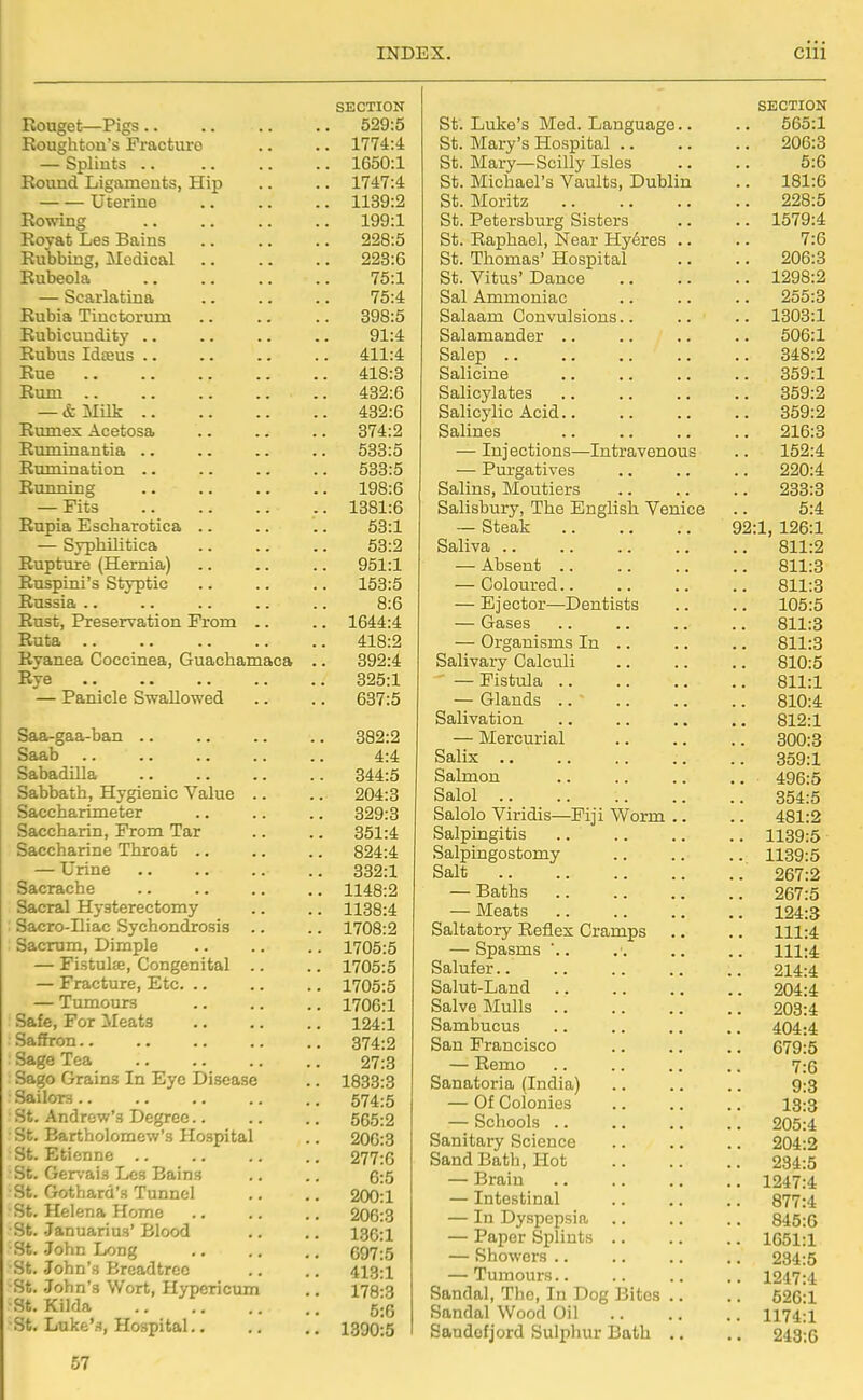 SECTION Ronget—Pigs 529:5 Roughton's Fracture .. .. 1774:4 — Splints 1650:1 Round Ligaments, Hip .. .. 1747:4 Uterine 1139:2 Rowing 199:1 Royat Les Bains 228:5 Rubbing, Medical 223:6 Rubeola 75:1 — Scarlatina .. .. .. 75:4 Rubia Tinctorum 398:5 Rubicundity .. .. .. .. 91:4 Rubus Idseus .. .. .. .. 411:4 Rue 418:3 Rum 432:6 — & Milk 432:6 Rumex Acetosa .. .. .. 374:2 Ruminantia .. .. .. .. 533:5 Rumination .. .. .. .. 533:5 Running 198:6 — Fits 1381:6 Rupia Escharotica .. .. .. 53:1 — Syphilitica 53:2 Rupture (Hernia) .. .. .. 951:1 Ruspini's Styptic .. .. .. 153:5 Russia .. .. .. .. .. 8:6 Rust, Preservation From .. .. 1644:4 Ruta 418:2 Rvanea Coccinea, Guachamaca .. 392:4 Rye 325:1 — Panicle Swallowed .. .. 637:5 Saa-gaa-ban 382:2 Saab .. .. .. .. .. 4:4 Sabadilla 344:5 Sabbath, Hygienic Value .. .. 204:3 Saccharimeter .. .. .. 329:3 Saccharin, From Tar .. .. 351:4 Saccharine Throat .. .. .. 824:4 — Urine 332:1 Sacrache 1148:2 Sacral Hysterectomy .. .. 1138:4 Sacro-Iliac Sychondiosis .. .. 1708:2 Sacrum, Dimple 1705:5 — Fistulae, Congenital .. .. 1705:5 — Fracture, Etc 1705:5 — Tumours .. .. .. 1706:1 Safe, For Meats 124:1 Saffron 374:2 Sage Tea 27:3 Sago Grains In Eye Disease .. 1833:3 Sailors 574:5 St. Andrew's Degree 565:2 St. Bartholomew's Hospital .. 206:3 St. Eticnne .. .. .. .. 277:6 St. Gervais Les Bains .. .. 6:5 St. Gothard's Tunnel .. .. 200:1 St. Helena Home .. .. .. 206:3 St. .Januarius'Blood .. .. 136:1 St. John Long 697:5 St. John's Breadtrec .. .. 413:1 St. .John's Wort, Hypericum .. 178-3 St. Kilda Q.Q St. Luke's, Hospital 1890:5 SECTION St. Luke's Med. Language.. .. 565:1 St. Mary's Hospital .. 206:3 St. Mary—Scilly Isles 5:6 St. Michael's Vaults, Dublin .. 181:6 St. Moritz .. 228:5 St. Petersburg Sisters .. 1579:4 St. Raphael, Near Hy6res .. 7:6 St. Thomas' Hospital 206:3 St. Vitus' Dance .. 1298:2 Sal Ammoniac 255:3 Salaam Convulsions.. .. 1303:1 Salamander .. .. 606:1 Salep .. .. 348:2 Salicine 359:1 Salicylates .. 359:2 Salicylic Acid.. .. 359:2 Salines .. 216:3 — Injections—Intravenous 152:4 — Purgatives .. 220:4 Salins, Moutiers .. 233:3 Salisbury, The English Venice 5:4 — Steak 92:1, 126:1 Saliva .. 811:2 — Absent .. .. 811:3 — Coloured.. .. 811:3 — Ejector—Dentists 105:5 — Gases .. 811:3 — Organisms In .. .. 811:3 Salivary Calculi .. 810:5 ■ — Fistula .. 811:1 — Glands .. .. 810:4 Salivation .. 812:1 — Mercurial 300:3 Salix .. 359:1 Salmon .. 496:5 Salol 354:5 Salolo Viridis—Fiji Worm .. 481:2 Salpingitis .. 1139:5 Salpingostomy .. 1139:5 Salt .. 267:2 — Baths 267:5 — Meats 124:3 Saltatory Reflex Cramps .. 111:4 — Spasms ■.. .. 111:4 Salufer.. 214:4 Salut-Land .. 204:4 Salve Mulls 203:4 Sambucus 404:4 San Francisco .. 679:5 — Remo 7:6 Sanatoria (India) 9:3 — Of Colonies 13:3 — Schools .. .. 205:4 Sanitary Science .. 204:2 Sand Bath, Hot 234:5 — Brain .. 1247:4 — Intestinal 877:4 — In Dyspepsia .. 845:0 — Paper Splints .. .. 1051:1 — Showers .. 234:5 — Tumours.. .. 1247:4 Sandal, The, In Dog Bites .. .. 526:1 Sandal Wood Oil .. .. 1174:1 Sandofjord Sulphur Bath .. .. 243:6 57