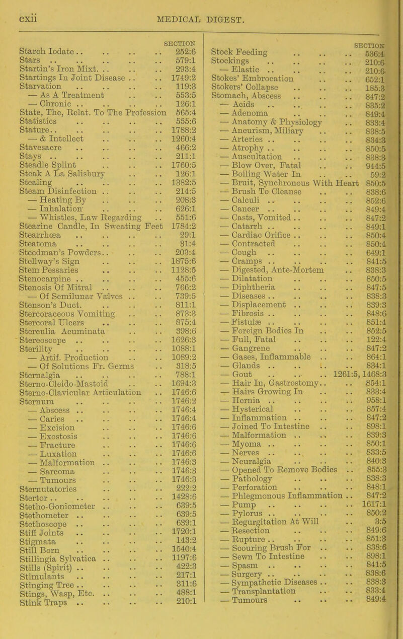 SECTION Starch lodato 252:6 Stars 579:1 Startin's Iron Mixt 293:4 Startings In Joint Disease .. .. 1749:2 Starvation .. 119:3 — As A Treatment .. .. 553:5 — Chronic 126:1 State, The, Eelat. To The Profession 565:4 Statistics .. .. .. .. 555:6 Stature 1788:2 — & Intellect 1260:4 Stavesacre .. .. .. .. 466:2 Stays 211:1 Steadle Splint 1760:5 Steak A La Salisbury .. .. 126:1 Stealing 1382:5 Steam Disinfection .. .. .. 214:5 — Heating By 208:3 — Inhalation- 626:1 — Whistles, Law Regarding .. 551:6 Stearins Candle, In Sweating Feet 1784:2 Stearrhcea .. .. .. .. 29:1 Steatoma .. .. .. .. 31:4 Steedman's Powders.. .. .. 203:4 Stollway's Sign 1875:6 Stem Pessaries .. .. .. 1128:5 Stenocarpine .. .. .. .. 455:6 Stenosis Of Mitral 766:2 — Of Semilunar Valves .. .. 739:5 Stenson's Duct 811:1 Stercoraceous Vomiting .. .. 873:3 Stercoral Ulcers 875:4 Stercrdia Acuminata .. .. 398:6 Stereoscope .. .. .. .. 1626:3 Sterility 1088:1 — Artif. Production .. .. 1089:2 — Of Solutions Fr. Germs .. 318:5 Sternalgia 788:1 Sterno-Cleido-Mastoid .. .. 1694:3 Sterno-Clavicular Articulation .. 1746:6 Sternum .. 1746:2 — Abscess 1746:4 — Caries 1746:4 — Excision 1746:6 — Exostosis 1746:6 — Fracture 1746:6 — Luxation 1746:6 — Malformation 1746:3 — Sarcoma 1746:3 — Tumours 1746:3 Sternutatories 222:2 Stertor 1428:6 Stetho-Goniomcter .. .. • • 639:5 Stethometer 639:5 Stethoscope .. .. • • • • 639:1 Stiff Joints 1720:1 Stiginata .. .. • • • • 143:2 Still Born 1540:4 Stillingia Sylvatica 1197:6 Stills (Spirit) 422:3 Stimulants .. .. •. ■ • 217:1 Stinging Tree 311:6 Stings, Wasp, Etc 488:1 Stink Traps 210:1 SECTIOir stock Feeding .. .. .. 536:4 Stockings 210:6 — Elastic 210:6 Stokes' Embrocation .. .. 652:1 Stokers' Collapse 185:3 Stomach, Abscess 847:2 — Acids 835:2 — Adenoma .. .. .. 849:4 — Anatomy & Physiology .. 833:4 — Aneurism, Miliary .. .. 838:5 — Arteries .. .. .. .. 834:3 — Atrophy 850:5 — Auscultation .. .. .. 838:3 — Blow Over, Fatal .. .. 944:5 — Boiling Water In .. .. 59:2 — Bruit, Synclironous With Heart 850:5 — Brush To Cleanse .. .. 838:6 — Calculi 852:6 — Cancer 849:4 — Casts, Vomited 847:2 — Catarrh 849:1 — Cardiac Orifice .. .. .. 850:4 — Contracted 850:4 — Cough 649:1 — Cramps .. .. .. .. 841:5 — Digested, Ante-Mortem .. 838:3 — Dilatation .. .. .. 850:5 — Diphtheria 847:5 — Diseases 838:3 — Displacement .. .. .. 839:3 — Fibrosis 848:6 — Fistula5 851:4 — Foreign Bodies In .. .. 852:5 — Full, Fatal 122:4 — Gangrene .. .. .. 847:2 — Gases, Inflammable .. .. 864:1 — Glands 834:1 — Gout .. 1261:5,1468:3 — Hair In, Gastrostomy.. .. 854:1 — Hairs Growing In .. .. 833:4 — Hernia 958:1 — Hysterical 857:4 — Inflammation 847:2 — Joined To Intestine .. .. 898:1 — Malformation 839:3 — Myoma 850:1 — Nerves 833:5 — Neuralgia 840:3 — Opened To Remove Bodies .. 855:3 — Pathology 838:3 — Perforation 848:1 — Phlegmonous Inflammation .. 847:2 — Pump 1617:1 — Pylorus 850:2 — Regurgitation At Will .. 3:5 — Resection .. .. .. 849:6 — Rupture .. .. .. .. 851:3 — Scouring Brush For .. .. 838:6 — Sewn To Intestine .. .. 898:1 — Spasm 841:5 — Surgery .. . - • • • • 838:6 — Sympathetic Diseases .. .. 838:3 — Transplantation .. .. 833:4 — Tumours .. . • • • 849:4