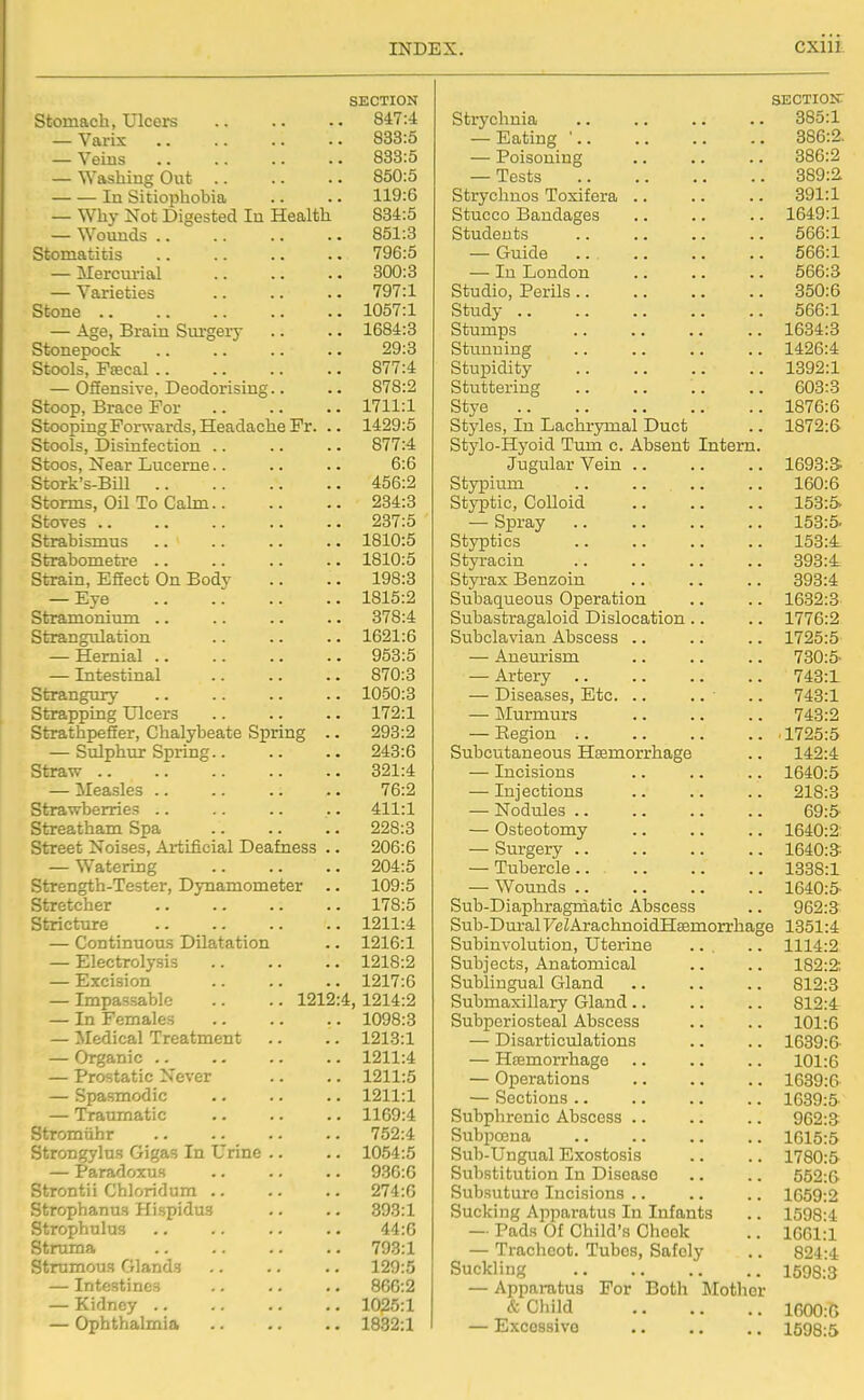 SECTION Stomach, Ulcers 847:4 — Varix 833:5 — Veins 883:5 — Washing Out 850:5 In Sitiophobia .. . • 119:6 — Why Not Digested In Health 834:5 — Wounds 851:3 Stomatitis 796:5 — Mercurial 300:3 — Varieties 797:1 Stone 1057:1 — Age, Brain Surgery .. .. 1684:3 Stonepock 29:3 Stools, Pc-ecal 877:4 — OSensive, Deodorising.. .. 878:2 Stoop, Brace For 1711:1 Stooping Forwards, Headache Pr. .. 1429:5 Stools, Disinfection 877:4 Stoos, Near Lucerne.. .. .. 6:6 Stork's-BUl 456:2 Storms, Oil To Cahn 234:3 Stoves 237:5 Strabismus 1810:5 Strabometre 1810:5 Strain, ESect On Body .. .. 198:3 — Eye 1815:2 Stramonium .. .. .. .. 378:4 Strangulation .. .. .. 1621:6 — Hernial 953:5 — Intestinal 870:3 Strangury 1050:3 Strapping Ulcers .. .. .. 172:1 StrathpeSer, Chalybeate Spring .. 298:2 — Sulphur Spring 243:6 Straw 821:4 — Measles 76:2 Strawberries .. .. .. .. 411:1 Streatham Spa 228:8 Street Noises, Artificial Deafness .. 206:6 — Watering 204:5 Strength-Tester, Dynamometer .. 109:5 Stretcher 178:5 Stricture 1211:4 — Continuous Dilatation .. 1216:1 — Electrolysis 1218:2 — Excision 1217:6 — Impassable .. .. 1212:4, 1214:2 — In Females 1098:3 — Medical Treatment .. .. 1213:1 — Organic 1211:4 — Prostatic Never .. .. 1211:5 — Spasmodic .. .. .. 1211:1 — Traumatic 1169:4 Stromiihr 752:4 Strongylus Gigas In Urine .. .. 1054:5 — Paradoxus 936:6 Strontii Chloridum 274:6 Strophanus Hispidus .. .. 393:1 Strophulus 44:0 Struma 793:1 Strumous Glands 129:5 — Intestines 866:2 — Kidney 1025:1 — Ophthalmia 1832:1 SECTIOir Strychnia .. .. .. .. 385:1 — Eating ' 386:2. — Poisoning 386:2 — Tests 389:2 Strychuos Toxifera .. .. .. 391:1 Stucco Bandages .. .. .. 1649:1 Students .. .. .. .. 566:1 — Guide 566:1 — In London .. .. .. 566:3 Studio, Perils 350:6 Study 566:1 Stumps 1634:3 Stunning 1426:4 Stupidity 1392:1 Stuttering .. .. .. .. 603:3 Stye 1876:6 Styles, In Lachrymal Duct .. 1872:6 Stylo-Hyoid Turn c. Absent Intern. Jugular Vein 1693:3- Stypium 160:6 Styptic, Colloid 153:5- — Spray 153:5. Styptics 153:4 Styracin 393:4 Styrax Benzoin .. .. .. 393:4 Subaqueous Operation .. .. 1682:3 Subastragaloid Dislocation .. .. 1776:2 Subclavian Abscess .. .. .. 1725:5 — Aneurism .. .. .. 730:5- — Artery 743:1 — Diseases, Etc • .. 743:1 — Murmurs 743:2 — Eegion 1725:5 Subcutaneous Haemorrhage .. 142:4 — Incisions .. .. .. 1640:5 — Injections .. .. .. 218:8 — Nodules 69:5 — Osteotomy 1640:2 — Surgery 1640:3-. — Tubercle.. 1838:1 — Wounds 1640:5- Sub-Diaphragmatic Abscess .. 962:3 Sub-DuralFeZArachnoidHffimorrhage 1351:4 Subinvolution, Uterine ... .. 1114:2 Subjects, Anatomical .. .. 182:2; Sublingual Gland 812:3 Submaxillary Gland.. .. .. 812:4 Subperiosteal Abscess .. .. 101:6 — Disarticulations .. .. 1639:6- — Heemoi-rhage .. .. .. 101:6 — Operations 1689:6 — Sections 1639:5 Subphrenic Abscess .. .. .. 962:3 Subpoena 1615:5 Sub-Ungual Exostosis .. .. 1780:5 Substitution In Disease .. .. 552:6 Subsuturo Incisions .. .. .. 1G59:2 Sucking Apparatus In Infants .. 1598-4 — Pads Of Child's Cheek .. 1G61:1 — Trachcot. Tubes, Safely .. 824:4 Suckling 1598:3 — Apparatus For Both Mother & Child 1G00:B — Excossivo 1598:5