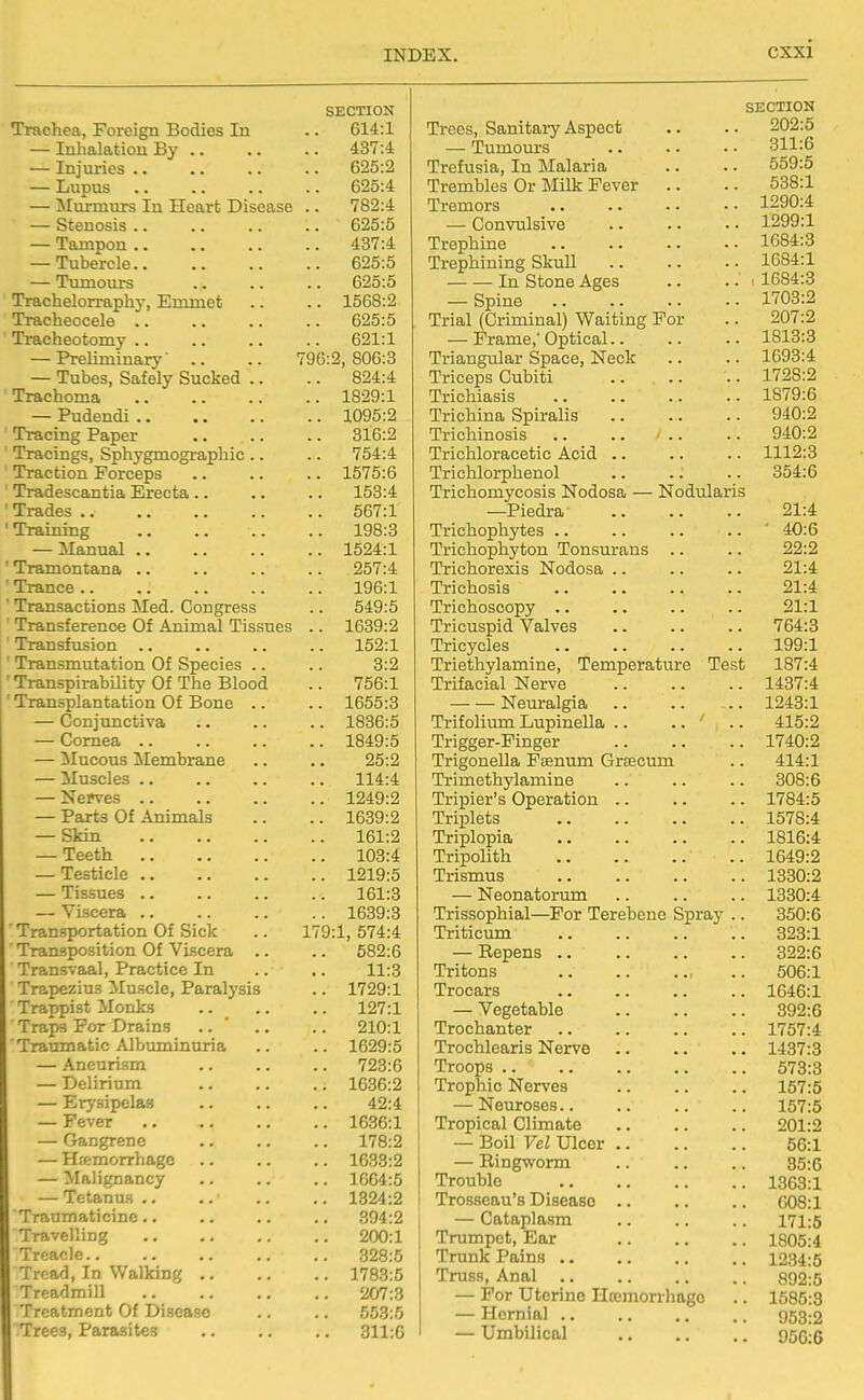 SECTION M^T*flf>npn Pnvf^icm Rrt/lioG Tn 614:1 — Inlifilatioii Rv 437:4 —_ TninTiPQ 625:2 •~— XJUL^Uo • • • • • ■ 625:4 — Murmurs In Sesirt Disease 782:4 OLcUUoio ■ • • • • • 625:5 — Tampon ,. ., 437:4 — Tubercle. • •. 625:5 ^ i 1 1 1 ^ LI ^ O « « • • 625:5 TVftf*Vipl(Tn*fl nil V P.TTtmcif. 1568:2 TrflipVl f>Of*pl fi JL X Ctt J t \^ \J Vp/ O * • ■ « * ■ 625:5 Traciieotomy 621:1 — Prelim.inary •. •. 796:2, 806:3 — Tnbp=5 Saffilv Rnrkpd JL-UUCOj KJOiLGiJ kJUuA,CU> ■ > 824:4 T7*af*Vtr>Tn a 1829:1 1095'2 316:2 Trfvoi n crc RnVi'f om ncrrn nli i 754:4 J. X CbL'UlL^i-L X. LflL'CUs • • ■ • 1575:6 TTftHpcponf.lP R'.TPpfQ 153:4 Ji^ X. OfV^CO «■ ■■ 567:1 Tmin in cr 198:3 ATfl mm 1 1524:1 ' Tramontana .. 257:4 ' Trance ., 196:1 Transactiorm IVTpd nnnErrp*?*? 549:5 Transference Of Animal Tissues .. 1639:2 Trarmfiminn 152:1 TrftTT^mntatiinn Of Rnpoipc- X. O-UoXXX UXLOt UlUXX kJLJC^-'XCO • • ■ TransBirabilitv Of The Blood ^ i tail o CJf Kjjux uy X JLJX\J\J\JL 756:1 ' Trans'nlant^a.hinn Of T-lnTip -A- X CJ* 1-1- »J W-Ju XX L!U UXl^^XX Vw/ X * J k_/XX\3 * * 1655:3 — Onninnphivn. — (lorn pp. V^WX XX^Ctt • • ■ ■ ■ • 1849:5 95-9 — ATnQflpQ ^XU3l^XCO ■ • ■ ■ • * 114.-4. Xi CX V C-o ■ • • ■ ( ( 1249:2 — Parfiq Of AniTTtalc: J, C*X UO \_/x 1 1 1 11 ^I a , — Skin 161:2 Teeth 103:4 TpQtiplp — Tissues .. 161:3 Viscera .. 1639:8 Trfl.Ti^T>ortati(*>n Of RjpIc 17f)-1 fi74.-4. Trarmnrmition Of Vi*?fpm. X. X CbXXw L/Vi/O X UX^yXX Vh/ X T ^uw^X Cm ■ « ■ ■ OO^i\J TTTin<ivaal Praot.ifp Tn X X QtXXO * CkCfeX J X. XuV^Uil^O XXX ■ • 11-^ TrPT^f^7\^m ATiim^lp ParalvQiQ XXuU^ZfXlXO ^'X, U-IVXCy X uXOrXVOlo 179Q'1 Trappist Monks 127:1 X LiM\/T3 X v/x x^xa>ixx>3 ■ ■ ■ • 91f)-1 Traumatic Albuminuria 1629:5 Aneurism 723:6 — Delirium 1636:2 FlrvQiTiplaci x^ X y L/^xc«o • ■ ■ ■ 49-4. —— Fever ■ • «• > < XDOD.i. V JCbXjXl. Clit^ • • • • 17fl'9 XXCCixiMI 1 ilU^U • ■ • • — Vf alicmaripv aFX €m X 1 ^X-iCkXXu y • * • * Tptanna XCiyUckLlUn ■ ■ • ( ■ ■ TrftTI Trt fl.t.1 f»l n P I i (•UlllCfebl<M'llJC« • • • • ■ • Travelling 200:1 Treacle .. 328:5 Tread, In Walking .. .. 1783:5 Treadmill .. 207:3 Treatment Of Disease .. 553:6 Trees, Parasites .. 311:6 SECTION Trees, Sanitary Aspect .. .. 202:5 — Tumours .. .. • • 311:6 Trefusia, In Malaria .. .. 559:5 Trembles Or Milk Fever .. .. 538:1 Tremors 1290:4 — Convulsive 1299:1 Trephine 1684:3 Trephining Skull 1684:1 In Stone Ages .. .. < 1684:3 — Spine 1'703:2 Trial (Criminal) Waiting For .. 207:2 — Frame,'Optical 1813:3 Triangular Space, Neck .. .. 1693:4 Triceps Cubiti 1728:2 Trichiasis 1879:6 Trichina Spiralis 940:2 Trichinosis 940:2 Trichloracetic Acid .. .. .. 1112:3 Trichlorphenol .. .; .. 354:6 Trichomycosis Nodosa — Nodularis —Piedra 21:4 Trichophytes .. .. .. .. ' 40:6 Trichophyton Tonsurans .. .. 22:2 Trichorexis Nodosa .. .. .. 21:4 Trichosis .. .. .. .. 21:4 Trichoscopy .. .. .. .. 21:1 Tricuspid Valves .. .. .. 764:3 Tricycles 199:1 Triethylamine, Temperature Test 187:4 Trifacial Nerve 1437:4 Neuralgia .. .. .. 1243:1 Trifolium Lupinella .. .. ' .. 415:2 Trigger-Finger 1740:2 Trigonella Fsenum Grtecum .. 414:1 Trimethylamine 308:6 Tripier's Operation .. .. .. 1784:5 Triplets 1578:4 Triplopia 1816:4 Tripolith .. 1649:2 Trismus 1330:2 — Neonatorum .. .. .. 1330:4 Trissophial—For Terebene Spray .. 350:6 Triticum 323:1 — Eepens 322:6 Tritons .. 506:1 Trocars 1646:1 — Vegetable 392:6 Trochanter .. .. .. .. 1757:4 Trochlearis Nerve 1437:3 Troops 573:3 Trophic Nerves 157:5 — Neuroses.. .. .. .. 157:5 Tropical Climate 201:2 — Boil Vd Ulcer 56:1 — Ringworm 85:6 Trouble 1363:1 Trosseau's Disease 608:1 — Cataplasm .. .. .. 171:5 Trumpet, Ear 1805:4 Trunk Pains .. .. .. .. 1234:5 Truss, Anal 892:5 — For Uterine Hcemorrhago .. 1585:3 — Hernial 953:2 — Umbilical 050:6