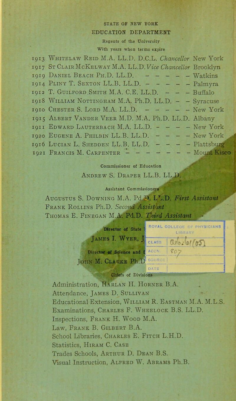 STATE OF NEW YORK EDUCATION DEPARTMENT Regents of the University Witli years when terms expire 1913 Whitelaw Reid M.A. LL.D. D.C.L. Chancellor New York 1917 St ClairMcKelway M.A. LL.D. Wee C/zanc^//or Brooklyn 1919 Daniel Beach Ph.D. LL.D. - - _ _ _ Watkins 1914 Pliny T. Sexton LL.B. LL.D. ----- Palmyra 1912 T. Guilford Smith M.A. C.E. LL.D. - - - Buffalo 1918 William Nottingham M.A. Ph.D. LL.D, - - Syracuse 1910 Chester S. Lord M.A. LL.D. ----- New York 1915 Albert Vander Veer M.D. M.A. Ph.D. LL.D. Albany 1911 Edward Lauterbach M.A. LL.D. - - - - New York 1920 Eugene A. Philbin LL.B. LL.D. - - - - New York 1916 LuciAN L. Shedden LL.B. LL.D. - - - - Plattsbi 1921 Francis M. Carpenter ------- Mount Kisco Commissioner of Education Andrew S. Draper LL.B. LL.D. Assistant Commissioners Augustus S. Downing M.A. Pd,r>. L^^.D. First Assistant Frank Rollins Ph.D. Second Assisfmt Thomas E. Finegan ]\I.A'. Pd.D. Vnird Assistant brk^l Urector of State! ROYAL COLLEGE OF PHYSICIANS LtDnARY James I. Wver. | guL-WtyT' Director of .Science and* accn. ^oy John M. Clarke Ph.D Chiefs of Divisions Administration, Harlan H. Horner B.A. Attendance, James D. Sullivan Educational Extension, William R. Eastman M.A. M.L.S. Examinations, Charles F. Wheelock B.S. LL.D. Inspections, Frank H. Wood M.A. Law, Frank B. Gilbert B.A. School Libraries, Charles E. Fitch L.H.D. Statistics, Hiram C. Case Trades Schools, Arthur D. Dean B.S. Visual Instiniction, Alfred W. Abrams Ph.B.