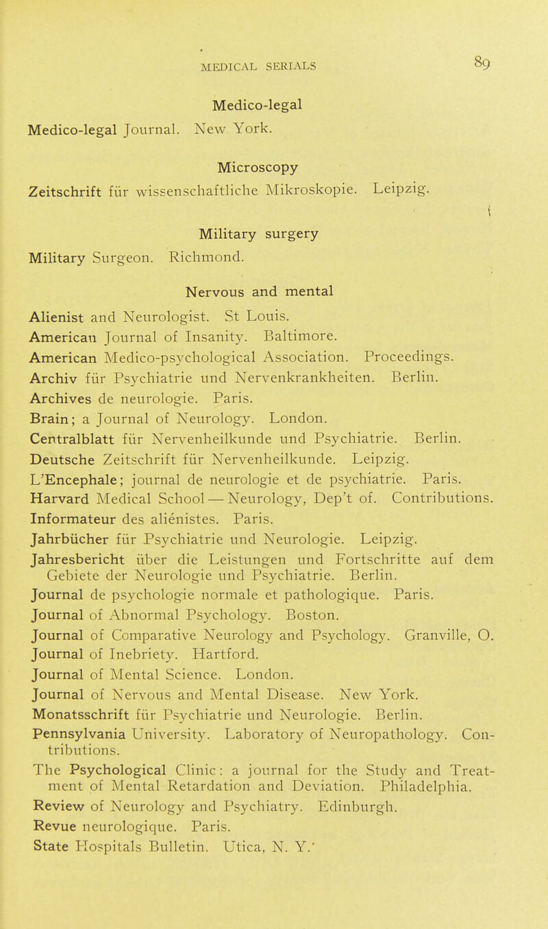 Medico-legal Medico-legal Journal. New York. Microscopy Zeitschrift fiir wissenschaftliche Mikroskopie. Leipzig. i Military surgery Military Surgeon. Richmond. Nervous and mental Alienist and Neurologist. St Louis. American Journal of Insanity. Baltimore. American Medico-psychological Association. Proceedings. Archiv fiir Psychiatric und Nervenkrankheiten. Berlin. Archives de neurologic. Paris. Brain; a Journal of Neurology. London. Centralblatt fiir Nervenheilkunde und Psychiatric. Berlin. Deutsche Zeitschrift fiir Nervenheilkunde. Leipzig. L'Encephale; journal de neurologie et de psychiatric. Paris. Harvard Medical School — Neurology, Dep't of. Contributions. Informateur des alienistes. Paris. Jahrbiicher fiir Psychiatric und Neurologie. Leipzig. Jahresbericht iiber die Leistungen und Fortschritte auf dem Gebiete der Neurologie und Psychiatric. Berlin. Journal de psychologic normale et pathologique. Paris. Journal of Abnormal Psychology. Boston. Journal of Comparative Neurology and Psychology. Granville, O. Journal of Inebriety. Hartford. Journal of Mental Science. London. Journal of Nervous and Mental Disease. New York. Monatsschrift fiir Psychiatric und Neurologie. Berlin. Pennsylvania University. Laboratory of Neuropathology. Con- tributions. The Psychological Clinic: a journal for the Study and Treat- ment of Mental Retardation and Deviation. Philadelphia. Review of Neurology and Psychiatry. Edinburgh. Revue neurologique. Paris. State Hospitals Bulletin. Utica, N. Y.