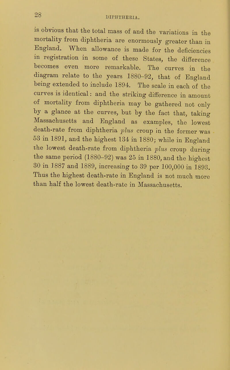 DIPHTHERIA. is obvious that the total mass of and the variations in the mortality from diphtheria are enormously greater than in England. When allowance is made for the deficiencies in registration in some of these States, the difference becomes even more remarkable. The curves in the diagram relate to the years 1880-92, that of England being extended to include 1894. The scale in each of the curves is identical: and the striking difference in amount of mortality from diphtheria may be gathered not only by a glance at the curves, but by the fact that, taking Massachusetts and England as examples, the lowest death-rate from diphtheria plus croup in the former was 53 in 1891, and the highest 134 in 1880; while in England the lowest death-rate from diphtheria plus croup during the same period (1880-92) was 25 in 1880, and the highest 30 in 3887 and 1889, increasing to 39 per 100,000 in 1893. Thus the highest death-rate in England is not much more than half the lowest death-rate in Massachusetts.