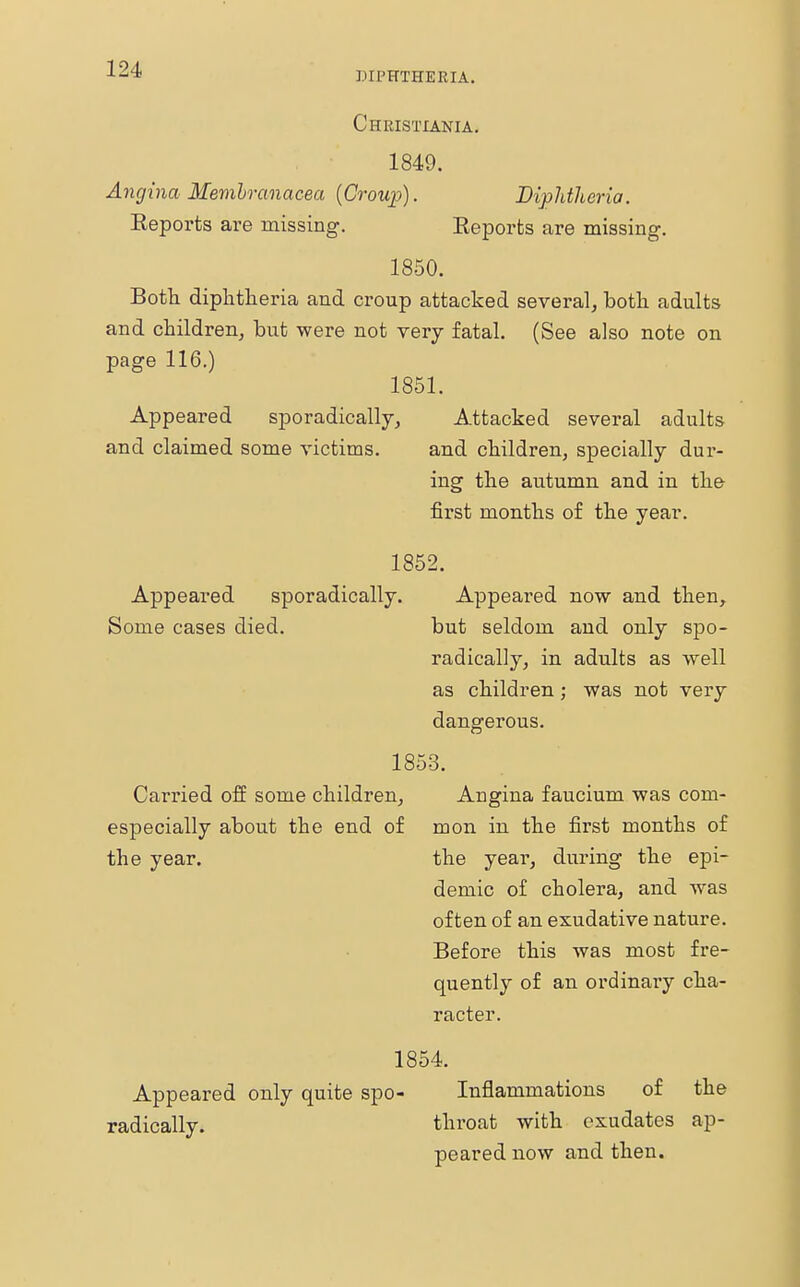 DIPHTHERIA. Cheistiania. 1849. Angina Memhranacea (Croup). Diphtheria. Eeports are missing. Eeports are missing. 1850. Both diphtheria and croup attacked several, both adults and children, but were not very fatal. (See also note on page 116.) 1851. Appeared sporadically, Attacked several adults and claimed some victims. and children, specially dur- ing the autumn and in the first months of the year. 1852. Appeared sporadically. Appeared now and then, Some cases died. but seldom and only spo- radically, in adults as well as children; was not very dangerous. 1853. Carried off some children, Angina faucium was coin- especially about the end of mon in the first months of the year. the year, during the epi- demic of cholera, and was often of an exudative nature. Before this was most fre- quently of an ordinary cha- racter. 1854. Appeared only quite spo- Inflammations of the radically. throat with exudates ap- peared now and then.