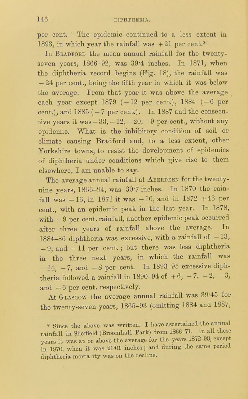 per cent. The epidemic continued to a less extent in 1893, in which year the rainfall was +21 per cent.* In Bradford the mean annual rainfall for the twenty- seven years, 1866-92, was 39*4 inches. In 1871, when the diphtheria record begins (Fig. 18), the rainfall was — 24 per cent., being the fifth year in which it was below the average. From that year it was above the average each year except 1879 (-12 per cent.), 1884 (-6 per cent.), and 1885 (- 7 per cent.). In 1887 and the consecu- tive years it was - 33, - 12, -20,-9 per cent., without any epidemic. What is the inhibitory condition of soil or climate causing Bradford and, to a less extent, other Yorkshire towns, to resist the development of epidemics of diphtheria under conditions which give rise to them elsewhere, I am unable to say. The average annual rainfall at Aberdeen for the twenty- nine years, 1866-94, was 307 inches. In 1870 the rain- fall was -16, in 1871 it was -10, and in 1872 +43 per cent., with an epidemic peak in the last year. In 1878, with -9 per cent, rainfall, another epidemic peak occurred after three years of rainfall above the average. In 1884-86 diphtheria was excessive, with a rainfall of -13, -9, and -11 per cent.; but there was less diphtheria in the three next years, in which the rainfall was -14, - 7, and - 8 per cent. In 1893-95 excessive diph- theria followed a rainfall in 1890-94 of + 6, - 7, - 2, - 3, and — 6 per cent, respectively. At Glasgow the average annual rainfall was 39-45 for the twenty-seven years, 1865-93 (omitting 1884 and 1887, * Since the above was written, I have ascertained the annual rainfall in Sheffield (Broomhall Park) from 1866-71. In all these years it was at or above the average for the years 1872-93, except in 1870, when it was 26-01 inches; and during the same period diphtheria mortality was on the decline.