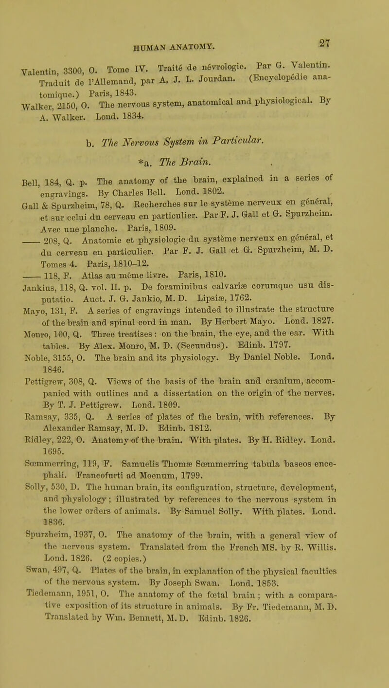 Valentin, 3300, 0. Tome IV. Traité de nécrologie. Par G. Valentin. Traduit de l'Allemand, par A. J. L. Jourdan. (Encyclopédie ana- tomique.) Paris, 1843. ■' < i . 1 _ Walker, 2150, 0. The nervous system, anatomical and physiological. By A. Walker. Lond. 1834. b. Tlie Nervous System in Particular. *a. Tlie Brain. Bell, 184, Q. p. Tlie anatomy of the hrain, explained in a series of engravings. By Charles Bell. Lond. 1802. Gall & Spurzheim, 78, Q. Reoherches sur le système nerveux en général, et sur celui du cerveau en particulier. Par F. J. Gall et G. Spurzheim. Avec une planche. Paris, 1809. 208, Q. Anatomie et physiologie du système nerveux en général, et du cerveau en particulier. Par F. J. Gall et G. Spurzheim, M. D. Tomes 4. Paris, 1810-12. 118, F. Atlas au môme livre. Paris, 1810. Jankius, 118, Q. vol. II. p. De foraminibus calvariœ corumque usu dis- putatio. Auct. J. G. Jankio, M. D. Lipsise, 1762. Mayo, 131, F. A series of engravings intended to illustrate the structure of the brain and spinal cord in man. By Herbert Mayo. Lond. 1827. Monro, 100, Q. Three treatises : on the brain, the eye, and the ear. With tables. By Alex. Monro, M. D. (Secundus). Edinb. 1797. Koble, 3155, O. The brain and its physiology. By Daniel Noble. Lond. 1846. Pettigrew, 308, Q. Views of the basis of the brain and cranium, accom- panied with outlines and a dissertation on the origin of the nerves. By T. J. Pettigrew. Lond. 1809. Ramsay, 335, Q. A series of plates of the brain, with references. By Alexander Ramsay, M. D. Edinb. 1812. Ridley, 222, O. Anatomy of the brain. With plates. By H. Ridley. Lond. 1695. Soommerring, 119, F. Samuelis Thomœ Sœmmerring tabula baseos ence- phali. Francofurti ad Moenum, 1799. Solly, 530, D. The human brain, its configuration, structure, development, and physiology ; illustrated by references to the nervous system in the lower orders of animals. By Samuel Solly. With plates. Lond. 1836. Spurzheim, 1937, O. Tlie anatomy of the brain, with a general view of the nervous system. Translated from the French MS. by R. Willis. Lond. 1826. (2 copies.) Swan, 497, Q. Plates of the brain, in explanation of the physical faculties of tho nervous system. By Joseph Swan. Lond. 1853. Tiedernann, 1951, O. Tlie anatomy of the fœtal brain ; with a compara- tive exposition of its structure in animals. By Fr. Tiedernann, M. D. Translated by Win. Bennett, M. D. Edinb. 1826.