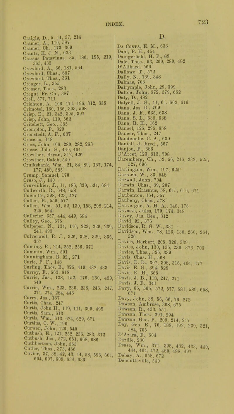 Craigie, D., 5, 11, 37, 214 Cramer, A., 110, 587 Cramer, Ch., 173, 309 Crnntz, H. J. N., «23 Crassus Patavinus, 35, 180, 195, 210, 363, 435 Crawford, A., 66, 181, 564 Crawford, Chas., 657 Crawford, Thos., 331 Creager, L., 355 Creaser, Thos., 283 Cregut, Pr. Ch., 387 Crell, 577, 711 Crichton, A., 106, 174, 196, 312, 335 Crimotel, 160, 166, 303, 508 Crisp, E., 21, 342, 395, 397 Crisp, John, 110, 562 Critchett, Geo., 385 Crompton, P., 329 Cronstedt, A. P., 637 Croserio, 148 Cross, John, 106, 280, 282, 283 Crosse, John G-., 440, 464 Crowther, Bryan, 312, 426 Crowther, Caleb, 540 Cruikshank, Wm., 21, 84, 89, 167, 174, 177, 450, 585 Crump, Samuel, 170 Cruso, J* 140 Cruveilhier, J., 11, 186, 330, 531, 684 Cudworth, R., 648, 658 Cuënotte, 398, 423, 427 Cullen, E., 559, 577 Cullen, Wm., 51, 52, 130, 158, 208, 214, 225, 564 Cullerier, 357, 444, 449, 684 Culley, Geo., 675 Culpeper, N., 134, 140, 222, 229, 230, 241, 493 Culverwell, R. J., 326, 328, 329, 335, 357 Cuming, R., 214, 252, 256, 371 Cummin, Wm., 501 Cunningham, R. M., 271 Curie, P. P., 148 Curling, Thos. B., 325, 419, 432, 433 Currey, F., 563, 618 Currie, Jas., 128, 152, 176, 260, 450, 540 Currie, Wm., 223, 230, 238, 240, 247, 271, 274, 284, 446 Curry, Jas., 167 Curtis, Chas., 247 Curtis, John IL, 110, 111, 309, 409 Curtis, Sam., 613 Curtis, Win., G13, 624, 629, 671 Curtius, C. W., 190 Curwen, John, 126, 540 Cutbush, E., 121, 252, 256, 283, 312 Cutbush, Jas., 572, 651, 668, 686 Cuthbertson, John, 565 Cutler, Thos., 373, 450 Cuvier, 37, 38, 42, 43, 44, 58, 596, 601, 604, 607, 009, 634, 630 D. Da Costa, E. M., 636 Dahl, P. 11., 464 Daingerfield, H. P., 89 Dale, Thos., 93, 260, 280, 482 D'Alibard, 566 Dallowe, T., 572 Dally, N., 169, 348 Dalmas, 706 Dalrymple, John, 29, 399 Dalton, John, 572, 579, 662 Daly, D., 482 Dalyell, J. G., 41, 61, 602, 616 Dana, Jas. D., 709 Dana, J. F., 635, 638 Dana, S. L., 635, 638 Dana, R. H., 162 Daneel, 126, 295, 658 Dancer, Thos., 247 Dandenelle, C. A., 630 Daniel], J. Fred., 567 Danjou, P., 686 D'Areet, 123, 513, 708 Daremberg, Ch., 52, 56, 216, 232, 525, 527, 696 Darlington, Wm,, 197, 625 Darrach, W., 33, 548 Darwall, John, 704 Darwin, Chas., 89, 207 Darwin, Erasmus, 58, 615, 016, 671 Daubenton, 164, 357 Daubeny, Chas., 578 Dauvergne, A. H. A., 148, 170 Davasse, Jules, 170, 174, 348 Davey, Jas. Geo., 312 David, M., 376 Davidson, R. G. W., 331 Davidson, Wm., 78, 123, 130, 260, 264, 326 Davies, Herbert, 205, 326, 339 Davies, John, 130, 136, 230, 376, 705 Davies, Thos., 326, 339 Davis, Chas. H., 568 Davis, D. D., 307, 308, 316, 464, 477 Davis, E. G., 394, 528 Davis, E. H., 605 Davis, J. B., 118, 247, 271 Davis, J. F., 341 Davy, 66, 565, 572, 577, 581, 589. 658, 671 Davy, John, 38, 56, 66, 76, 272 Dawson, Ambrose, 308, 675 Dawson, R,, 433, 551 Dawson, Thos., 291, 294 Dawson, Geo. P., 20!), 211, 217 Day, Geo. E., 70, 188, 102, 230, 321, 584, 705 ' D'Azatn, F., 604 Dazille, 2..0 Dease, Wm., 371, 398, 432, -133, 440. 444, 404, 472, 480, 488, 497 Debay, A., 658, 672 Deboutteville, 540