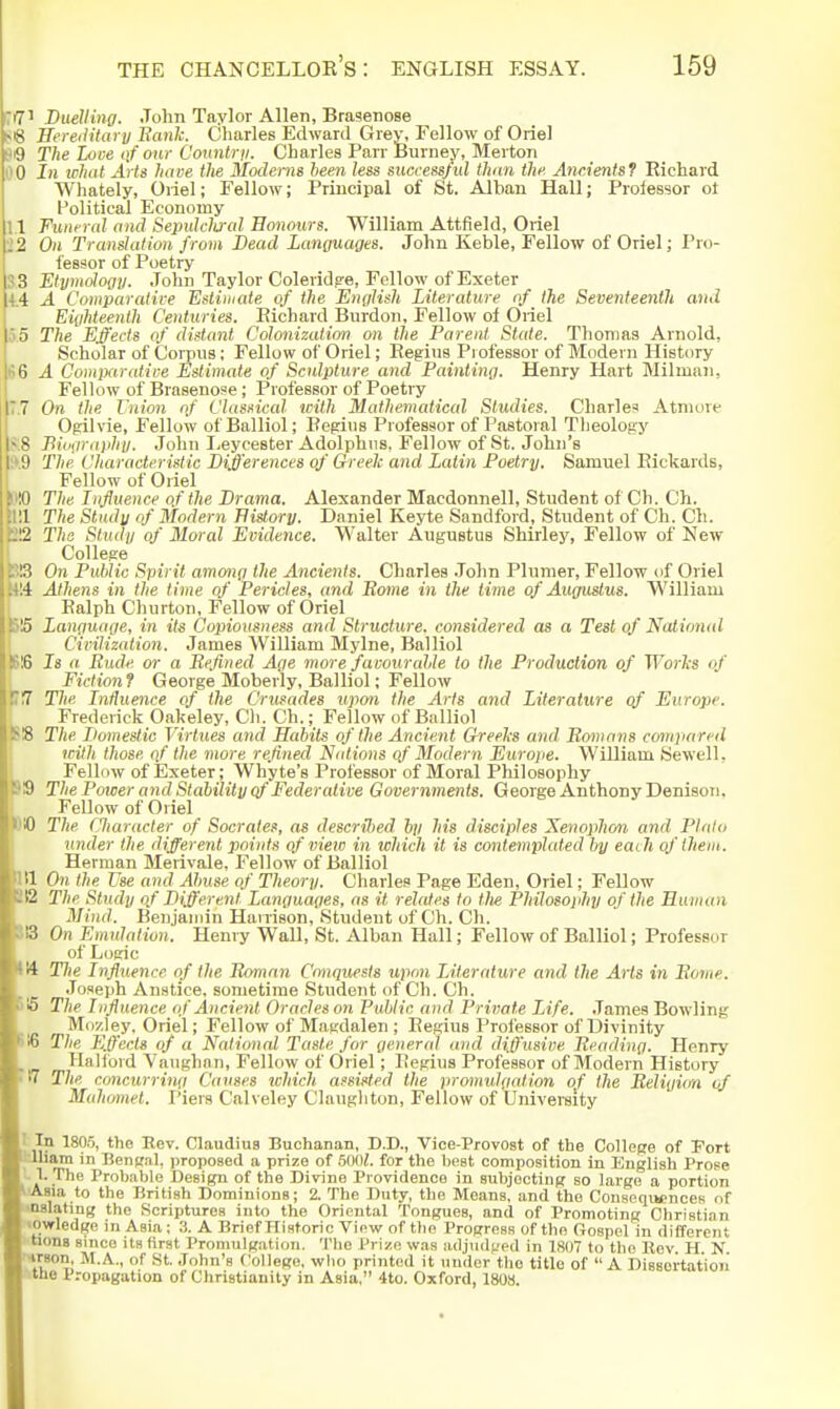 7^ J Duelling. John Taylor Allen, Brasenose ^8 Hereditary Eanh. Charles Edward Grey, Fellow of Oriel 9i9 The Love qf our Conntrii. Charles Parr Burney, Merton OO In what Arts have the Modems been less success/id than the Ancients? Eichard Whately, Oriel; Fellow; Principal of St. Alban Hall; Prolessor ot Political Economy M Funrral and Sepulch'al Honours. William Attfield, Oriel 22 On Translation from Bead Languages. John Keble, Fellow of Oriel; Pro- fessor of Poetry 33 Etymdogy. John Taylor Coleridfre, Fellow of Exeter ,4.4 A Comparative Estimate of the English Literature of the Seventeenth and Eighteenth Centuries. Eichard Burdon, Fellow of Oriel 0.5 The Effects of distant Colonization on the Parent State. Thomas Arnold, Scholar of Corpus; Fellow of Oriel; Begins Pi ofessor of Modern History i& A Comparative Estimate of Sculpture and Painting. Henry Hart MilmuJi, Fellow of Brasenose; Professor of Poetry .7 On the I'nion of Classical with Mathematical Studies. Charles Atnioie Ogilvie, Fellow of Balliol; Bepiiis Professor of Pastoral Theology ?,8 Biograjihy. John Leycester Adolphiis. Fellow of St. John's A9 The Characteristic Differences of Greek and Latin Poetry. Samuel Eickards, [ Fellow of Oriel * !0 The Influence of the Drama. Alexander Macdonnell, Student of Ch. Ch. :l The Study of Modern History. Daniel Keyte Sandford, Student of Ch. Ch. -'2 The Study of Moral Evidence. Walter Augustus Shirley, Fellow of New- College . 13 On Public Spirit ammig the Ancieiits. Charles John Plumer, Fellow of Oriel :4 Athens in the time of Pericles, and Rome in the lime of Augustus. William Ealph Churton, Fellow of Oriel S Language, in its Coinoiisness and Structure, considered as a Test of Nalion(d Civilization. James William Mylne, Balliol : 16 Is a Rude or a Refined Age more favourcd/le to the Production of Worlcs of tFiction f George Mobevly, Balliol; Fellow 17 The Influence of the Crusades upon the Arts and Literature of Europe. Frederick Oakeley, Ch. Ch.; Fellow of Balliol 18 The Domestic Virtues and Habits of the Ancient Qreelts and Romans compared with those of the more refined Nations qf Modern Europe. William Sewell, Fellow of Exeter; Whyte's Professor of Moral Pliilosophy The Poioer and Stability qf Federative Governments. George Anthony Denison. Fellow of Oriel The Cliaracter of Socrates, as described by his disciples Xenophon and Plato under the different points of vieio in which it is contemplated by each of them. Herman Merivale, Fellow of Balliol 111 On the Use and Abuse of Theory. Charles Page Eden, Oriel; Fellow 112 The Study of Different Languages, as it relates to tlie Philosophy of the Human Mind. Benjaniin Harrison, Student of Ch. Ch. SB On Emulation. Henry Wall, St. Alban Hall; Fellow of Balliol; Professor of Logic 114 The Influence of the Roman Conquests upon Literature and the Arts in Rome. Joseph Anstice, sometime Student of Ch. Ch. 515 The Influence of Ancient Oracles on Public and Private Life. James Bowling Md'/.ley, Oriel; Fellow of Magdalen ; Begins Professor of Divinity 616 The Eff'ects of a National Taste for general and diffusive Reading. Henry Hallbid Vaughnn, Fellow of Oriel; Begins Professor of Modern History ' The concurring Causes tchich assisted the promulgation of the Religion of Mahomet. Piers Calveley Claugliton, Fellow of Univereity lull? Claudius Buchanan, D.D., Vice-Provost of the College of Port Ihlliam in Bengal, proposed a prize of 5001. for the best composition in English Prose . l. The Proljable Design of the Divine Providence in subjocting so largo a portion ^■Aaia to the British Dominions; 2. The Duty, the Means, and the ConsequcnceK of •DSlating the Scriptures into the Oriental Tongues, and of Promoting Christian lOvrledge in Asia; 3. A Brief Historic View of the Progress of the Gospel in different tiona Binco its first Proniulg.ation. The Prize w.as luljud^'ed in 1807 to the Eev H N - John's College, wlio printed it under the title of  A Dissertation Mne Propagation of Christianity in Asia, 4to. Oxford, 1808.