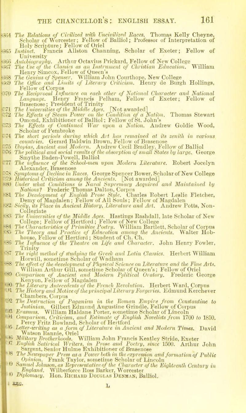 ; • The Belations of Virilized with Uncivih'zpcl Baces. Tliomas Kelly Clieyne, Scholar of W orcester; Fellow of Balliol; Professor of Interpretation of Holy Scripture; Fellow of Oriel •>r> Iiii'tin'ct. Francis Allstou Channiug, Scholar of Exeter; Fellow of University ■I '. Autchioyraphy. Arthur Octavius Prickard, Fellow of New College ■ -r.7 The Use of tlie Classics ns an InstruineiU of Christian Education. William Henry Simcox, Fellow of Queen's The Genius of Spenser. William John Courthope, New College The Office and Limits of Literary Criticism. Henry de Burgh Hollings, . Fellow of Corpus iTtTO The Heciprocul Influence on each other of National Character and National I Lanuiuiiie. Henry Francis Pelham, Fellow of Exeter; Fellow of I Brasenose; President of Trinity iTlTl The Ihdversities of the Middle A(ies. [Not awarded] p72 The Ejf'ects (f Steam Power on the Condition of a Nation. Thomas Stewart I Omond, Exhibitioner of Balliol ; Fellow of St. John's p73 The Effects of Continued War upon a Nation. Andrew G oldie Wood, I Scholar of Pembroke r-74 Tlie shoi't periods during ichich Art lias remained at ils zeiiith in various \ countries. Gerard Bakhvin Brown, Fellciw of Brasenose |T;T5 TJtoiiias, Ancient and Modern. Andrew Cecil Bradley, Fellow of Balliol |Ti76 The political and social results of the absorption of small States by large. G eorge Smythe Baden-Powell, Balliol 1777 The influence of the School-men upon Modem Literature. Eobert Jocelyn Alexander, Brasenose C78 Symptoms of Decline in Races. George Spencer Bower, Scholar of New College r.79 Historical Criticism among the Ancients. [Not awarded] 1*80 Under tchat Conditions is Naval Supremacy Acquired a»irf Maintained hy I Nations? Frederic Thomas Dalton, Corpus VSl The Development of English Prose Style. Charles Bobert Leslie Fletcher, _ Demy of Magdalen; Fellow of All Souls; Fellow of Magdalen ^ii2 Sicily, its Place in Ancient History, Literature and Art. Andrew Potts, Non- Collegiate NS3 The Universities of the Middle Ages. Hastings Rashdall, late Scholar of New College; Fellow of Hertford; Fellow of New College 164 The Characteristics (f Primilive Poetry. William Bartlett, Scholar of Corpus WSi The Theory and Practice of Education among the Ancients. Walter Hob- house. Fellow of Hertford ; Student of Cli. Ch. SG The Influence of the Theatre on Life and Character. John Henry Fowler, Trinity '57 The right method of studying the G^ eek and Latin Classics. Herbert William Horwill, sometime Scholar of Wadham (68 The effect of the development of Physical Science on Literature and the Fine Arts. William Artlnn' Gill, sometime Scholar of Queen's; Fellow of Oriel ffi9 Comparison of Ancient and. Modern Ppliticcd Oratory. Frederic George Kenyon, Fellow of Magdalen (80. The Literary Antecedents of the French Perolution. Herbert Ward, Corpus Wl The Hiftory and Motive of tlie principal Literary Forgeries. Edmund Kerchever Chambers, Corpus S-t2 The Destruction of Paganism in the Itoman Empire from Constantine to Justinian. Gilbert Edmund Augustine Grindle, Fellow of Corpus 883 Erasmus. William Haldane Porter, sometime Scholar of Lincoln W4 Comparison, Criticism, and Estimate of English Ncmelisls from 1700 to 1850. Percy Fritz Rowland, Scholar of Hertford '•>5 Letter-utriting as a form cf Literature in Ancient and Modern Times. David Watson liannie. Oriel Military Pirotherlioods. William John Francis Keatley Stride, Exeter 'Yi English Satirical Writers, in Prose and Poetry, since 1500. Arthur John Sargent, Senior Hulme Exhibitioner of Brasenose The Newspaper Press as a Power both in the expression and formation cif Ptdilic Opinion. Frank 'J'aylor, sometime Scholar of Lincoln '•9 Samuel .Tohnson, as Jlrpresenlaliveof the Character of tlie Eighteenth Century in England. Wilbertbrcc Ross Barker, Worcester 10 Diplomacy. Hon. Eichaku Douglas Demman, Balliol.