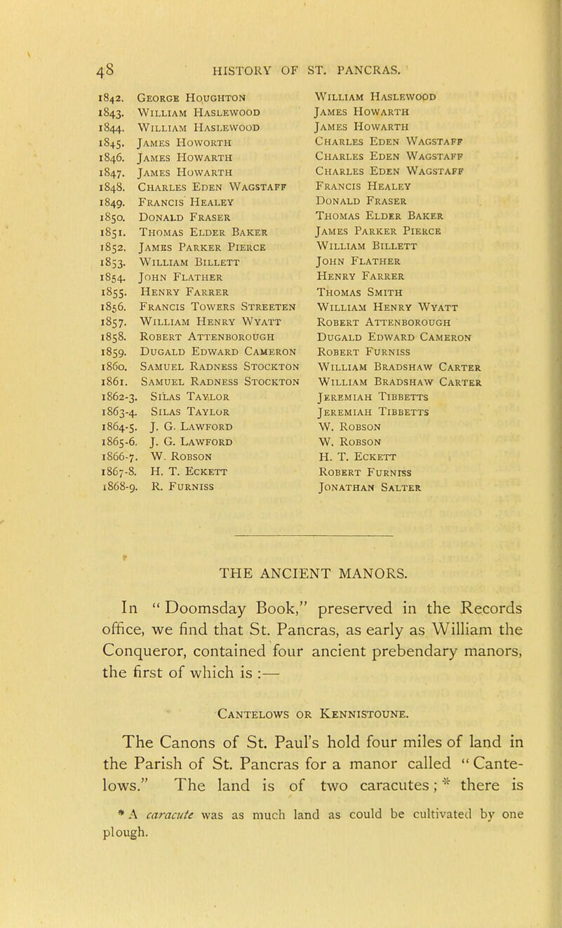 1842. George Houghton 1843. William Haslewood 1844. William Haslewood 1845. James Howorth 1846. James Howarth 1847. James Howarth 1848. Charles Eden Wagstaff 1849. Francis Healey 1850. Donald Fraser 1851. Thomas Elder Baker 1852. James Parker Pierce 1853. William Billett 1854. John Feather 1855. Henry Farrer 1856. Francis Towers Streeten 1857. William Henry Wyatt 1858. Robert Attenborough 1859. Dugald Edward Cameron 1860. Samuel Radness Stockton 1861. Samuel Radness Stockton 1862- 3. Silas Taylor 1863- 4. Silas Taylor 1864- 5. J- G. Lawford 1865- 6. J. G. Lawford 1866- 7. W. ROBSON 1867- 8. H. T. Eckett 1868- 9. R. Furniss William Haslewood James Howarth James Howarth Charles Eden Wagstaff Charles Eden Wagstaff Charles Eden Wagstaff Francis Healey Donald Eraser Thomas Elder Baker James Parker Pierce William Billett John Flather Henry Farrer Thomas Smith William Henry Wyatt Robert Attenborough Dugald Edward Cameron Robert Furniss William Bradshaw Carter William Bradshaw Carter Jeremiah Tibbetts Jeremiah Tibbetts W. ROBSON W. ROBSON H. T. Eckett Robert Furniss Jonathan Salter r THE ANCIENT MANORS. In  Doomsday Book, preserved in the Records office, we find that St. Pancras, as early as WilHam the Conqueror, contained four ancient prebendary manors, the first of which is :— Cantelows or Kennistoune. The Canons of St. Paul's hold four miles of land in the Parish of St. Pancras for a manor called  Cante- lows. The land is of two caracutes; there is * A caracute was as much land as could be cultivated by one plough.