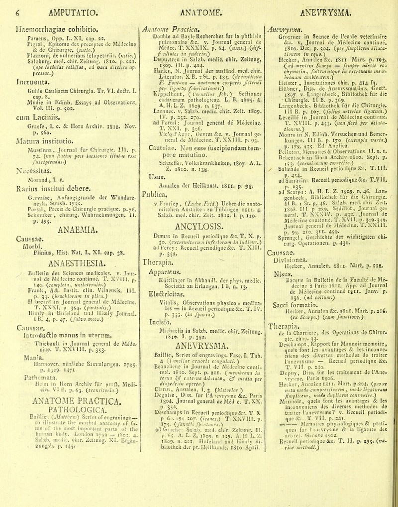 Hiiemorrhagiae cohibitio. Fargeus, Opp. L. XI. cap. 22. Pigrai, Epitome des preceptes Je Me'dcciRe de Chinirj^ie. {ustio.} Fhzzoni, de viiliieritjiis fclopetariis, (^ustio.') Salzbiirg. meii. cliir. Zeitiiiig. iSio. p.231. (npe laciniue reiiciae, ad vasa disciisa ap. fressue.') Incrueiita. Guido Cauliacus Chirurgia. Tr. VI. dodlr, I. cap. 8. Mudie in Ediiib. Essays ad Oljservations. Vol. III. p. 50S. cum Laciiiiis, Gracfc, 1. c. & Ilorii Archiv. 1811. Nov. p. s6o. Matura institutio. Mursinna, Jonrna! fiir Chirur?;ie. 111. p. 74. (non fiatim ^ost laesioncs ilkU^u esie fusciyiendas.) Necessitas. Morand , 1. c. Raiius iustitui debere. G.rvaise, AnFangsgriinde der Wutidarz- neyk. Strasb. 175!;. Portal, Precis iJe Chirurgie pratiiiue. p.76. Sckiiuilier , chirurg. Walunehmungen. 11. P- 49S- ANAEMIA. Caussae. fvlorbi, flinius, Hist. Nat. L, XI. cap. 38. ANAESTHESIA. j Eitlletin des Sciences medicales. v. Joijr- ^ iial de Me lecine continue. T. X Vlli. p, 140. (coiHpleta., unilaterulis.) Frank, Aft. Instit. clin. Vilneusis. III. p, 33. {bracbiorum in plira.) H brenr! in Journil general de Me'decine. T. XXXF. p, 364. (partialis.) llimiy ia lltifeljnil uiiJ Hitnly Journal, 1 B, 4, p. 47, {falvo tr.oiu.) Caussae, Introduftio manus in uteriitn. Tliiebault in Journal general de Me'de. cine. T. XXVUI. p. 353. M.an'a. Hannover. niizliche Samailungen. 1785. p. 1329. 1471. Pathemata, Heim in Horn Archiv fiir p':z{k. Medi- cii\, VI i5, p, 63. (transitoria.') ANATOME PRACTICA. PATHOLOGiCA. Baillie, (Matthewy Series oFengravin^s—=. to ilinstr.ite the morhid anato.ny oF fo- uie Ol tiifc niost impnrtant p.^rts of the hihiian bo ly. London 1799 —• iSci, 4. Salzb. uKdiL-. chir. Zeitung. XI. Ergiin, aungsb. p. t45- /Incitome Practicct, Double ad Bayle Recherches fur la phthisie piilmonaire S:c. v. Journal general de Medec. T. XXXIX. p. 64. Qtsus.) Qdif- f tiliates in judicio.') DKpuytrea in Salzb. medic^ chir. Zeitiing, 1S09. IH. p. 414. Harles, N. Journal der ausliifid, med.chir. Literatur, XB. iSt. p, Ig^. (^de instituto F. Fontana — auatomen corporis Jistendi per Ugneds fabricationes.) Ktppelhciit, {Cornelius Jnh.') Sedliones cadaverum pathologicac, L, B. 1805. 4, A. H, L,Z. 1809. n. 137. Laennec. v. Salzb, medic. chir. Zeit. 1809. IV. p. 253. 270. adPortal: Jounial general de Medecine. T. XXJ, p. 3c6. Vic'qd'Azyr, Oevres &c. v, Jourrial ge- neral de Me'.lecine, T. XXIII. p, 93. Cautelae. Nen esse luscipiendam tem- pore matutlno. Scliaeffei-, Volkskranliheiten. 1807, A,L. Z. 1810, n. 138. Usus. AiHialeii der Heiikiinst. 1811. p. 53, Publica. v.Froricp , (Lud^v.Frid.) Uebrr die anato- niischen Anstalte 1 zu Tiibingen ISII. 4, Salzb, med. chir. Zeit, 1813. 1, p, 120. ANCYLOSIS. Dumas in Recueil periodique &c,T. X. p. 30. (extremitat:i.n inferioruni in ludionc.) aiiFercy: Recueil pericdiq^ue&c. T, XIII. P- 353- Therapia. ^ Apparatus. Ktittlinser in Abhmdl. der phys, medic. Societiit zu Erlangen, I B, n. 13. Eleftricitas. Vitalis, Observations physico - medica- les — in ttecueil periodique &c. T. IV. P- 333. 0« fpuria.) Incisio. Michaeiis in Salzb. meJic, chir. Zeitunjj. l8l9. I. p. 3g3. ANliVRYSMA. Baillie, Series of enqravings. Fasc. I. Tab. 4 QlinielUi! cruoris cnguluti.) Beauchcne in Journal de JVlaiecirie conti- nue. 1810. Sept. p. 21 r. f^menthrana in tema £9 extenia diluutit, £? media per diapedesin apcrta.) Cbrus, Antialen. I. 3 (historiae ) Deguise , Diss. fur TA levrysme &c. Paris IK04. Journal general deMe'd c, T. X,X, P 3S4. Dc^champs in Recueil periodiqueT X P 6 .191 :o7. (icoues.) T XXVIII. p. 175- (fanatio fp ntaue.t.) ad Gr.ietfe : Sa'z!). med. chir, Zeit;in<?-. If. |. 6; A. L, Z. 1809. n 1:9, A H L. Z. 1809. n. 221. Hiifelaiul um! Himly Bi- bliothek dtr pr. Heilkuade. 1810. April. Grognier in Seance de 1'ecile veterinjire &c. v. Journai de Medecine continue. 18 iQ. Dec, p. 504. (jpcr Jiutplicem dilata' ti-jnem in equo.) Hecker, Annalen&c, 1811 Mart. p. rpj. -(ad mentcm Scarpa — fcmper adesse fe- chymosin, faltemusque in extremam mem' hranam amhientem.) Heister , Institiiliones chir. p. 4i4 fl. Hiibner, Diss. de J^nevrysmatibus. Goett. , 1807. V. Langenbeck, Bibliothek fdr dic '(.hirurgie, II B, p, 369. Laiigcnbeck, Bibliothek fiir die Chirurijie. lii B, p. 107. (folius urteriae ligatu-ra.~) Leveille' in Journal de MeJecine continue. T. XVIII. p, 453. (_non fieri per dilata^ tionem.) Monro in N, Edinb. Vcrsuchen und Bemer- kungen. III B. p. 170 (exempla varia.) p. 178. 23?- Ed. Anj'Uca. Pellet.in, iMcmoires & Observations, II. n, i. Rebeut.sch in Hom Archiy i8io. Sept. p. 153, (terntinoyum correciio.) ' Salmade in lleoueil perioJique &:•, T. III. p. 4i;4. adSarrazin: Recueil pcriodique &c. T.VII. p. 235. ad Scarpj: A. H. L, Z. igoj. n. 46. Lan- genbeck, Bibliothek fiir die Chirurgie. II B. I Sr. p. 46. Salzb. med.cliir Zeit. iSoa. in. p 2S9. SeJillot, Journal ge- neral. T, XXXIV. p. 433,, Journal de Medecine continue, T. XVII. p. 3c5>-3s9. Journai general de Medecine, T, XXill. p. 9«- 2ro. 311. 4?o- Sprengel, Geschichte der wichtigsten chu rurg, Oiietationen. p. 431. Caussae. Divl siones. Hcckcr, Annalen. 1811. Mart. p. 22«. Nisus. Bacqne in Bulletin de la Faculte de Me- dec'ne a Paris 18il. App. ad Journal de Medecine continue igir. Janv. p. 136. («i collum.) Sacci formatio. Hecker, Annalen&c. iSil. Mart. p. sltf. (ex. Scarpa.) (cum fanutione.) Therapia. de la Charriere, des Operations de Chirur- gic. chjp. 33. Deschamps, Rapport fur Maunoir memoire, quels font les avantages & les incosve- niens des diverscs methodes de traiter Panevrysme — Recuesl perioJique &c. T. VI!. p. 240. Dupuy, Diss, fur les traitemcnt de rAne- vry^me. Paris IS06. Hecker, Annalenigii. Mart. p.204. (pro re njtaiiioio co-mpi-essionetn , inodo ligaturam finiplicem , mod» dnplicem convenire.) Mauiioir, quels font les avantages & les inconveniens des diverses methodes de traiter ranevrvsme? v. Becueil periodi- que &. T Vil. p. 241. _ Memoires physiologiques & prati- ques fur r.i.iuvrysme & ia ligature des artires, Gsiieve 1 *;o3. Reoiieil periodsque &c. T. II. p. 295. (va. ric-.e mcthodi.)