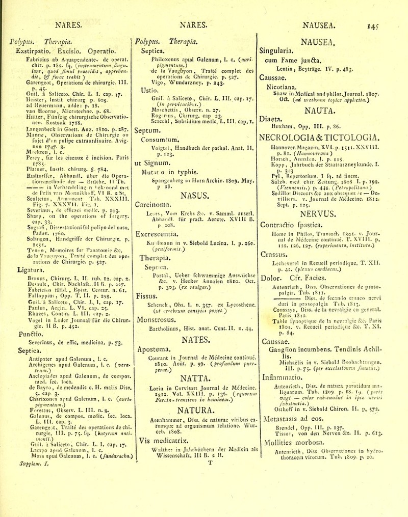 NARES. NARES. NAUSEA. Folypm. TheTi^.piit. Exstirpatio. Excislo. Operatlo. Fabriciiis ab Afjuapendente. de operat. chir. p. 182. fq. (^instrunjpntum Jingn- lare, quod fimul praecidit , apjirehen- dit, fjf feras trahit ) Garen;;cot, Operations de chirurgie. III. P. 45- Gnil. a Saliceto. Chir. L I, cap. 17. Heister, Instit chirurg p. 603. ad HeiieriTniin, adde: p. 18. van Hoorne, Wicrntephne. p. 68. Hiilter, Fiinfzig chirurgischeObservatio. neii. Rostock 1718. Lani;enbecit in Goett. Anz. 1810, p. 287. Manne, Observarions de Chirtrgie 011 fujet d'i'n polipe extraordinaire. Avig- non 1747. 8. M ekreii, I. c. Percy , fur les ciseaux e incision. Paris 1785. Platner, Instit. chirurg. § 784. RudtornTcr, Abhaniil. uber die Opera- tionsmethod? der — i5riiche. II Th. — in VL-rb.indeling n 'lekfoond mt-i de Priis vnn M innikhoff. VI B. 3 St. Scultetus, Arnnmfnt T.ib. XXXIII. Fig. 7. XXXVIi. I. Severinus, de efficaci me iic. p. 103. Sharp, on the opeiations of firgery. cap. 3:?. _ Sografi , Dis^ertazioni ful polipo del naso. Padov. 1760. Solingen, HandgrifFe der Chirurgie. p. i«:5f. Tennn, Memoires fiir !'3iintoinie &c. de la Vdui-hvoii , Tra'te compl.-t des ope- rations de Chirurgie. p. 527, Ligatura. Brunus, Chirurg. L, II rub. 12. cap. s. De^^ault, Chir. Nachlafs.,11 6. p. 2:7. FabriciiiS tiihl., lipist. CeiUur. n. 61. Falloppius, Opp. T. II. p. 2y8. Guil. a Saliceto, Chir. L. I. cap. 17. Paulus, Aei;in. L. VI. cap. 25. Rhazes, Contin. L. III. cap. 2. Vogel in Lodcr Journal fiir die Cliirur- gie. II B. p, 453. Punftio, Severinus, de effic. medicina. p. 73. Septica. Antipater apud Galenum , 1. c. Archigenes apud Galenum, 1. c. (•wffs- trunt.') Asclcpiailes apud Galenuni, de compos. nied. fec. ioca. de Bayro, de medendis c. H. malis Diss. S. cap 3. Charixones apud Galenum, 1. c, {auri- figmentum.) Forestus, Observ. L. III. n. g. Galenus, de compos. medic. fec. loca. L. III. cap. 3. Garengejt, Traite des operations de chi- rurgie. III. p. 75. ft]. {Iiutyrum anti- inonii.') Guil. a Saliceto, Ciiir. L. I. cap. 17. Lampo apiid Gslenum, I. c. Musa apud Galenum , 1. c. {fandarticha.) Sttfpkm, I, Polypiit. Therapia. Septica. Philoxenus apiid Galenum, 1. c. {ami ■pjgmentum,) Tle la Vauguyon , Traite complet des operations de Ghirnrgie. p. 527. Vigo, Wundarzney. p. 343. Ustio. Guil. a Saliceto, Chir. L. III. cap. 17. (jn pervicacihjiS.') Maichettis, Observ. n. 27. Rog rius, Chirurg. cap 33. Scacchi, Siibsidium medic. L. III. cap. i. Septum. Consumtnm. Voigtoi, Handbuch der pathol. Anat. II. p. 123. ut Signum, IVlut u o in typhis. bpangenVierg in HornArchiv. 1809. May. P 28. NASUS. Carcinoma. Lc. rs, Vom Krebs &c. v. Samml. auserl. Abhaiull, Fiir praft. Aerzte. XVIII B. p 'J08. Excrescencia. Kii Iniann in v. Siebold Lucina, I. p. 36fi. {pcniformis.) Therapia. Sepi: c:a. Portal, Ueber fchwammige Auswiichse &c. V. Hecker Annalen 1810. Oct. p. 303. (^ex realgar.) Fissus. Schenck , Obs. I. n. 357. ex Lycosthene. (ut ce^-ebrum conspici posset-) Monscrosus. Bartholinus, Hist. anat. Cent. II. n, 44. NATES. Apostema. Couraiit in Journal de Medecine continue. 1810. Aout. p. 99. (profundum pucr- periie.^ NATTA. Lorin in Corvisart Journal de Medecinc. 1312. Vol. X.X.111. p. 136. (equortiiii Fiinin~transiens in hominem.') . NATURA. Asenhammer, Diss. de naturae viribus ea- rumque ad organismum relatione. Wur- ceb. 1808. Vis meiiicatri.if. Walther in Jahrbiichern der Medicin als Wissenschaft. IH B. £ Ih NAUSEA, Singularia. cum Fame junfta, Lentin, Beytriige. IV. p, 483. Caussae. Nicotiana. Snaw inMedical and philos.Joiirnal. 1807. 0(£l, (ttd uiethrmi topice applxita.') NAUTA. Diaet.n. Huxham, Opp. III. p. 86. NECROLOGIA&TICTOLOGIA. Hannover.Magazin. XVI. p. 1511. XXVllI. p. 81. (Hunnrjverana) Hor^ch, Aiiiialjii. I. p. 11? Kopp, Jahrbuch der Staatsarzneykunde. L I'- 3<J3 Pyl , Repertoriuin. I fq. ad niiem. Salzb. med chir Zcitung. t8o8 I. p. 193. (J^tennensis.) p. 4.}S. ( Petrupolitaun ) Sedillo' Discours &c aux obseques .'e — De- villiers. v. Joiirnal de Medecine. 18x2. Scpt. p. 125. NERVUS. Contradio fpastica, Home in Philos. Transacl. iSoT. v. Jour- nal de Medccine contiiuie'. T. X.Vin. p. 122. 126. 127. (experimenta, instituta.) Crassus. Lechi?verel in Recueil periodique. T. XII. p. 41. (plexus cardiacus,) Dolor. CFr. Facies. Autenrieth , Diss. Observationes de proso- palgia. Tub. 1811. Diss. de fecrindo trunco nervi duri iii prosopalgia Tiib. 1815. Coussays, Diss. de la nevralgie ca general. Paris tSi3 Tablc fynoptique de la nevralgie (S;c, Paris 1801. v. Recueil periodi^jue i&c. T. XI. p. 84. Caussae. Ganglion incumbens. Tendinis Achil- lis. Michaelis in v. Siebold Bsobachtungen. III. p. fV (per exicissioneuj fw.atus.) Inflammatio. Aiitenrietb, Diss. He natura parotidum ma- lignarum. Tub. 1S09 p. 18. i.;. (paris vagi — color rub cundus in ipsa nervi ffhstsmtia.) OsthoflPin v. Siebold Chiron. II. p, 572. Metastasis ad eos. Biendel, Opp. III. p. 137. Tissor, von den Nerven &c. II. p. 613. Mollities morbosa, Autenrieth , Diss Observationes in hyJro- thorace^n vironim, Tub, 1809. p. 20,