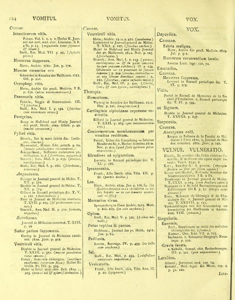 24 VOMITUS. VOMlTaS. VOX. Ir.uasae. Intestinornm vitla. Pnrmn. Vol. I. n. 2. v. Harles N. Jonr. iial der aiisl. rned. cbir. Literatiir. X B. 2 St. p. S$. (angustatio inttr jejunum £5' ileum.') Stoil, Rat. Mcd. VII p. 96. {fcybaHs flcna.) IWenstrua fuppressa. Hprn, Archiv. 1810. Jan, p, 171. Mu&cae carnariae ova Schneiderin Annalen der Hellkunst. 18II, Oa. p. 891. Oesophagi vitia. Horn, Archiv fiir prail. Medicin. V B. p. 130. {ulcus carcinomatosum.') Pancreatis vjtia. Penaila, Saggio di Osservazioni. III. * (fcirrbus.') Stoll, Rat. Med. I, p. 25S. (fcirrhus cum ventriculo nexus.) Peregrina. Kopp in Hufeland und Himly Journal dcr praft. Heilic. 1805. Oftob. p. 49. (nuclei cerasoruM,) Pylori vitia. Dionis, Sur la mort fubite 8cc. (caUo- sns, clausus.) Hasenoehrl, Histor. febr. petech. p. 60. (^nnnitlo cartilaginoso circumdatus.) Kneppelhout, Seftiones cadaverum pa- thologicae. n. 4. (fcirrhosus, anguitus.) Stoerck, Ann. Med. 1. p. 155. (crassus, caytiiagincus.') Stoll, Kat. iMed. I. p. s86. (fcirrhosus, cancrosus.) Angustatio. Boiirger in Journal general de Me'dec. T. XX. p. 371. Douhle in Journal general (ieMe'dec. T. XX. p. 379. Gilbert in Recueil pcnodique &c. T. V. p. 187. ( fleatomntosus ) Pitet in Journal de Meiiccine continue, T. XVII. p. 105. (£5* peritonaeum cras- suir,.) Stoerck, Ann.Med. II. p. 260. (crassus, angustus.) ScirrhosuT. Joumal de Me'decii!e continue. T. XVII. P. 96 Sudor pedum fuppressus. Goiilay in Journal de Medecine conti- nue'. 1810. Juin. p, 404. Ventriculi vitia. Double in Journal gcneral Je Me'Hecine. T. XXIU. p. 379. (massae furulentae extus ainatae.) Genga, Anattimia chirurgica. (cartilago ensiformis introrsum flexa.) Haller Bs- hiioth. Pr. 111. p. 328. floler in Saliii. med. chir. Zeit. 1812. ]. joj. (veniri- tdi fylorifiirrhositas.) Caussae. Ventrlculi vitla. Horn, Archiv. tsio.p.i^T. (^carcinofua.) Lecheverel in Journal general de Medec. T. XXll. p. 127. (fcirrhus cardiae.) Mejer in Hufeland und Himly Journal der pr. Heilkunde. 1812. Nov. p. 103. (fcirrhositas. ) Stoerck, Ann. Me.i. I. p. 1^3. (parvus, cartilagmeiis — in parte concava lardum crassum exhibtns.) II. p 248. (disiocatio — ex fmcreate in faccum exfanso ) p. a^o. (crassus, contraHus — ut vix libram dimidiam caperet.) p. 260. (fcirrhus, capite infantis major.) Stoll, Rat. Med. IV. p. 500. (fcirrho_ (sus, £5° cum fyloro, cartilagineus ) Therapia. Bismuthum. Vieweg in Annalen der Heilkunst. iSli- May. p, 3s6. (magiste; ium.) Cartilaginis xiphoideae repressae re- stitutio. Bill.ird in Journal general de Medecine. T. XXII. p. 263. (per incisionemven- tris.) Concrementum membranaceum per vomitus redditum. Portal, Ueber die Entstehung — falscher Membrane &c. v. Hecker Annalen.181». Nov. p. 400. (quod forte pylorum priiis obstruxerat.) Hirudines ad epigastrium. LoreHtz in Recueil peiiodique &c. T. XI. p. 286. Ipecacoanha. Frank, Afta Instit. clin. Viln. III. p. 88. (parvis dosihus.) Lac. Horn , Archiv. i8lo. Jan. p. 168.^1]. (in fpastico chronico —ex cholelithis — vi- ttis hepatis — in car in$mate ventri- cuii — cfjc.) Mercurius vivus. Spangenbcrg in Horn Archiv. Igis. Mart. p. s66. 269. (in colo oxydatus.) Oplum. StoU, Rat. MeJ. V. p. 326. (d'sihus tni- nutis,') Potus tepidus & parcus. Hnfeland, Journal der pr. Heilk. igii. Jun. p. 61. Pediiuvia. Lentin, Beytriige. IV. p. 438. (ex laHe cum cinchona.) Sal. Stoll , Rat. Med. p. 438- (calefachm ventriculo impositum.) Vesicatoria. Frank, A£la Instit. clin. Viln. Ann. II, p. 20. (cpigastrio.) vox. Deperdita. Caussae. Febris mallgna. Horn, Archiv fiir praft. MeJicin, 180S». Jul. p. 3:1. Nervbrum recurrentium laesio. Amatus Lusit. lege: cur. 70. Exstiiidio, Caussae. jVlenstrua fuppressa. Lcvrauil in Recueil periodique &c. T. IX. p. 278. Vitia. Povtal in Recueil de Metnoires de la So- ciete d'EmuIation. v. Recueil periodique &c. T. IV. p. 388. ut Signum. Double in Journal general de Medecine. T. XXVUI. p. 137. Suspensio. Caussae. Anevrysma colli. Becqua in Sulletin de la Faculte de Me- decine a Paris 1811. v. Journal de Me- dec. continue. 1811. Janv, p. 141. VULNUS. VULNERATIO. Blondi, De partibu'; iftu feclis citissimefa- nandis, & m:dicimento aquae nuper in. vento. Venet. i;42. 8. Kern , Annalen &; I. passitn. (thirapi». /implex — fire per folam aquam.) Kiiape undHccker, Kutische Annalen der Staatsarzneykun.ie. I B. 2 Th. Deschamps in Joiirnal general de Me'dec. T.XXXI. p. 293. (mm/raciura cuhit:.) Neumann in v. Si>.-hold Beobachtungen und Erfahrungen III B. p. 17. (herpes com. plicatus.) Roux, Melanges de Chirurgie & de Phy- siologie &c. v. Journal general de Me- dec. T. XXXVII. p. III. Verhandelingen van het Genootschap ter bevordering der Heelkunde te Amster. dam. VIII. (artuum.) Singularia. Enormis. Petit, Supplement au tralte des maladies chirurgicales &c. (fanata.) Richter, Chir. Bibl. VII. p. 723. Stedmann. v. Schnurrer Geograph. Noso. logie. p. 102. Gravia fanata. v.SieboId, Samml. chir. Beobachtungen, III. p. 30S. (post amputationes.)^ Letalitas. Alberti, Jurisprud, med. cap. 14. Brendel, Med. legsl. Ed. Meier. cap. 5. p. 32. 160. Leia-