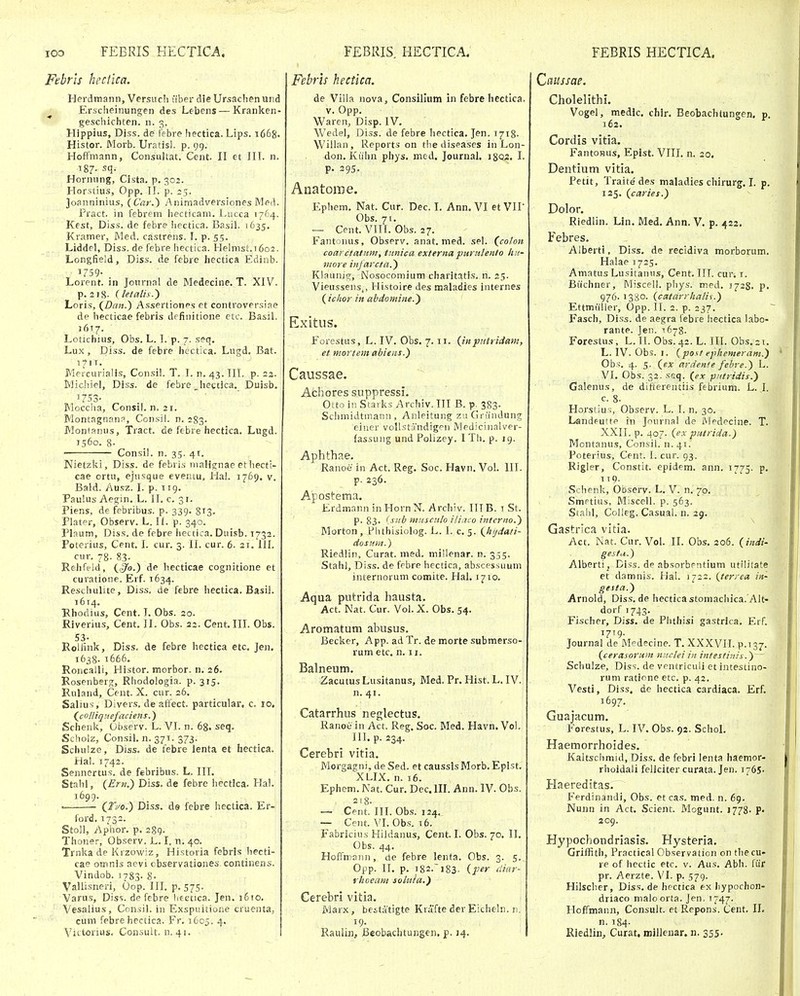 Febris hcciica. Herdmann, Versucli liber die Ursachen uiid Erscheinungen des Lebens—Kranken- geschichten. n. 3. Hippius, Diss. de Tebre hectica. Lips. 1668. Histor. Morb. Uratisl. p. 99. Hoffmann, Consultat. Cent. II et IIL n. 187- sq. Hornung, Cista. p. 302. Horstius, Opp, IL p. 23. Joanninius, ( Car,) Animadversiones MeiL Pract. in febrem hecticam. Lucca 1764. Kest, Diss. de febre hectica. Basil. 1635. Kramer, Med. castrens. 1. p. 55. Liddel, Diss. de febre hectica. Helmst.1602. Longfield, Diss. de febre hectica Edinb. 1759- Lorent. in Journal de Medecine. T. XIV. p. 2 18- ( iefcilis.') Loris, (^Dan.) Assertiones et controversiae de hecticae febris definitione ctc. BasiL 16T7. Lotichius, Obs. L. I. p. 7. seq. Lux, Diss. de febre hectica. Lugd, Bat. 1711. MeicuriaH.s, Consil. T. I. n. 43. III. p. 22. Michiel, Diss. de febre ^hectica. Duisb, '753- Moccha, Consil. n. 21. Montagnanr', Consii. n. 283. Monianus, Tract. de febre hectica, Lugd. 1560, 8- ConsiL n. 35. 41. Nietzki, Diss. de febri.s malignae ethecti- cae ortu, ejusque eveniu, Hal. 1769, y. Bald. Ausz. I. p. 119. Paulus Aegin. L. II. c. 31. Piens, de febribus. p. 339. 8^3. Plater, Observ. L. IL p. 340. Plaum, Diss. de febre iieccica. Duisb. 1732. Poterius, Cent. I. cur. 3. II. cur. 6. 21. 111. cur. 78. 83- Rehfeid, {c^o.) de hecticae cognitione et curatione. Erf. 1634. Rescliulite, Diss. de febre hectica. Basil. 1614. Rhodius, Cent. I. Obs. 20. Riverius, Cent. II. Obs. 22. Cent. III. Obs. 53- Rolfink, Diss. de febre hectica etc, Jen, 1638. i666. Roiicalli, Histor. morbor. n. 26. Rosenberg, Rhodologia. p. 315. Ruland, Cent. X. cur. 26. Salius, Divers, de afiect. particular, c. 10, (^colliqitefaciens.) Schenlc, Observ. L. VI. n. 68. seq. Sclioiz, Consil, n. 371. 373. Schulze, Diss, de febre lenta et hectica. Hal. 1742. Sennertus. de febribus. L. III. Stahl, (^Erti.) Diss. de febre hectica. Hal. (IVo.) Diss. de febre hectica. Er- ford. 1732. Stoll, Aphor. p. 289. Thoner, Observ. L. L n. 40. Trnkade Krzowiz, Historia febris hecti- cae omnis aevi cbservationes contiuens. Vindob. 1783. 8. Vallisneri, Oop. III. p. 575. Varus, Diss. de febre lieetica. Jen. 1610. Vesalius, Consil. in Exspuitione cruenta, cum febre hcctica. Fr. 1605. 4- Victorius. ConsuU. n. 41. Febrh hectica. de Villa iiova, Consilium in febre hcctica. v. Opp. Waren, Disp. IV. Wedel, Diss. de febre hectica. Jen. 1718. Willan, Reports on tlie diseases in Lon- don. Kiihn phys. med. Journal. igos. I. p. 295. AnatoiDe. Ephem. Nat. Cur. Dec. I. Ann. VI et VII Obs. 71. — Cent. VIII. Obs. 27. Fantonus, Observ. anat. med. sel. (_coton coarctatiim, timica externa pufutento hii- inore injarcta.) Klauiii>, Nosocomium cbaritatis. n. 25. Vieussens,, Histoire des maladies internes (ickor in abdomine.') Exitus. Forestus, L. IV. Obs. 7.11. {inpntriciaw, et ntortem abiens.) Caussae. Achores suppressi, Otto in Staiks Archiv. III B. p. 383. Schmidtmann , Anleitung ziiGriindung einer voUstandigen Medicinalver- fassuiig und Polizey. I Th. p. 19. Aphthae. Ranoe in Act. Reg. Soc. Havn. Vol. III. p. 236. Apostema. Erdmann inHornN. Archiv. IITB. i St. p. 83. (sub mnscnlo ili.ico intcrno.) Morton, Flithisiolog. L. I. c. 5. (hijdati- dosum.) Riedlin. Curat. med. millenar. n. 355. Stahl, Diss. de fcbre hectica, abscessuum internorum comite. Hal. 1710. Aqua putrida hausta. Act. Nat. Cur. Vol. X. Obs. 54. Aromatutn ahusus. Becker, App. ad Tr. de morte submerso- rum etc. n. 11. Balneum. Zacutus Lusitanus, Med. Pr. Hist. L. IV. n. 41. Catarrhus neglectus, Ranoe in Act. Reg. Soc. Med. Havn. Vol. III. p. 234. Cerebri vitia, Morgagni, de Sed. et caussis Morb, Eplst. XLIX. n. 16. Ephem. Kat. Cur. Dec. III. Ann. IV. Obs. 218. — Cent. III. Obs. 124. — Cent. VI. Obs. i6. Fabricius Hildanus, Cent. I. Obs. 70. II. Obs. 44. Hoffirann, de febre lenta. Obs. 3. 5. Opp. II. p. 182.^183- {per diar- vhoeam soluia.) Cerebri vitia. Marx, beitatigte Krafte der Eichelii. n. 19. Raulin, Beobachtungen, p. 14. I Caussae. Cholelithi. Vogel, medic, chir. Beobachtungen. p. 162. Cordis vitia. FantoHus, Epist. VIII. n. 20. Dentium vitia. Petit, Traitedes maladies chirurg. I. p. 125. (caries.) Dolor. Riedlin. Lin. Med. Ann. V. p. 422. Febres. Alberti, Diss. de recidiva morborum. Halae 1725. Amatus Lusitanus, Cent. IIT. cur^ i. Biichner, Miscell. phys. med. 1728. p. 976. 1380. (catcirrkalif.) Ettmuller, Opp. II. 2. p. 237. Fasch, Diss. de aegra febre hectica labo- rante. ]en. 1678. Forestus, L. II. Obs.42. L. III. Obs.21. L. IV. Ob.s. i. (post ephemeram.) Obs. 4. 5. (ex ardenfe febre.) L. VI. Obs. 32. seq. {ex pittridis.) Galenus, de difterentiis ftbrium. L. I. c. 8- Horstius, Observ. L. I. n. 30. Landfuttp in Jnurnal de iVIedecine. T. XXII. p. 407. (ex putrida.) Montanus, Consil. n.41. Poterius, Cent. I. cur. 93. Rigler, Constit. epidem. ann. 1775. p. 119. Schenk, Observ. L. V. n. 70. Smetius, Miscell. p. 563. Sralil, Colleg. Casual. n. 29. Gastrica vitia. Act. Nat. Cur. Vol. II. Obs. 206. (^indi- gestu.) Alberti^ Diss. de absorbentium utiliiate et damnis. Hal. 172:. (terrea in- gesta.) Arnold, Diss.de hecticastomachica. Alt- dorf 1743. Fischer, Diss. de Phthisi gastrlca. Erf. 1719. Journal de Medecine. T. XXXVII. p.137. (cerasoruin niiclei in intestinis.)— Schulze, Diss. de ventriculi et intestino- rum ratione etc. p. 42. Vesti, Diss, de hectica cardiaca. Erf. 1697- Guajacum. Forestus, L. IV. Obs. 92. Schol. Haemorrhoides. Kaltschmid, Diss. de febri lenta haemor- rhoidali fellciter curata. Jen. 1765- Haereditas. Ferdinandi, Obs. et cas. med. n. 69. Nunn in Act. Scient. Mogunt. 1778- P» 209. Hypochondriasis. Hysteria. Griffith, Practical Observation on thecu- re of hectic etc. v. Aus. Abh. fur pr. Aerzte. VI. p. 579. Hilscher, Diss. de hectica ex liypochon- driaco maloorta. Jen, 1747. Hoffmann, Consult. et Repons. Cent. II. n. 184. Riedlin, Curat, njillenar. n. 355.