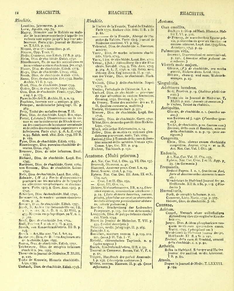 Rhachitis. Lentillus, Jatromnem. p. loo. Loew, Ap0dix.cap.7g. Wag:ny, Memoire sur le Rakitis' ou mala- die de la colonne vertebrale a laquelle les enfants sont sujets jusqu'a la p pin^ ado- lescence. Paris 1780. Journal de Medeci- ne. T. LIIl. p. 559. Matani, de osseis tumoribus. p. 26. Mayow, Opp. Tinct. V. Medic. Comment. von Edinb. IV B. p. 423. Melro, Diss. de rlia iiitidp. Duisb. 1730. Mittelhauser, Pr. de racbis articulorum et Jncui vationeos.<:ium rliachitica. Jen. 1747. Moore, Diss. de rliaclutide. Edinb. 1778. Muys, Diss.de rhachitlde. Uitraj. 1684. Nooth, Diss. de rhachitide. Edsnb 1766. Nunn, Diss.de rhachitide. Erf. 1793. Starks Archiv. VI B. p. 149. Oi tel, Diss.de rhachitide. jenae 1799. Ortlob, Di -is. de rhachitide. Lips. 16S7. Otto, Diss. de rhachitide. Franc. 1790. Doe- nng. I. p. 173- Paret iu Meckel N. Archiv. 11. 2. n. 13. Paschius, Inventa nov—antiqua. p. 387. Pelargus, mediciiiische JahrgAnge. 11. p. 264. Petit, Tralt^des maladies desoi.T. IL Pino, Diss. de rhachitide. Lugd. B it. 1691. Portal, (^Aiitoine^ Observations sur la na- ture et sur le traitement du Rhach'tisme, ou dcs courbures de lacolonne vertebrale etdecellesdesextremites superieures et inferieures. Paris 1797. S. A.L. Z. 1798. n. 94. Salzb. med. chir. Zeit. 1798.111 B. p. 189- Pyne, Diss. de rhachitide. Edinb. 1785. Raumburger, Diss. puerulus rhachitide de- tentus. Giess. 1697. Reusner, Diss. de tabe infantum. Basil. 1582. Richard, Dlss. de rhachltide. Lugd. Bat. 1745. Roederer, Diss. de rhachitide. Goett. 1762. van Rossum, Dlss. de rhachitide. Lovan 1792. Rtilp, Diss. derhachltide. Lugd. Bat. 1665. Salmade, {^M Prei is dVibservatioi-s pratlqups sur les maiaJios de la lymphe ou aftpctions scrophnleuses f t rhachiti- qnps. Puis. 1S03.8 Goet. Anz. 1803. p. 1745. Sf hrfber, Diss. de rhachitide. Hal. 1790. So'n-.iner n?!, d»: i»iorb's asorum absorbpii- tiLim. p v2. Sprou!-', D.ss. de rhachitide. Edlnb. 178^. St<rk, N. Afih'v rir GehurtshuKe <^tc. IB. 1 S' . p. •6t. N. A. D. B li. Xl.VTlI. p. 433. M.-.-ji.sin encycloppdique. an V. n. i. r 3 2. Stck. Di-.' d? r^i?rhitide. ]f.n. i^ijs. Stoll, Pr.i 'fct. F p. 16. 203 II. p.432, Storcb, »on Kinaerkrankheiten. III B. p. = 45- St. T k I Aft. Ha siac. Vol. T. Art. 24. Su zbe-.'p.-. Diss. t'i R ' rts Anglorum seu df> h-.chttide. Lips. 1688- Sutton, Ois j. de rhacliiiidp. Edinb. 173^. Teichrr.eyer, Diss. de atrophia infantum rhach ti-a. Jen, 1.515. Thom-sin injournal de Medecine.T.XLIII. p. 222, Tmka de Krzowiz, Historia rhachitidfs. Lips. 1789- Unthank, Diss, de rhachitide, £iiinb.i748., Rhcithitif. le Vacher de la Feutrie, Trait^ du Rbakitis Parls 1772. Richter chir. Bibl. 11 B. 2 St. p. 62. — de la Feutrie, Abrege de Thi- stolredu Rakitis. Paris 1803. J< urnal de Medecine continue. VI p 663. Valentinl, Diss. de rhachhide. v. Nosocom. acadeni. Vatpr, Di.^s. de morbo infantuni rhachi tide. Viteb. 1713. Vaux, L i.ss. de rhachitlde. Lugd. Bat. 1704. Veirac, (^oh.) Abhandliing libf^r die Rlia- chitis. Stendal. 1794.8. Tiib. Anz. 1795 p. 204. A. L. Z. 1796. n. I 88. Salzb. med. chirurg. Zeit. ErgVnzungsb. II. p. 136. van der Velde, Diss. de rhachitide. Marb. 1700. Veiardi, (^Giov.) della rhachitide. Napol, i7?5. 8. Verduc, Pathologie dp Chirur?ie. I. c. 2. Verlioef, Diss. de rhn: hitid — praf=cipu de ejus affectlbus in osslum fracturam. Groning. 1782. Doering. I. p. 172. du Verney, Traite des maladie-. des o.s. T. II. (ossinm cnrv^^tui ii, mollilies.) Voelter, Hebammpnschule. p. 38'. Werner, Diss. de rhachitide. Lugd. Bat. 1716. Wessely, Diss. de rliachitide. Goett. 1790. Whist.Diss. demorbopuerili dicto Rickets. Lips. 1745. Woyt, seinselbst Erkenntiiiss. c. 14. Zeller, Diss. de mcrbis ex strictura glan- dularum piapternat. natis. Tul). 1694. Zeviani,(G/ot/.) Trattado della cura di Bam- bintattacati della .acliiti.ie.Veruna 1761. Comm. Lips. Vo). XII. p. 414. Ziickert, Tischbuch. p, 152. Anatome. (Muhi prio)-um.) Act. Nat. Cor. Vol. I. Obs. 53. VI. Obs. 133. Benpvoli, Observat. n. 40. Blancard, Anatome pract. Cent. I. n. 23. Bresl. Snmm!. T726. T. p. 719. Ephem. Nat. Cur. Dec. 111. Ann. IX et X. Obs. 240. — Cent. I et II. Obs. 180. — Cent. III. Oivs. 11. I-IeistPr,Wahrnehinunci;Pn. I B. n.14. stiiia expansa, wesenterium icirrhos:tni.) p. 24. {/lafit distenta intesfin.t, verines, pituita, glnitiin/ae me^ar/jirae obsfructae, tnedrtlla obloyigata fcirticiitariter obiiura ta, scirrhi pnliitonifm.) Kopijjer, Bescl^reibunf der Lodprschen PraeparatP. p. 103. {os ium deforiiiatio.) Lang^uth, Diss. de polypo infantis rhachi- tici. Viteb. 1744. Morel in Journal de Medecine. T. VII. p. 434. {sceleti descriptio.) Pelart^us, medic Jahrgnnge. II. p. 265. Salmade. 1. c. San iifort, museum anatom. I. p, 129. 212. 221. (ossa.) IT. Tab. I - V. Siebold, chirurgisclies Tagebuch. n. 9. {spten ntctgnus ) Storch, Kindprkrankheiton, II B. c. 32. Tacconi in Comment. Bonon. Vol. V. P. 2. p. 81. Voigtel, Handbuch der pathol Anatomle. I. p. 138. (f/ercriptio sceletoram.) Walter, anatom. Museum. II. p. 48. (jassa defermata,^ Anntome. Ossa emolHt-a. BuchiiPi in Di.sp. ad Morb. Histor.v. Hat- ler T. VI. p. 300, de Femery, de niutaiionibus figurap ppl- vis, piaeserfim ils quip ex emollit! ne ossiurn oriuniur. Lugd. Bat. 1793.^011. AiizeigpM. 1795. p. 44. Pulmoiium vitla. Benevoli, Dissertazioni et os.servazioni. p. 246. ( lamellae albae pnttncni ia- e':rnbenles.) Vitcera mole majora. Glisson, (^F.) de rliachitide, seu morbo pueriii, Kickets dicto. Lond. 16^0. Hei^tPr, chiruig. und anat. Wahrnek- mungen. p. 25. Singulnria. Adiiltiores invadens. St')il. Prael°ct. p. 19. (hahiiusptitkisictp- r.ui;!.) Thoma sin in Journal de M^derine. T* XLIII. p. 222. ; fuuenis iS annoriim,') \p V?clier, Trait^ du rhakltis, Antiquitas. Glisson, de rhachltide. c. i. (morbus vu.y.) van Swieten ad §. 1480. (Feteribus igno- ta.) Trnka, d^ rhachitide, p. 10. (novmn esse.) Zeviani, della cura di Bambini, attacati della rhachitide. c. 2. p. 15. f^esse aw' tiqivtm.) Congenita. Klein, Diss. sistens casum rhachitidis congenitae. Argpiit. 1763. v. et in N. Act. Nat. Cur. Vol. I. Obs, 3g. Endemia. A t.Nat.Cur. Vol. IT.Ohs. 153. Ephp.ti. Nat, !ur. Cettt. I et 11. App. p 23. (in Germania.) Frequentia. Medical Papers. I. n. t, (rariorem fiere, forfe ob desertos orbes stanneos in mtTt- sis. I Wendelstatt in Hufpland Journal der pr. Hpilkunde. XII B. 2 St, p. 118. (fVev tatiae.) Haerediiaria. Boeli, de atrophia Infantnm. p. 12. Comniprc. Lifr. Noric. 1732- P- 367. Heister, Dlss. de rhachitide. §. 16. Caussae» Acidum. Cappel, Versuch elner vollstSndifWi Abhandlung liberdie englische KraTik- heit etr. Jaegpr, Diss. Aiidiim phosphoricum tan- ({iv^m ninrb .nira qurr^ndam causa. Stuttg. 1793. (pkosptiori >im.) Weiid^^lstatt iii Hi.r-^hnft lourna derpr. Heilkundp. XT B. 2 '^t p I2t. Zeviani, della cura di B-Jmblnl, attacati dpila rhachitidr. c. 2. p. go. Arthritis. Bolba inHuf^plani. S^hrpgpf und Ha -les Journa' d^r ausiind. m?dlc. Literatur. T B. p. 81. Atonia. Dupau in Journal de Medec.T. LXXXVI. p. 184.