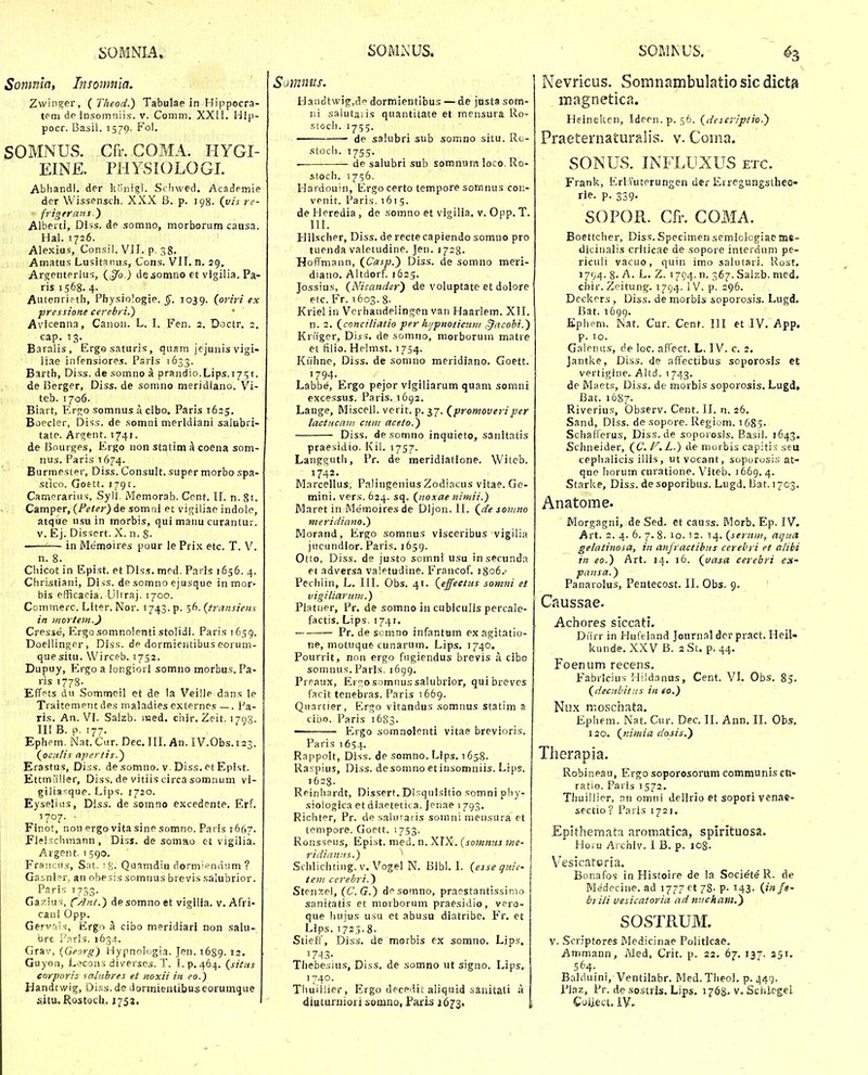 Somnla, Insomnia. Zwin^er, ( Theod.) Tabulae in Hippocra- tersi de insomniis. v. Comm, XXII. Hip- pocr. Basil. 1579- Fol. SOMNUS. Cfr. COMA. HYGI- EINE. PHYSIOLOGI. Abhandl. der kuiiigl. Schwed. Academie der Wissenscli. XXX B. p. 198. (t//V re- frigerans) Albei ti, Diss. de somno, morborum caiisa. Hai. 1726. Alexius, Consil. VJI. p-38. Amatus Lusit^nns, Cons. VII. n. 29. Arsenterlus, (^^0.) de 5omno et vigilia. Pa- ris 1568.4. Autenriptb, Pfiysiologie. 1039. (ortri ex pressione cerebe i.) Avlcenna, Canon. L. I. Fen. 2. Doctr. 2. cap. 13. Baralis, Ergesaturis, qusm jejunis vigi- liae infensiores. Paris 1633. Barth, Diss. de somno a prandio.Lips.i^!;!. de 13erger, Diss. de somno meridiano. Vi- teb. 1706. Biart, Erp;o somnus k cibo. Paris 1625. Boecler, Diss. de somni merldiani salubri- tate. Argent. 1741. de Bourges, Ergo non statim h coena som- nus. Paris 1674. Burmester, Diss.Consult.super morbo spa- stlco. Gofctt. 1791. Camerariiis, Syll Memorab. Cent. II. n. 81. Cnmper, (Feter) de somni et vigiliae indole, atque usu in morbis, qui manu curantur. V. Ej. Dissert. X. n, 8- ■ '■— in Memoires pour le Prix etc. T. V. n. 8. Chicot in Epist. et Dlss. mrd. Parls 1656. 4. Christiani, Di-iS. de somno ejusque inmor- bis efficacia. UUraj. 1700. Commerc. Liter. Nor. 1743. p. 56. (tninsiens itt mor/em.J Cresse, Ergo somnolentistolidi. Paris 1659. Doellinger, Diss. de dormientibus eorum- quesitu. Wirceb. 1752. Dupuy, Ergo a longiorl somno morbus. Pa- ris 1778. Effpts du Sommeil et de la Veille dans le Traitemeiit des maladies externes—. Pa- ris. An. VI. Salzb. iQed. chir, Zeit. 1703. IIIB. P. 177. Ephcm. iMat. Cur. Dec, III. An. IV.Obs.123. (oc/ifis apertis.) Erastus, Diss. de somno. v Diss. et Epist. Ettmiiller, Diss. de vitiis circa somnum vi- gilia^^que. Lips. 1720. Eyselius, Diss. de somno excedente. Erf. ' Finot, nonergovitasinesomno.ParJs 1667. • ■ Fl?ichmann, Disi. de somao et vigilia. Argent. 1590. Francus, Sat. Quamdiu dormiennum ? Gainl?r, an obesis somnus brevis salubrior. Parin 1733. Ga7,!us, f/}.nt.) desomno et vigilia. v. Afri- caiii Opp. Geri''iU, Erg'> a cibo meridiari non salu- bre r.-vls. 163J.. Grav, {Geri^g) Hypnologia. Jen.1689.12. Guyon, L,?cons diverses. T. I.p. 464. (situs eorporii saliibres et noxii iii eo.) Handtwig, Di.ss.de dormientibuseorumque situ, Rostocl). J758. Somniis. p]anc]twig;,de dormientibus — de jnsta som- ni salutaris quantitate et mensura Ro- stoch. 1755. ■ de salubri sub somno situ. Ro- stoch. 1755. de salubri sub somnum loco. Ro- stocb. 1756. Hardouin, Ergo certo tempore somnus coii- venit. Paris. 1615. de Heredia , de somno et vigilia. v. Opp. T. III. Hilscher, Diss. de recte capiendo somno pro tuenda valetudine. Jen. 1728- Hoffmann, (Casp.~) Diss. de somno meri- diano. Altdorf. 1625. Jossius, (Nicander) de voluptate et dolore etc. Fr. 1603. 8- Kriel in Verhandelingen van Haarlem. XII. n. 2. (cnnciliatio per hijpnoticunt ^^acohi.) Kriiger, Dijs. de somno, morboruin matre et tilio. Helmst. 1754. Kiihne, Diss, de somno meridiano. Goett. 1794. Labbe, Ergo pejor vigiliarum quam somni excessus. Paris. 1692. Lange, Miscell. verit. p. ^7. (pronioveriper tactticaui cuiii aceto.) Diss, de somno inquieto, sanitatis praesidio, Kil. 1757. Langgutli, Pr. de meridlatione. Witeb. 1742, Marcellus, Palingenius Zodiacus vitae. Ge- mini. vers. 624, sq. (itoxae nimii.) Maret in Memoires de Dijon. II. (de somno meridiano.) Morand, Ergo somnus viscei-jbus vigilia jiicundior. Paris. 1659, Otto, D\ss. de justo somni usu insecunda et adversa valetudine. Francof. j8o6. Pechlin, L. III. Obs. 41. (effeetus somni et vigiliaruni.) Platner, Pr. de somno in cubiculis percale- factis. Lips. 1741. Pr. de scmno infantam exagitatio- ne, motuque cunarum. Lips. 1740. Pourrit, non ergo fiigiendus brevis a cibo somnus. Paris. 1699. Preaux, Eiosomnussalubrior, quibreves facit tenebras. Paris 1669. Quartier, Ergo vitandus somnus statim a cibo. Paris 1683. — Ergo somnolenti vitae brevioris. Paris 1654. Rappolt, Diss. de somno. Llps. 165,8. Ravpius, Diss. dcsomno etinsomniis. Lips. 1628. Reinliardt, Dissert. DL^qulsltio somnipliy- siologica et diaetetica, Jenae 1793. Ricbter, Pr. de saUtfaiis somni meiisura et teiiipore, Goett, i753. Ronsseus, Epist. med. n. XIX. {somniis me- ridianns.) Schlichting, v. Vogel N. Bibl. I, (essequie- teni ccrebri.) Stenzel, (C.G.) desomno, praestantissimo sanitatis et morborum praesidio, vero- que hujus usu et abusu diatribe. Fr. et Lips. T72j-8. Stieff, Diss. de morbis ex somno. Lips. 17-^3- Thebesius, Diss. de somno ut signo. Lips. 1740. Thuillier, Ergo decedit aliquid sanitali a diuturniori somno, Paris 1673. Nevricus. Somnambulatiosicdicta iragnetica. Heincken, Idcen.p. 56, (desciiptio.) Praeternaturalis. y. Coma. SONUS. INFLUXUS etc. Frank, Erl Vuterungen der EiregungsLheo» rie. p. 339. SOPOR. Cfr. COMA. Boettcher, Diss. Specimen semiologiae me- dicinalis crlticae de sopore interdum pe- riculi vacuo, quin imo salutari. Rost. 1794. 8. A. L. Z. 1794, n. 367. Salzb. med. cbir. Zcitung. 1794, IV, p, 296. Deckrrs , Diss. de morbis soporosis. Lugd. Rat. 1699. Epbfm, Nat. Cur. Cent. III et IV. App. p. 10. Galenus, de loc. affect. L. IV. c. 2. Jantke, Diss. de affectibus soporosis et vertigiiie.. Altd. 1743. de Maets, Diss. de morbis soporosis. Lugd, Bat. 16S7. Riverius, Observ. Cent. II. n. 26. Sand, Diss. de sopore. Regiom. i685. Schaflerus, Diss.de sopoiosis. Basil. 1643. Schneider, (C, l/^.L.) de niorbis capiti-S seu cephalicis illls, utvocant, soporusi.s at- qne liorum ctvratione. Viteb. j 669, 4. Starke, Diss. desoporibus. Lugd. Bat. 1703, Anatome. ' Morgagni, de Sed. et causs. Morb. Ep. IV. Art. 2. 4. 6. 7. 8. 10. 12. 14. (ieruin, aqua gelatinosa, in anfractibus cerehri et alibi in eo.) Art. 14. 16. (vasa cerebri ex' pansa.) Paiiarolus, Pentecost. II. Obs. 9. Caussae. Achores siccati. Diirr in Hufeland Journal dcr pract. Heil- kunde. XXV B. 2 St. p. 44. Foenum recens. Fabricius Hildanus, Cent. VI. Obs. 85. (decithitiis in eo.) Nu.x n-ioschata. Ephem. Nat. Cur. Dec. II. Ann. II, Obs. 120. (9iimia dasis,') Tlierapia. Robineau, Ergo soporosorum comtnuniscn- ratio, Paris 1572. Tliuiilicr, nn omni delirio et sopori venac- sectio? Paris 1721. Epithernata aromatica, spirituosa. Hoiu Archiv. 1 B. p. 108. Vesicateria. Bonafos in Histoire de la Soci^te R. de Medecine. ad 1777 et 78- P- 143. (infs- brili vesicatoria ad nuchani,) SOSTRUM. V. Scriptores Medicinae Politlcae. Ammann, Med. Crit. p. 22. 67. 137, 251. 564. Balduini, Ventilabr. Med.Theol. p. 449. Plaz, Pr. de sostrls. Lips. 1768. v. Schlegel