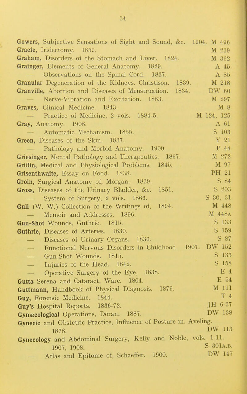 Gowers, Subjective Sensations of Sight and Sound, &c. 1904. M 496 Graefe, Iridectomy. 1859. M 239 Graham, Disorders of the Stomach and Liver. 1824. M 362 Grainger, Elements of General Anatomy. 1829. A 45 — Observations on the Spinal Cord. 1837. A 85 Granular Degeneration of the Kidneys. Christison. 1839. M 218 Granville, Abortion and Diseases of Menstruation. 1834. DW 60 — Nerve-Vibration and Excitation. 1883. M 297 Graves, Clinical Medicine. 1843. M 8 — Practice of Medicine, 2 vols. 1884-5. M 124, 125 Gray, Anatomy. 1908. A 61 — Automatic Mechanism. 1855. S 103 Green, Diseases of the Skin. 1837. Y 21 — Pathology and Morbid Anatomy. 1900. P 44 Griesinger, Mental Pathology and Therapeutics. 1867. M 272 Griffin, Medical and Physiological Problems. 1845. M 97 Grisenthwaite, Essay on Food. 1838. PH 21 Groin, Surgical Anatomy of, Morgan. 1839. S 84 Gross, Diseases of the Urinary Bladder, &c. 1851. S 203 — System of Surgery, 2 vols. 1866. S 30, 31 Gull (W. W.) Collection of the Writings of, 1894. M 448 — Memoir and Addresses, 1896. M 448a Gun-Shot Wounds, Guthrie. 1815. S 133 Guthrie, Diseases of Arteries. 1830. S 159 — Diseases of Urinary Organs. 1836. S 87 — Functional Nervous Disorders in Childhood. 1907. DW 152 — Gun-Shot Wounds. 1815. S 133 — Injuries of tlie Head. 1842. S 158 — Operative Surgery of the Eye, 1838. E 4 Gutta Serena and Cataract, Ware. 1804. E 54 Guttmann, Handbook of Physical Diagnosis. 1879. M 111 Guy, Forensic Medicine. 1844. T 4 Guy's Hospital Reports. 1836-72. JH 6-37 Gynsecological Operations, Doran. 1887. DW 138 Gynecic and Obstetric Practice, Influence of Posture in. AveUng. 1878. DW 113 Gynecology and Abdominal Surgery, Kelly and Noble, vols. Ml. 1907, 1908. S 301A.B. — Atlas and Epitome of, Schaeffer. 1900. DW 147