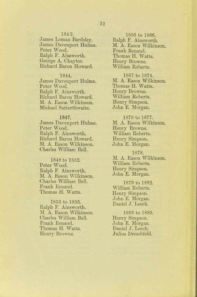 184 2. James Lomax Bardsley. James Davenport Hulme. Peter Wood. Ralph F. Ainsworth. George A. Chaytor. Richard Baron Howard. 1844. James Davenport Hulme. Peter Wood. Ralph F. Ainsworth. Richard Baron Howard. M. A. Eason Wilkinson. Michael Satterthwaite. 1847. James Davenport Hulme. Peter Wood. Ralph F. Ainsworth. Richard Baron Howard. M. A. Eason Wilkinson. Charles William Bell. 1848 to 1852. Peter Wood. Ralph F. Ainsworth, M. A. Eason Wilkinson. Charles William Bell. Frank Renaud. Thomas H. Watts. 1853 to 1855. Ralph F. Ainsworth. M. A. Eason AVilkinson. Charles William Bell. Frank Renaud. Thomas H. Watts. Henry Browne. 1856 to 186'6. Ralph F. Ainsworth. M. A. Eason Wilkinson. Frank Renaud. Thomas H. Watts. Henry Browne. William Roberts. 1867 to 1874. M. A. Eason Wilkinson. Thomas H. Watts, Henry Browne. William Roberts. Henry Simpson. John E. Morgan. 1875 to 1877, M. A. Eason Wilkinson. Henry Browne. William Roberts, Henry Simpson. John E. Morgan. 1878. M. A. Eason Wilkinson. William Roberts. Henry Simpson. John E. Morgan. 1879 to 1882. William Roberts. Henry Simpson. John E. Morgan. Daniel J. Leech. 1883 to 1885. Henry Simpson. John E. Morgan. Daniel J. Leech. Julius Dreschfeld.