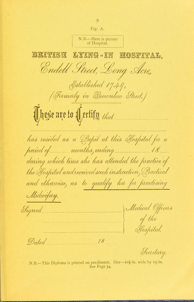 Fig. A. N.B.—Here is picture of Hospital. N.B.—This Diploma is printed on parchment. Size—loi-in. wide hy 15-111. See Page 34.