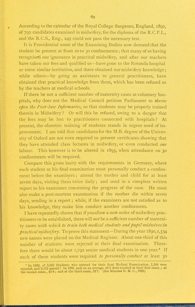 According to the calendar of the Royal College Surgeons, England, 1892, of 792 candidates examined in midwifery, for the diploma of the R.C.P.L., and the R.C.S., Eng., 249 could not pass the necessary test. It is Providential some of the Examining Bodies now demand that the student be present at from 20 to 30 confinements; that many of us having recognisetl our ignorance in practical midwifery, and after our teachers have taken our fees and qualified us—have gone to the Rotunda hospital or some similar institution, and there obtained our midwifery knowledge; while others—by going as assistants to general practitioners, have obtained that practical knowledge from them, which has been refused us by the teachers at medical schools. If there be not a sufficient number of maternity cases at voluntary hos- pitals, why does not the Medical Council petition Parliament to Hirow open the Poor-law Infirmaries, so that students may be properly trained therein in Midwifery ? Or will this be refused, owing to a danger that the fees may be lost to practitioners connected with hospitals ? At present, the obstetric training of students stands in urgent need of im- provement. I am told that candidates for the M.B. degree of the Univer- sity of Oxford are not even required to present certificates showing that they have attended class lectures in midwifery, or even conducted one labour. This however is to be altered in 1895, when attendance on 30 confinements will be required. Compare this gross laxity with the requirements in Germany, where each student at his final examination must personally conduct a confine- ment before the examiners ; attend the mother and child for at least seven days, visiting them twice daily; and send in a complete written report to his examiners concerning the progress of the case. He must also make a post-mortem examination if the mother die within seven days, sending in a report; while, if the examiners are not satisfied as to his knowledge, they make him conduct another confinement. I have repeatedly shown that if you allow a ne\V order of midwifery prac- titioners to be established, there will not be a sufficient number of materni- ty cases with which to train both medical students and pupil midwives in practical midwifery. To prove this statement—During the year 1890,1,334 new names were placed on the Medical Register. About one-third of this number of students were rejected at their final examination. There- fore there would be about 1,792 senior medical students in one year.* If each of these students were required to personally conduct at least 30 * In 1892, of 3,823 Students who entered for their final Medical Examination, 1,.348 were rejected and'2 175 passed 1 In 1891, and on an average, 42 5 were rejuoted at tlioir first exam.; at the second oxam., 43-8; and at the third exam, 32'7. (See IVlinutes G. M. C, 1893).