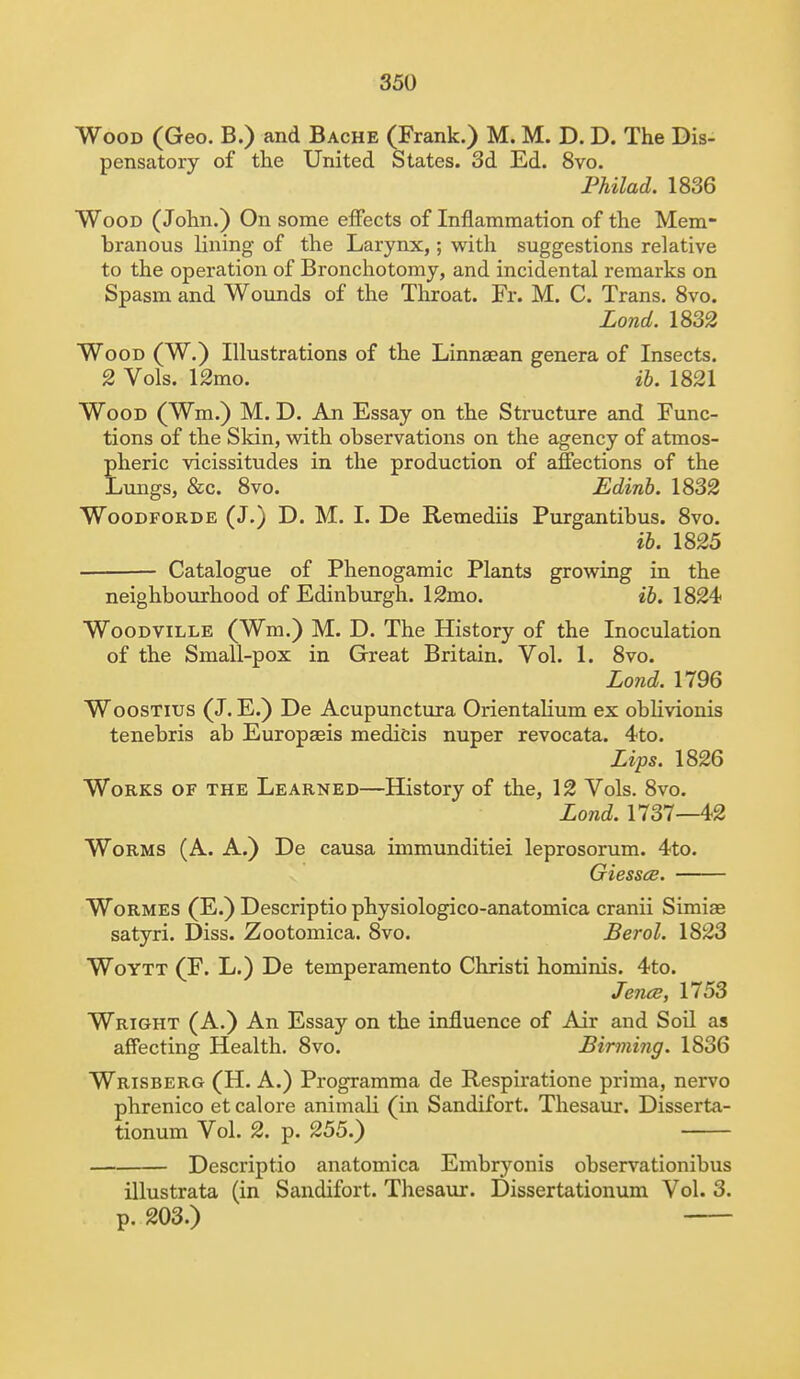 Wood (Geo. B.) and Bache (Frank.) M. M. D. D. The Dis- pensatory of the United States. 3d Ed. 8vo. Philad. 1836 Wood (John.) On some effects of Inflammation of the Mem- branous lining of the Larynx,; with suggestions relative to the operation of Bronchotomy, and incidental remarks on Spasm and Wounds of the Throat. Fr. M. C. Trans. 8vo. Lond. 1832 Wood (W.) Illustrations of the Linnaean genera of Insects. 2 Vols. 12mo. ib. 1821 Wood (Wm.) M. D. An Essay on the Structure and Func- tions of the Skin, with observations on the agency of atmos- ?heric vicissitudes in the production of affections of the iungs, &c. 8vo. Edinb. 1832 Woodforde (J.) D. M. I. De Remediis Purgantibus. 8vo. ib. 1825 Catalogue of Phenogamic Plants growing in the neighbourhood of Edinburgh. 12mo. ib. 1824 Woodville (Wm.) M. D. The History of the Inoculation of the Small-pox in Great Britain. Vol. 1. 8vo. Lond. 1796 Woostius (J. E.) De Acupunctura Orientalium ex oblivionis tenebris ab Europaeis medicis nuper revocata. 4to. Lips. 1826 Works of the Learned—History of the, 12 Vols. 8vo. Lond. 1737—42 Worms (A. A.) De causa immunditiei leprosorum. 4to. Giessce. Wormes (E.) Descriptio physiologico-anatomica cranii Simiaa satyri. Diss. Zootomica. 8vo. Berol. 1823 Woytt (F. L.) De temperamento Christi hominis. 4to. Jence, 1753 Wright (A.) An Essay on the influence of Air and Soil as affecting Health. 8vo. Binning. 1836 Wrisberg (H. A.) Programma de Respiratione prima, nervo phrenico et calore animali (in Sandifort. Thesaur. Disserta- tionum Vol. 2. p. 255.) Descriptio anatomica Embryonis observationibus illustrata (in Sandifort. Thesaur. Dissertationum Vol. 3. p. 203.)