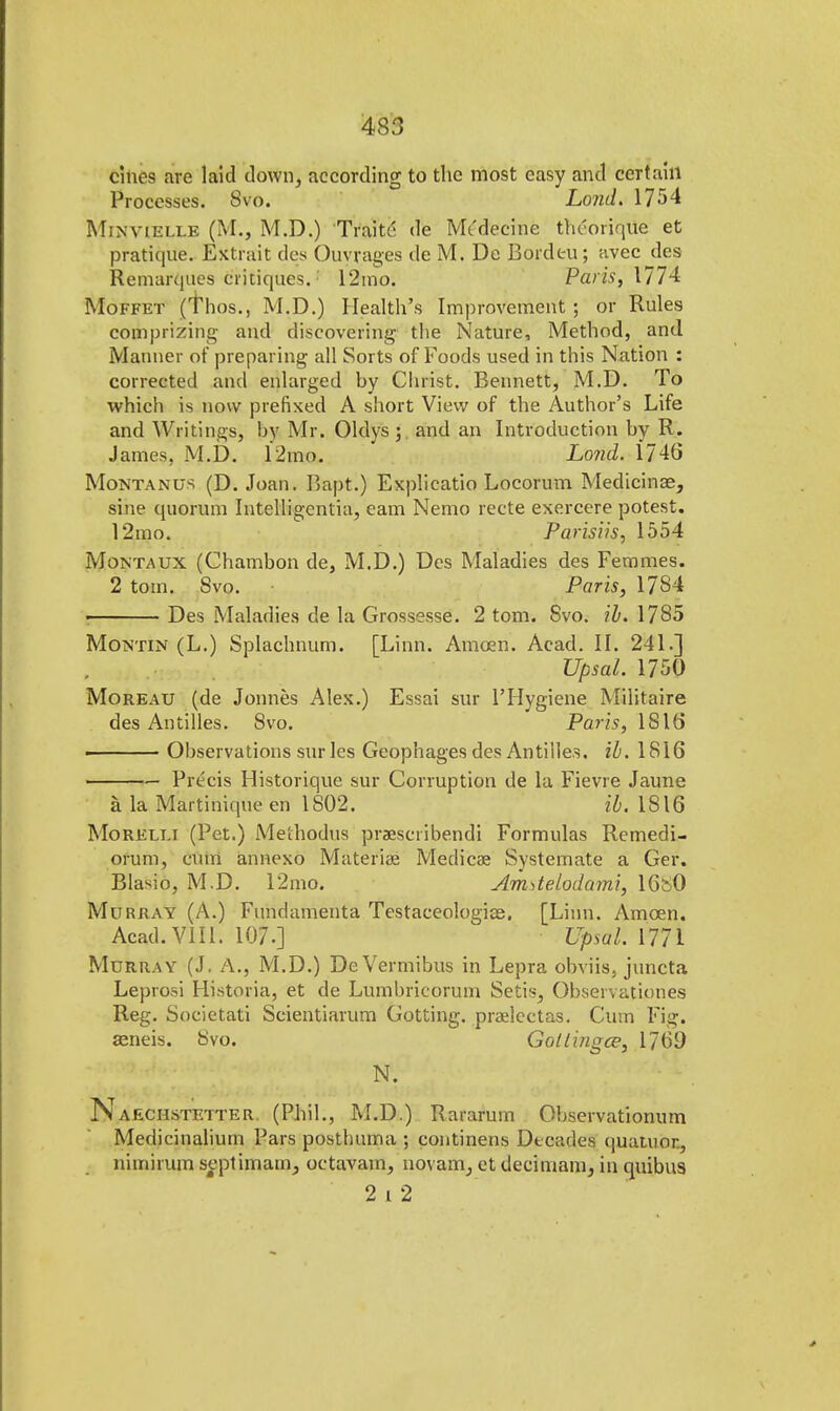 clues are laid down, according to the most easy and certain Processes. Svo. Lond. 1754 Minvielle (M., M.D.) Traitc de Mtdecine theorique et pratique. Ektrait des Ouyragea de M. De Bordcu; avec dcs Remarques critiques.' 12ino. Paris, 1774 Moffet (thos., M.D.) Health's Improvement; or Rules com prizing and discovering the Nature, Method, and Maimer of preparing all Sorts of Foods used in this Nation : corrected and enlarge d by Christ. Bennett, M.D. To which is now prefixed A short View of the Author's Life and Writings, by Mr. Oldys j and an Introduction by R. James, M.D. 12mo. Lond. 1746 Montanus (D.Joan. Bapt.) Explicatio Locorum Medicinse, sine quorum Intelligentia, earn Nemo recte exercere potest. 12mo. Parisiis, 1554 Montaux (Chambon de, M.D.) Des Maladies des Femmes. 2 torn. Svo. Paris, 1784 ■ Des Maladies de la Grossesse. 2 torn. Svo. ib. 1785 Montin (L.) Splachnum. [Linn. Amcen. Acad. II. 241.] Upsal. 1750 Moreau (de Jonnes Alex.) Essai sur l'Hygiene Militaire des Antilles. Svo. Paris, 1816 ■ Observations sur les Gcophages des Antilles, ib. 1816 • — Precis Historique sur Corruption de la Fievre Jaune a la Martinique en 1802. ib. 1816 Morelli (Pet.) Me'thodus praescribendi Formulas Remedi- orum, cum annexe Materise Medicae Systemate a Ger. Blasio, M.D. 12mo. Am^teiodami, 16&0 Murray (A.) Fundamenta Testaceologise, [Linn. Amcen. Acad. VIII. 107.] Upsal. 1771 Murray (J. A., M.D.) DeVermibus in Lepra obviis, juncta Leprosi Historia, et de Lumbricorum Setis, Observationes Reg. Societati Scientiarum Gotting. praelectas. Cum Fig. aeneis. Svo. Gotlingce, 1769 N. Naechstetter. (Phil., M.D.) Rararum Observationum Medicinalium Pars postlmma ; continens Decades quatuor., nimiium septimam, octavam, novam, et decimam, in quibus 2 i 2