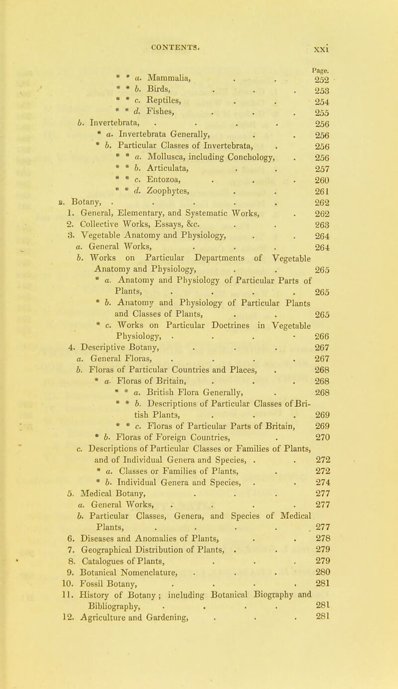 Page. ' ' a. Maramulia, . . 252 • * 6. Birds, . . . 253 • • c. Reptiles, . , 254 * * d. Fishes, . . . 255 b- Invertebrata, .... 256 • a. Invertebrata Generally, . . 256 • b. Particular Classes of Invertebrata, . 256 * * a. Mollusca, including Conchology, . 256  * 6. Articulata, . . 257 • • c. Entozoa, . . . 260 * * d. Zoophytes, . . 261 B. Botany, ..... 262 1. General, Elementary, and Systematic Works, . 262 2. Collective Works, Essays, &c. . . 263 3. Vegetable Anatomy and Physiology, . . 264 a. General Works, . . . 264 b. Works on Particular Departments of Vegetable Anatomy and Physiology, . . 265 • a. Anatomy and Physiology of Particular Parts of Plants, . . . .265 • b. Anatomy and Physiology of Particular Plants and Classes of Plants, . . 265 • c. Works on Particular Doctrines in Vegetable Physiology, . . . • 266 4. Descriptive Botany, . . . 267 a. General Floras, .... 267 b. Floras of Particular Countries and Places, . 268 • a- Floras of Britain, . . . 268  * a. British Flora Generally, . 268 * * b. Descriptions of Particular Classes of Bri- tish Plants, . . . 269 • • c. Floras of Particular Parts of Britain, 269 • 6. Floras of Foreign Countries, . 270 c. Descriptions of Particular Classes or Families of Plants, and of Individual Genera and Species, . . 272 • a. Classes or Families of Plants, . 272 • b. Individual Genera and Species, . . 274 5. Medical Botany, ... 277 a. General Works, .... 277 b. Particular Classes, Genera, and Species of Medical Plants, . . . . . 277 6. Diseases and Anomalies of Plants, . . 278 7. Geographical Distribution of Plants, . . 279 8. Catalogues of Plants, . . . 279 9. Botanical Nomenclature, . . . 280 10. Fossil Botany, . . . .281 11. History of Botany ; including Botanical Biography and Bibliography, . . . . 281 12. Agriculture and Gardening, . . . 281