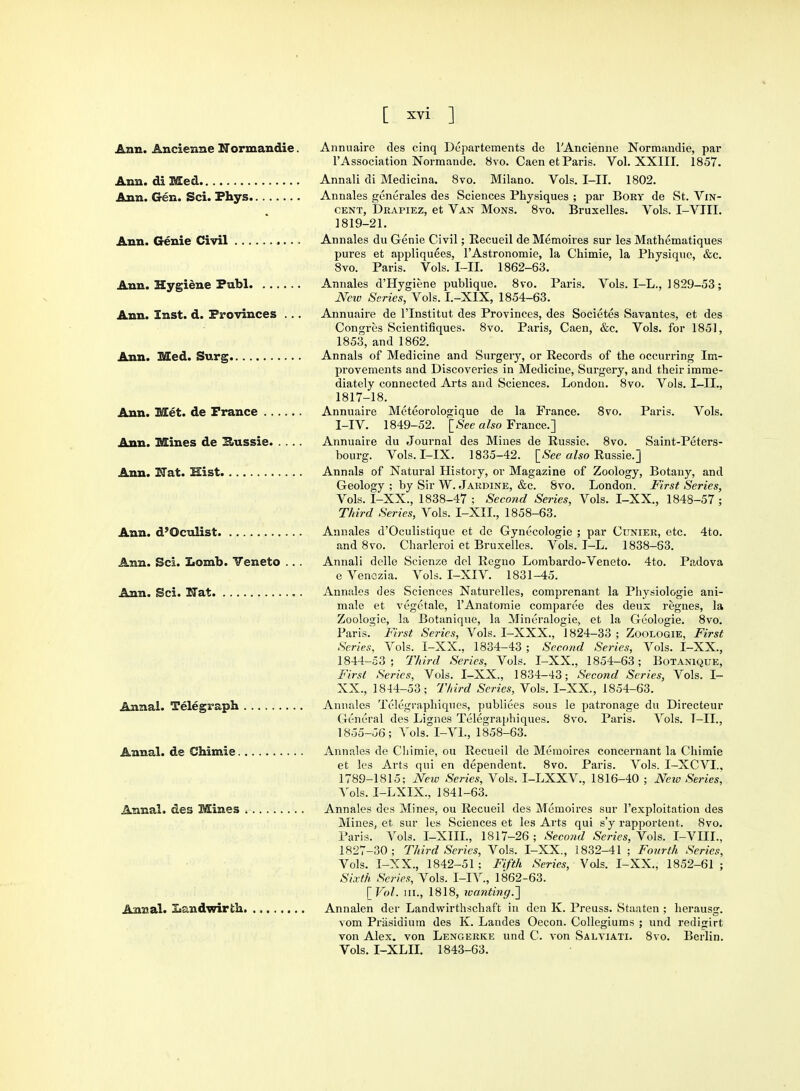 [ *vi ] Ann. Ancienne Nor man die. Ann. di Med Ann. Gen. Sci. Fhys Ann. Genie Civil Ann. Hygiene Publ Ann. Inst. d. Provinces ... Ann. Med. Surg Ann. Met. de France Ann. Mines de Bussie Ann. ITat. Hist Ann. d'Oculist Ann. Sci. Xiomb. Veneto .. . Ann. Sci. Hat Annal. Telegraph Annal. de Chimie Annal. des Mines Annal. Landwirth Annuaire des cinq Departements de l'Ancienne Normandie, par l'Association Normande. 8vo. Caen et Paris. Vol. XXIII. 1857. Annali di Medicina. 8vo. Milano. Vols. I-II. 1802. Annales generates des Sciences Physiques ; par Bory de St. Vin- cent, Drapiez, et Van Mons. 8vo. Bruxelles. Vols. I-VIII. 1819-21. Annales du Genie Civil; Recueil de Memoires sur les Mathematiques pures et appliquees, l'Astronomie, la Chimie, la Physique, &c. 8vo. Paris. Vols. I-II. 1862-63. Annales d'Hygiene publique. 8vo. Paris. Vols. I-L., 1829-53 ; New Series, Vols. I.-XIX, 1854-63. Annuaire de l'lnstitut des Provinces, des Societes Savantes, et des Congres Scientifiques. 8vo. Paris, Caen, &c. Vols, for 1851, 1853, and 1862. Annals of Medicine and Surgery, or Records of the occurring Im- provements and Discoveries in Medicine, Surgery, and their imme- diately connected Arts and Sciences. London. 8vo. Vols. I-II., 1817-18. Annuaire Meteorologique de la France. 8vo. Paris. Vols. I-IV. 1849-52. [See also France.] Annuaire du Journal des Mines de Russie. 8vo. Saint-Peters- bourg. Vols.I-IX. 1835-42. [See also Russie.J Annals of Natural History, or Magazine of Zoology, Botany, and Geology ; by Sir W. Jardine, &c. 8vo. London. First Series, Vols. I-XX., 1838-47 ; Second Series, Vols. I-XX., 1848-57 ; Third Series, Vols. I-XIL, 1858-63. Annales d'Oculistique et de Gynecologie ; par Cunier, etc. 4to. and 8vo. Charleroi et Bruxelles. Vols. I-L. 1838-63. Annali delle Scienze del Regno Lombardo-Veneto. 4to. Padova e Venezia. Vols. I-XIV. 1831-45. Annales des Sciences Naturelles, comprenant la Physiologie ani- male et vegetale, l'Anatomie comparee des deux regnes, la Zoologie, la Botanique, la Mineralogie, et la Geologie. 8vo. Paris.' First Series, Vols. I-XXX., 1824-33; Zoologie, First Series, Vols. I-XX., 1834-43 ; Second Series, Vols. I-XX, 1844-53; Third Series, Vols. I-XX., 1854-63; Botanique, First Series, Vols. I-XX., 1834-43; Second Series, Vols. I- XX., 1844-53; Third Series, Vols. I-XX., 1854-63. Annales Telegraphiques, publiees sous le patronage du Directeur General des Lignes Telegraphiques. 8vo. Paris. Vols. T—II., 1855-56; Vols. I-VL, 1858-63. Annales de Chimie, ou Recueil de Memoires concernant la Chimie et les Arts qui en dependent. 8vo. Paris. Vols. I-XCVL, 1789-1815; New Series, Yoh. I-LXXV., 1816-40 ; New Series, Vols. I-LXIX., 1841-63. Annales des Mines, ou Recueil des Memoires sur l'exploitation des Mines, et sur les Sciences et les Arts qui s'y rapportent. 8vo. Paris. Vols. I-XIIL, 1817-26 ; Second Series, Vols. I-VHL, 1827-30; Third Series, Vols. I-XX., 1832-41 ; Fourth Series, Vols. I-XX., 1842-51; Fifth Series, Vols. I-XX., 1852-61 ; Sixth Series, Vols. I-IV., 1862-63. [Vol. in., 1818, wanting.'] Annalen der Landwirthschaft in den K. Preuss. Staaten ; herausg. vom Presidium des K. Landes Oecon. Collegiums ; und redi^irt von Alex, von Lengerke und C. von Salviati. 8vo. Berlin. Vols. I-XLII. 1843-63.